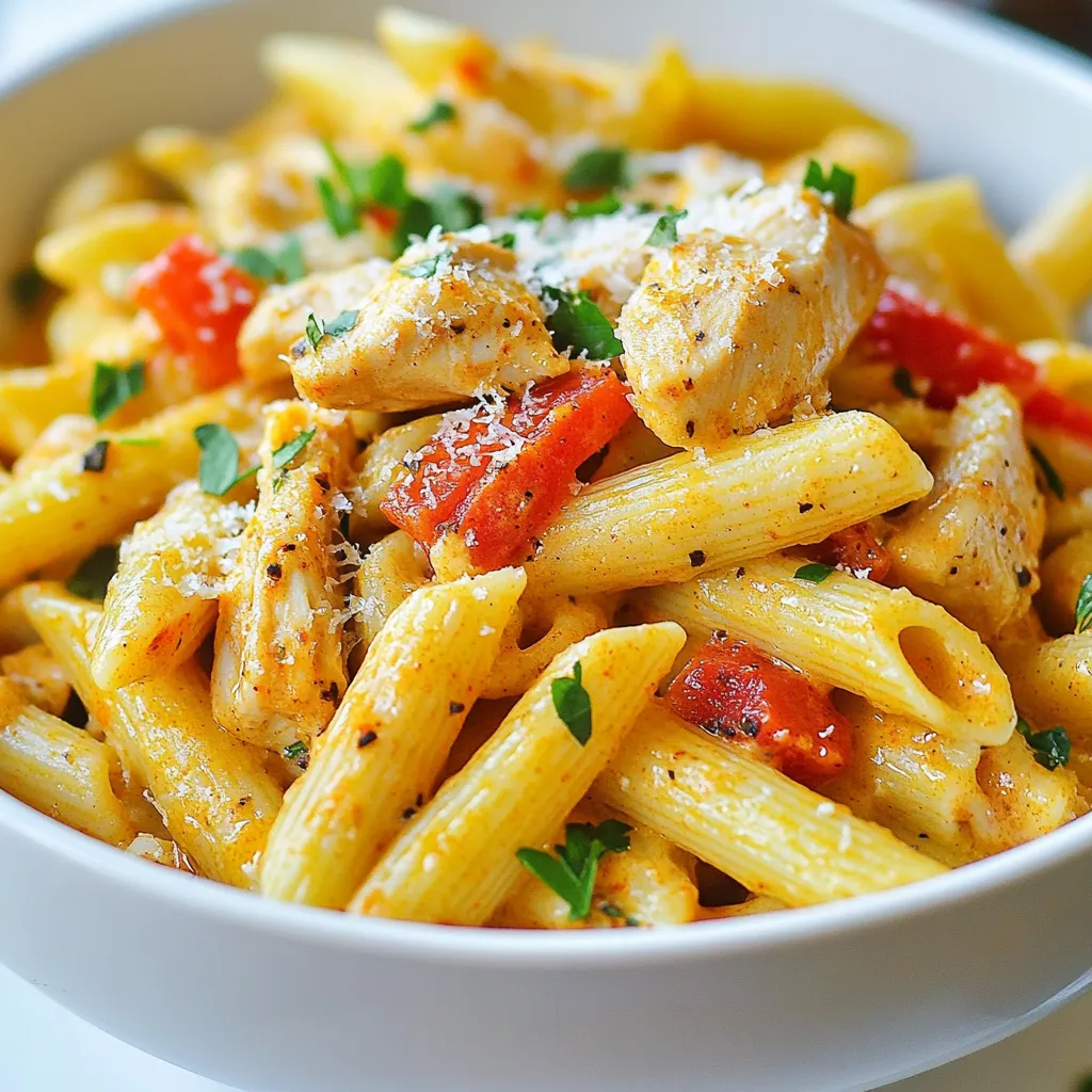- 12 oz penne pasta - 1 lb chicken breast, diced - 1 tablespoon Cajun seasoning - 2 tablespoons olive oil - 1 medium onion, chopped - 3 cloves garlic, minced - 1 red bell pepper, diced - 1 cup heavy cream - 1 cup chicken broth - ½ cup grated Parmesan cheese - Salt and pepper to taste - 2 tablespoons fresh parsley, chopped To create the perfect Creamy Cajun Chicken Penne, you start with these key items. First, penne pasta is your base. It holds the sauce well and provides a great bite. The chicken breast gives protein and texture. You will also need Cajun seasoning for that spicy kick. Next, olive oil is essential for cooking. It helps to brown the chicken and sauté the veggies. Onion and garlic add depth of flavor. The red bell pepper brings sweetness and color to the dish. For the sauce, heavy cream is crucial. It creates that rich, creamy texture. Chicken broth adds depth and flavor. Grated Parmesan cheese makes everything cheesy and delicious. Finally, a touch of salt and pepper brings all the flavors together. Garnish with fresh parsley for a bright finish. Gather these ingredients, and you're on your way to a delightful dinner! {{ingredient_image_1}} To cook penne pasta to al dente, bring a large pot of salted water to a boil. Once boiling, add the penne. Cook it according to the package instructions, usually around 10-12 minutes. You want it firm, not mushy. After cooking, drain the pasta in a colander. Set it aside while you prepare the other ingredients. Start by seasoning the chicken breast. Use one tablespoon of Cajun seasoning, salt, and pepper. Mix it well to coat all sides of the chicken. In a large skillet, heat two tablespoons of olive oil over medium heat. Once hot, add the seasoned chicken. Cook it for about 5-7 minutes until browned and cooked through. Remove the chicken from the skillet and set it aside on a plate. In the same skillet, add the chopped onion, minced garlic, and diced red bell pepper. Sauté the vegetables for about 3-5 minutes. You want them soft and fragrant. Next, pour in one cup of heavy cream and one cup of chicken broth. Stir to combine everything. Bring the mixture to a gentle simmer, letting it heat up. Now it’s time to add all the good stuff! Add the cooked penne pasta back into the skillet. Then, add the cooked chicken and half a cup of grated Parmesan cheese. Toss everything together until the cheese melts and coats the pasta evenly. Taste your dish and adjust the seasonings with more salt and pepper if needed. To finish, remove the skillet from the heat. Stir in two tablespoons of chopped parsley for a nice touch of freshness. For serving, use bowls and garnish with more parsley and a sprinkle of Parmesan cheese on top. This adds a lovely look and extra flavor to your dish! To make your creamy Cajun chicken penne truly rich, use heavy cream. This cream adds a velvety texture and depth of flavor. If you want a lighter version, you can swap it with half-and-half or a mix of Greek yogurt and milk. Both options will still give you a nice creaminess without the full fat. Cajun seasoning can pack a punch. If you want it milder, use less seasoning at first. You can always add more later. For a spicier kick, add cayenne pepper or extra Cajun seasoning. Just sprinkle a little at a time until you reach your desired heat. When making the sauce, I prefer a skillet over a pot. A skillet allows for better heat distribution and helps the sauce thicken nicely. For sautéing vegetables, make sure to cut them evenly. This ensures they cook at the same speed. Start with medium heat, and don’t rush the process. This way, you get sweet, soft veggies that enhance your dish. Pro Tips Tip Title: Use Fresh Ingredients: For the best flavor, use fresh garlic and herbs. Fresh ingredients enhance the taste of your dish significantly. Tip Title: Adjust the Heat: If you prefer more heat, feel free to add extra Cajun seasoning or a pinch of red pepper flakes to the sauce. Tip Title: Perfectly Cooked Chicken: Ensure your chicken is cut into uniform pieces for even cooking. This helps avoid undercooked or overcooked pieces. Tip Title: Creaminess Factor: If you want an extra creamy sauce, consider adding a bit more heavy cream or a splash of cream cheese to the mixture. {{image_2}} You can switch the chicken for shrimp or sausage. Shrimp cooks fast and gives a lovely taste. Sausage adds a nice spice, too. If you want a plant-based option, try using vegetables like chickpeas or lentils. They add texture and a protein boost. If you need gluten-free options, use gluten-free penne pasta. Many brands taste great and cook well. For a vegan twist, swap heavy cream for coconut milk or cashew cream. You can still enjoy a rich flavor without dairy. Want to make it even better? Add veggies like spinach or mushrooms. They boost nutrition and flavor. You can also mix in different cheeses, such as mozzarella or cheddar. Each cheese gives a unique taste to your dish. To store leftovers, let the creamy Cajun chicken penne cool down first. Place it in an airtight container. You can use glass or plastic containers with tight lids. This helps keep the flavors fresh and prevents spills. If you want to freeze this dish, use a freezer-safe container. Make sure to leave some space at the top for expansion. It’s best to freeze it in single servings for easy meal prep later. When you’re ready to eat, thaw it in the fridge overnight. Reheat on the stove over low heat. Add a splash of chicken broth or cream to help restore the creamy texture. You can keep leftovers in the fridge for about 3-4 days. If frozen, they can last for about 2-3 months. Watch for signs that the dish has gone bad. If you see mold or if it smells off, it’s best to throw it away. Always trust your senses when it comes to food safety. Cajun seasoning blends many spices. Here are the common spices used: - Paprika - Garlic powder - Onion powder - Black pepper - Oregano - Thyme - Cayenne pepper These spices give Cajun dishes their bold flavor. You can adjust the mix to suit your taste. Yes, you can make it without cream. Here are some alternatives for a creamy texture: - Use Greek yogurt for a tangy flavor. - Try coconut milk for a dairy-free option. - Blend silken tofu for a smooth consistency. - Use a mix of chicken broth and a thickener like cornstarch. Each option gives a unique taste while keeping the dish creamy. You can serve this dish with various sides. Here are some side dish suggestions: - Garlic bread for a crunchy bite. - Roasted vegetables for added nutrition. - Steamed broccoli for a fresh touch. For salad pairings, consider these options for a complete meal: - Caesar salad for a classic choice. - Mixed greens with a light vinaigrette. - Coleslaw for a crunchy and tangy side. These sides balance the flavors and enhance your meal. This recipe for Creamy Cajun Chicken Penne offers a tasty mix of flavors and textures. We covered the key ingredients, from pasta and chicken to Cajun seasoning. You learned how to create a rich sauce and adjust the spice to your liking. In the end, this dish is easy to modify based on your tastes or dietary needs. Enjoy experimenting with swaps and add-ins. With these tips, you'll impress family and friends with each bite. Get cooking, and have fun!