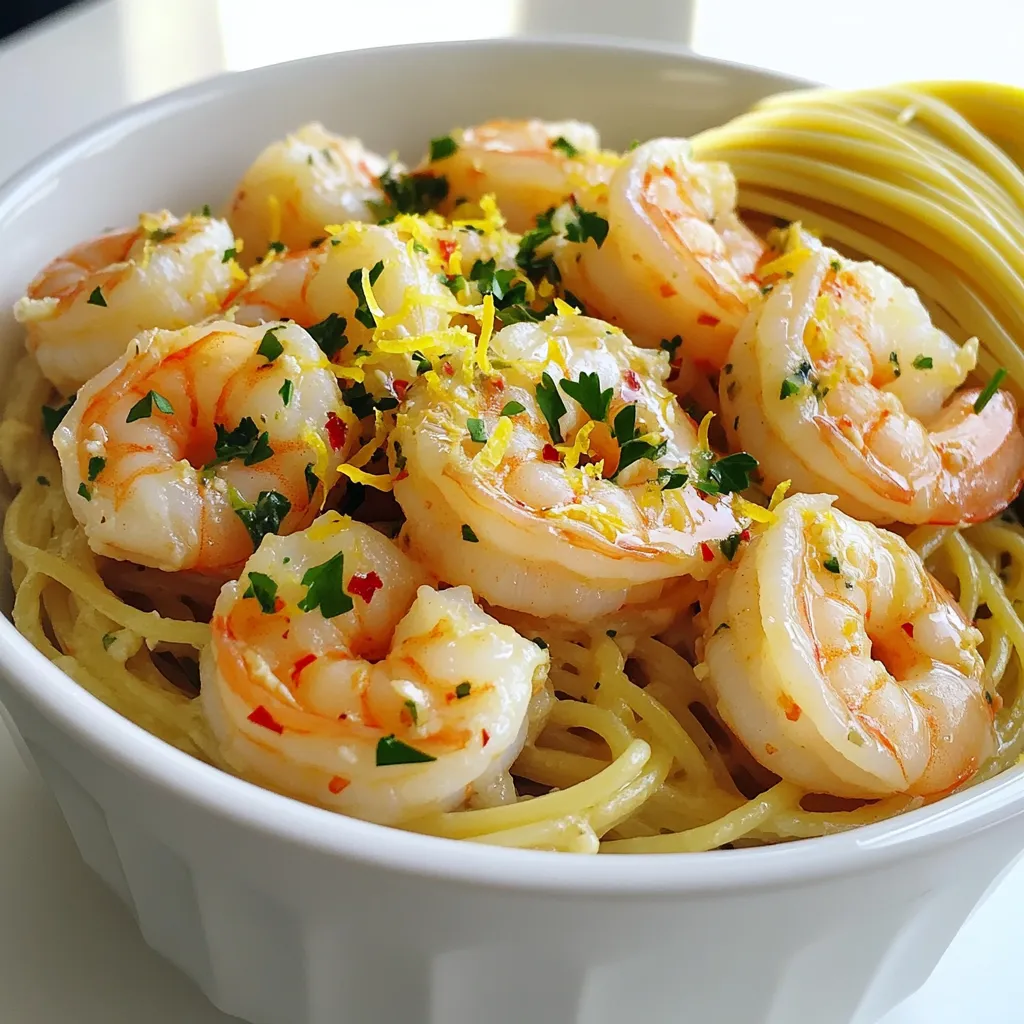 To make Minute Garlic Shrimp Scampi, gather these simple ingredients: - 1 pound large shrimp, peeled and deveined - 4 tablespoons unsalted butter - 4 cloves garlic, minced - 1 tablespoon olive oil - 1 teaspoon red pepper flakes (adjust to taste) - 1 lemon, zested and juiced - ¼ cup fresh parsley, chopped - Salt and pepper to taste - 8 ounces spaghetti or linguine (optional, for serving) You can swap some fresh ingredients if needed. For shrimp, frozen shrimp works great. Just thaw it first. If you lack fresh garlic, use garlic powder. About 1 teaspoon is enough. No fresh parsley? You can use dried parsley, but use less—about 1 tablespoon. For lemon, bottled lemon juice is fine, but fresh juice tastes best. If you want less spice, skip the red pepper flakes or use a dash of paprika instead. Here are some tools to help you make the dish: - A large skillet for sautéing - A pot for boiling pasta (if using) - A sharp knife and cutting board for chopping - A spatula for mixing - Measuring cups and spoons for accuracy These tools will make your cooking smooth and easy. Enjoy the process as you create this tasty dish! First, gather your shrimp and pasta. If you choose to use pasta, cook it according to the package. Make sure to reserve ½ cup of the pasta water before draining. This helps create a nice sauce later. While the pasta cooks, peel and devein the shrimp if needed. Rinse them under cold water and pat them dry. This step helps the shrimp cook evenly. In a large skillet, heat the olive oil and 2 tablespoons of butter over medium heat. Once the butter melts, add the minced garlic and red pepper flakes. Sauté for 1-2 minutes until the garlic smells good. Be careful not to burn it, as burnt garlic tastes bitter. Next, toss in the shrimp, and season with salt and pepper. Cook the shrimp for about 2-3 minutes on each side. They should turn pink and opaque when done. Now, lower the heat and squeeze in the lemon juice and zest. Add the remaining butter and chopped parsley. Stir everything together until the butter melts and blends with the shrimp. If you cooked pasta, add it to the skillet. Use the reserved pasta water to create a light sauce. Toss until everything is mixed well. Taste it and adjust seasoning if needed. Serve the dish hot, and enjoy your lovely Garlic Shrimp Scampi! When picking shrimp, look for ones that are pink and firm. They should have a clean smell, not fishy. Fresh shrimp have a slight sheen and should feel cold to the touch. Buying shrimp that are frozen is also a great option. Just make sure they are properly thawed before cooking. To cook garlic just right, always start with medium heat. Add the minced garlic to the hot butter and oil mix. Sauté it for 1-2 minutes until it smells great. Watch closely! Burnt garlic turns bitter fast. If you’re unsure, take it off the heat early. You can always return it for a moment longer. If you like spice, add more red pepper flakes. Start with a small amount and taste. You can always add more for a kick! Other great ways to enhance flavor are adding lemon zest or fresh herbs. Try fresh basil or chives to switch it up. Experiment with these options to find your perfect balance. {{image_2}} To make a creamy garlic shrimp scampi, add heavy cream. Start by adding ½ cup of cream to the pan after you add the lemon juice and zest. This will create a rich sauce. Stir well to blend it in. This adds a nice, smooth texture and taste to the dish, making it even more satisfying. You can boost nutrition by adding vegetables. Some great choices include spinach, cherry tomatoes, or bell peppers. Add these to the skillet when you cook the garlic. They will soften but still keep their color. This also adds a pop of color to your dish, making it more appealing. For a gluten-free option, skip the pasta. Instead, serve the shrimp over zucchini noodles or cauliflower rice. Both options are low in carbs and full of flavor. If you want to keep it low-carb, just focus on the shrimp and sauce. You will still enjoy a tasty meal without the extra carbs. To keep your garlic shrimp scampi fresh, store leftovers in an airtight container. This helps to lock in flavor and moisture. Place the container in the fridge. Make sure to consume the shrimp within two days for the best taste. When reheating, avoid the microwave if you can. Use a skillet over low heat instead. This method warms the shrimp gently, keeping them tender. Add a splash of lemon juice or a bit of butter to keep the flavor bright. Stir often to avoid sticking. If you want to freeze your shrimp scampi, it’s best to do it before adding pasta. Place the shrimp and sauce in a freezer-safe bag. Remove as much air as possible before sealing. When ready to eat, thaw in the fridge overnight. Heat gently in a skillet to enjoy. Shrimp cook quickly. In total, it takes about 5 to 6 minutes. When you heat shrimp in a hot skillet, they turn pink and opaque. This shows they are done. If you overcook them, they can get tough. So, keep an eye on them as they cook. Yes, you can! Garlic Shrimp Scampi tastes great on its own. If you skip the pasta, serve it with rice or on a bed of veggies. You can even add it to salads for a fresh twist. The flavors of garlic, lemon, and shrimp shine through. There are many options to enjoy with Garlic Shrimp Scampi. Here are a few ideas: - Garlic bread to soak up the sauce - A light salad with mixed greens - Steamed broccoli or asparagus for a healthy side - Rice or quinoa for a hearty meal These sides pair well and make your meal complete. Choose what you like best! This blog post covered the ingredients, steps, tips, variations, and storage for perfect Garlic Shrimp Scampi. You learned how to choose shrimp and cook garlic just right. Adapting the recipe lets you try new flavors and suit any diet. Remember to store leftovers well for great taste later. With this knowledge, you can enjoy a delicious meal anytime. Keep cooking and have fun in the kitchen!