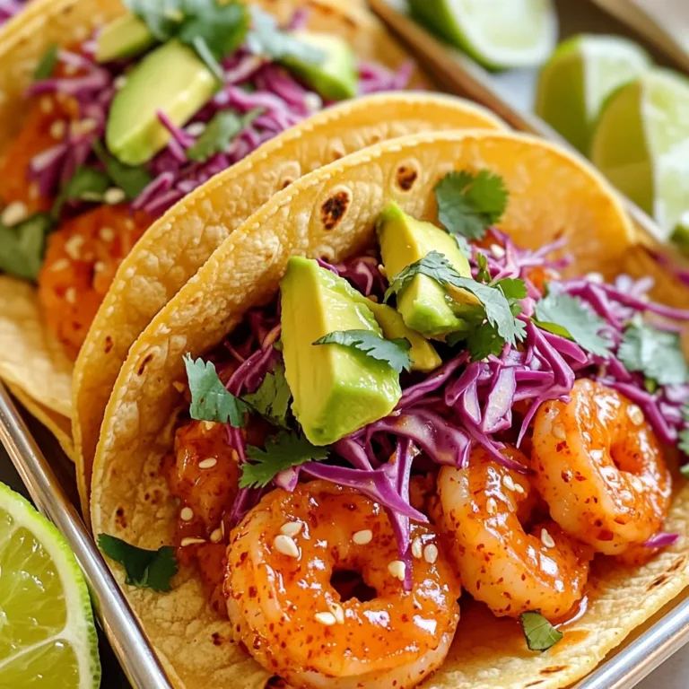 - 1 lb large shrimp, peeled and deveined - 8 small corn tortillas - 1 tablespoon olive oil - 1/4 cup sweet chili sauce - 1 teaspoon lime zest - 2 tablespoons fresh lime juice - 1 teaspoon garlic powder - 1/2 teaspoon ground cumin - 1 cup shredded red cabbage - 1 avocado, sliced - Fresh cilantro leaves for garnish - Lime wedges for serving For these sweet chili shrimp tacos, you need a few key ingredients. First, use large shrimp. They give you a nice bite. Next, grab some corn tortillas. They add texture and flavor. The marinade makes the shrimp shine. You’ll need olive oil to help blend flavors. Sweet chili sauce brings a kick of sweetness. Lime zest and juice add brightness. Garlic powder gives depth, while ground cumin adds warmth. Toppings are where you can get creative. Shredded red cabbage adds crunch. Avocado gives creaminess. Fresh cilantro brightens each bite. Don't forget lime wedges. They add a tangy punch when squeezed on top. Gather these ingredients, and you're ready to start cooking! First, gather your marinade ingredients. In a bowl, mix the sweet chili sauce, lime zest, lime juice, garlic powder, and ground cumin. This mix will give your shrimp a tasty kick. Next, add the shrimp to the bowl. Stir well to coat each shrimp evenly. Let the shrimp marinate for 15 to 20 minutes. This time allows the shrimp to soak up all those great flavors. Now it’s time to cook the shrimp. Heat the olive oil in a skillet over medium-high heat. Once the oil is hot, add the marinated shrimp. Cook the shrimp for about 2-3 minutes on each side. You want them to turn pink and opaque. Keep an eye on them to avoid overcooking, as this can make them tough. While the shrimp cook, warm your corn tortillas. Use a separate skillet on low heat. Flip them until they’re soft and pliable. Once the shrimp are done, it’s time to assemble your tacos. Place a few shrimp in the center of each tortilla. Top with shredded cabbage, avocado slices, and finish with fresh cilantro. Enjoy your flavorful sweet chili shrimp tacos! To get the best flavor and texture, do not overcook the shrimp. When shrimp cook, they turn pink and opaque. If you cook them too long, they become tough. Cook the shrimp for about 2-3 minutes on each side. Keep an eye on them and remove them from the heat as soon as they are done. This way, they will remain juicy and tender. Warming corn tortillas is simple and adds great taste to your tacos. The best way is to use a skillet on low heat. Place the tortillas in the skillet for about 30 seconds on each side. Flip them carefully to avoid tearing. You can also wrap them in a damp paper towel and microwave for about 20 seconds. This method keeps them soft and pliable. Making your tacos look good can make them taste better. Start with a clean plate. Stack the shrimp nicely in the center of each tortilla. Add a generous amount of shredded red cabbage for color. Place a few avocado slices on top for a creamy touch. Finish with fresh cilantro leaves for a pop of green. Serve with lime wedges on the side for an extra zing. This makes for a beautiful taco platter that will impress anyone! {{image_2}} You can switch up the flavor by using different sauces. If you want a spicy kick, try sriracha or chipotle sauce. For a tangy twist, use a mango salsa. You can also mix in some soy sauce for an Asian flair. Each sauce brings its own unique taste to the shrimp. Experimenting with these options can create fun meals. While avocado and cabbage are great, don’t stop there! You can add fresh diced tomatoes for a juicy burst. Crumbled queso fresco gives a creamy texture. Pickled red onions add a nice zing. You might also enjoy some sliced jalapeños for heat. These toppings can help you make a taco that suits your taste. If you want a gluten-free meal, try lettuce wraps instead of corn tortillas. Butter lettuce or romaine works well. They give a nice crunch and hold the shrimp well. Simply place the shrimp and toppings inside the leaves. This option is light and fresh, perfect for those avoiding gluten. To store leftover shrimp, first cool them down. Place the shrimp in an airtight container. You can keep them in the fridge for up to three days. If you want to store them longer, freeze the shrimp. Just put them in a freezer-safe bag. Make sure to remove as much air as possible to prevent freezer burn. When you reheat shrimp, do it gently. You can use a skillet on low heat. This keeps the shrimp moist. Stir them often to heat evenly. If you have leftover tortillas, warm them in a skillet too. This makes them soft and tasty again. You can also use the microwave, but be careful. Heat in short bursts to avoid overcooking. For meal prep, you can marinate shrimp in advance. Just store the shrimp in the marinade in the fridge for a few hours. This adds flavor and saves time. You can also chop veggies like cabbage and avocado ahead of time. Store them in separate containers. This way, you can assemble tacos quickly during the week. You can use several healthy swaps. Choose whole grain tortillas instead of corn. They add fiber and nutrients. Use less sweet chili sauce. You can mix in a little Greek yogurt for creaminess. Add more veggies like bell peppers or radishes. They boost the nutrition and crunch. Using grilled shrimp instead of pan-fried can also cut down on oil. Yes, you can use frozen shrimp. Just make sure to thaw them first. Place them in cold water for about 15 minutes. This keeps them juicy. Frozen shrimp can save time, but fresh shrimp often taste better. If you use frozen, check the package for cooking times. They may need a bit longer to cook. A few tasty sides go well with these tacos. Try a fresh mango salsa. It adds sweetness and brightness. A side of black beans is another great choice. They provide protein and fiber. You can also serve a simple green salad with lime vinaigrette. It complements the flavors of the tacos well. Sweet chili shrimp tacos are easy to make and full of flavor. You can marinate fresh shrimp and cook it quickly. Warm corn tortillas hold all the tasty toppings well. Remember to avoid overcooking shrimp for the best taste. Feel free to explore different sauces and toppings. Store leftovers correctly to enjoy later. With meal prep tips, you can make this dish fast. Enjoy your delicious tacos and share them with friends!