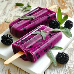 To make Blackberry Sage Lemonade Popsicles, gather these fresh ingredients: - 2 cups fresh blackberries - 1 cup fresh lemonade - 1/4 cup honey or maple syrup - 4 fresh sage leaves - 1 cup water - Juice of 1 lemon These ingredients work together to create a bright, tasty treat. Fresh blackberries give a sweet and tart flavor. The lemonade adds zest, while the sage brings a unique touch. Honey or maple syrup adds sweetness, and the lemon juice enhances the overall taste. You can adjust the sweetness to your liking. If you prefer a sweeter popsicle, add more honey or syrup. For a tarter flavor, squeeze in more lemon juice. The balance of flavors in this recipe makes it fun to experiment. Using fresh, high-quality ingredients is key. Look for ripe blackberries that are deep purple. Fresh sage leaves should be vibrant and fragrant. This ensures your popsicles taste fresh and delicious. Now that you have the ingredients, you’re ready to create a refreshing treat that will keep you cool all summer long! 1. Start by bringing 1 cup of water to a simmer in a small saucepan. 2. Once the water is hot, add 4 finely chopped sage leaves. 3. Let the sage steep for about 5 minutes. This helps the sage flavor blend into the water. 4. After steeping, remove the pan from heat. Strain the sage water into a mixing bowl and discard the sage leaves. 1. In the mixing bowl, combine the sage-infused water with 2 cups of fresh blackberries. 2. Add 1/4 cup of honey or maple syrup for sweetness and 1 cup of fresh lemonade. 3. Squeeze the juice of 1 lemon into the mix for extra tartness. 4. Blend the mixture using an immersion blender or a regular blender until it is smooth. 1. Carefully pour the blackberry lemonade mixture into popsicle molds. Fill them about 3/4 full. This leaves space for expansion. 2. Insert popsicle sticks into the molds. 3. Place the molds in the freezer and let them freeze for 4 to 6 hours or until solid. 4. To release the popsicles, run warm water over the outside of the molds for a few seconds. Gently pull the popsicles out. To make your popsicles sweet, you can use honey or maple syrup. Honey adds a rich flavor, while maple syrup gives a unique twist. Start with 1/4 cup, but feel free to add more if needed. After mixing your ingredients, taste for sweetness. If it’s not sweet enough, squeeze in more lemon juice. This adds brightness and helps balance flavors. To avoid icy popsicles, blend your mixture well. Ice crystals form when there is too much water. Use an immersion blender or a regular blender for a smooth mix. Aim for a creamy texture before pouring into molds. Fill the molds about 3/4 full to allow room for expansion. This helps create the perfect popsicle shape. {{image_2}} You can make these popsicles even more fun by changing the flavors. Here are two great ways: - Substituting other berries: If you want a new taste, try using raspberries, strawberries, or blueberries instead of blackberries. Each berry adds its own flavor and color. This swap can make your popsicles bright and fresh. - Infusing with different herbs: Sage gives a unique taste, but you can try other herbs too. Mint or basil can add a refreshing twist. Just steep the fresh herbs in hot water like you did with the sage. This small change can make a big difference. You can adjust the sweetness in your popsicles with these options: - Using agave syrup: If you want a lighter sweetener, agave is a great choice. It blends well and has a mild flavor. You can switch it for honey or maple syrup in the same amount. - Exploring fruit juice options: Instead of using honey or syrup, you can try fruit juice like orange or pineapple juice. This can add sweetness and a nice fruity taste. Just make sure to adjust the total liquid amount to keep the right texture. To keep your blackberry sage lemonade popsicles fresh, place them in an airtight container. You can also wrap them in plastic wrap for added protection. Ensure they are completely frozen before storing. This prevents them from sticking together. These popsicles can last in the freezer for up to two months. After that, they may lose flavor and texture. When you're ready to enjoy your popsicles, remove them from the freezer. For quick thawing, run warm water over the outside of the molds. This helps to loosen the popsicles. You can also let them sit at room temperature for a few minutes. To serve, place the popsicles on a wooden board. Garnish with fresh blackberries and sprigs of sage for a fun touch. This not only makes them look great but adds extra flavor! Yes, you can use frozen blackberries. They work well in this recipe. Just thaw them slightly before blending. This will help them mix better. Frozen blackberries also keep their flavor and color. Popsicles take about 4 to 6 hours to freeze completely. The time may vary based on your freezer. I suggest checking them after 4 hours. They should be firm and icy. Yes, you can make these popsicles without sage. They will still taste great! If you skip the sage, try adding other herbs or flavors. Mint or basil could be refreshing alternatives. You can create tasty popsicles using fresh blackberries and sage. Start by infusing sage in hot water, then blend it with the blackberries, lemon juice, and sweeteners. Freeze your mixture in molds for a cool treat. Remember to adjust sweetness and try different flavors! In the end, these easy steps help you make a refreshing snack for everyone. Enjoy experimenting with your popsicles and share them with friends. You now have the tools to make a healthy and fun summer treat!