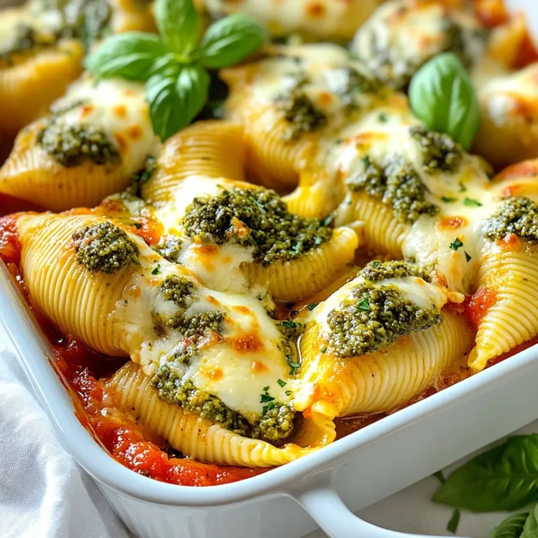 - 20 large pasta shells - 1 cup ricotta cheese - 1 cup shredded mozzarella cheese - 1/2 cup grated Parmesan cheese - 1/2 cup basil pesto - 1 egg, beaten - 1 teaspoon garlic powder - Salt and pepper to taste - 2 cups marinara sauce - Fresh basil leaves for garnish - Extra mozzarella cheese for topping - Spinach or kale for added nutrition - Sun-dried tomatoes for a tangy twist - Italian herbs for extra flavor Each serving contains about: - Calories: 450 - Protein: 25g - Carbohydrates: 45g - Fat: 20g - Fiber: 3g - Sodium: 600mg When I create Pesto Ricotta Stuffed Shells, I love using fresh ingredients. They bring life to the dish. The combination of ricotta, mozzarella, and pesto makes every bite creamy and flavorful. You can also add optional ingredients for extra flair. Spinach boosts nutrition and adds color. Sun-dried tomatoes give a nice zing. Each serving is packed with protein and fiber, making it a great choice for a meal. {{ingredient_image_1}} - Cooking the Pasta Shells Start by boiling water in a large pot. Add the large pasta shells and cook them until they are al dente. This usually takes about 10 to 12 minutes. Once cooked, drain them and let them cool for a few minutes. Be careful not to overcook the shells. They need to hold their shape for stuffing. - Mixing the Filling In a big bowl, add the ricotta cheese, half of the mozzarella cheese, and grated Parmesan cheese. Then, add the basil pesto, beaten egg, garlic powder, salt, and pepper. Mix everything well until it is smooth and creamy. This filling is rich and full of flavor. - Filling the Shells With a spoon, carefully take some of the cheese mixture and fill each cooled pasta shell. Make sure to fill them generously. Place the stuffed shells in a greased baking dish in a single layer. This helps them cook evenly. - Layering with Marinara Sauce Once all the shells are filled, spread the marinara sauce evenly over them. This sauce adds a nice tang and keeps the shells moist. After that, sprinkle the remaining mozzarella cheese on top. You can add a few dollops of extra pesto for more flavor. - Covering and Baking Cover the baking dish tightly with aluminum foil. This keeps the moisture in while baking. Place the dish in a preheated oven at 375°F (190°C) and bake for 20 minutes. This step warms the shells and melts the cheese inside. - Final Broiling Steps After 20 minutes, remove the foil. Bake for another 10 minutes. This allows the cheese to bubble and turn golden brown. Keep an eye on it to avoid burning. When done, let the dish cool for a few minutes before serving. Garnish with fresh basil leaves for a pretty touch. To keep your pasta shells whole, cook them carefully. Boil them just until they are al dente. This means they should be firm but not hard. After cooking, drain and rinse them in cold water. This stops the cooking process. Handle the shells gently as you fill them. Use a spoon or your fingers to avoid cracks. When filling the shells, use a small spoon for control. Start at one end and push the filling in. Do not overfill, as this can cause the shells to burst. Leave a little space for the filling to expand during cooking. Once filled, place them seam side up in the baking dish. This helps keep them intact. Fresh ingredients can make a big difference. Use high-quality ricotta and pesto for best results. Fresh basil leaves add great flavor and color. You can even add fresh spinach or sun-dried tomatoes to the filling. This will enhance the taste and make your dish more vibrant. Always taste your filling before adding it to the shells. Adjust salt and pepper to your liking. Pro Tips Perfect Pasta Cooking: Ensure your pasta shells are cooked al dente for the best texture. They will continue to cook in the oven, so avoid overcooking them initially. Chill Before Filling: Allow the shells to cool slightly after cooking. This makes them easier to handle and reduces the risk of burning your fingers while filling. Homemade Marinara: For an extra flavor boost, consider using homemade marinara sauce instead of store-bought. Fresh ingredients can elevate the dish significantly. Cheese Variations: Feel free to mix and match cheeses! Adding ricotta or even goat cheese can give a unique flavor twist to your stuffed shells. {{image_2}} You can make the pesto ricotta stuffed shells even more yummy. Just add veggies! Spinach, zucchini, or bell peppers work great. Chop them finely and mix them into the filling. They add color, taste, and nutrients. You get a bright dish that’s still cheesy and delicious. If you love meat, try adding ground meat. Brown some beef or sausage in a pan. Drain the fat and mix it with the filling. This adds a hearty touch to your dish. The meat pairs well with the creamy ricotta and pesto. You’ll have a filling meal that satisfies any meat lover. Cheese choices can change the flavor of your stuffed shells. Try using goat cheese for a tangy twist. You can also mix in some fontina or provolone for a different taste. Each cheese brings its own unique flavor to the dish. Don’t be afraid to experiment and find your favorite cheese combo! To store leftover pesto ricotta stuffed shells, let them cool first. Place them in an airtight container. You can keep them in the fridge for up to three days. Make sure the container seals well to keep the flavor fresh. To reheat the stuffed shells, preheat your oven to 350°F (175°C). Place the shells in a baking dish. Add a little marinara sauce on top to keep them moist. Cover the dish with foil to avoid drying out. Bake for about 15 to 20 minutes until heated through. If you want to freeze the stuffed shells, you can do that too! First, let them cool completely. Then, layer them in a freezer-safe dish. Separate layers with parchment paper to avoid sticking. Cover tightly with plastic wrap and foil. They can last in the freezer for up to three months. When ready to cook, thaw them in the fridge overnight before reheating. Yes, you can use store-bought pesto. It saves time and still tastes great. Look for a brand with fresh ingredients. This way, you can focus on other steps. If you have time, try making your own for a fresh taste. Homemade pesto gives you more control over flavors. The stuffed shells are done when the cheese is bubbly and golden. Bake them covered for 20 minutes. Then, remove the foil and bake for another 10 minutes. Keep an eye on the cheese. It should melt and slightly brown. Let them cool for a few minutes before serving. You can serve a simple green salad or garlic bread. A crisp salad adds freshness. Garlic bread brings a warm touch. You might also add roasted vegetables for color and nutrients. Pairing these sides makes the meal more balanced and tasty. In this post, I shared how to make tasty Pesto Ricotta Stuffed Shells. We covered the key ingredients, step-by-step cooking instructions, and smart tips to avoid mistakes. I also discussed fun variations, storage advice, and answered common questions. In the end, this dish is simple and versatile. You can adjust it to fit your taste. Enjoy cooking and creating your own versions!