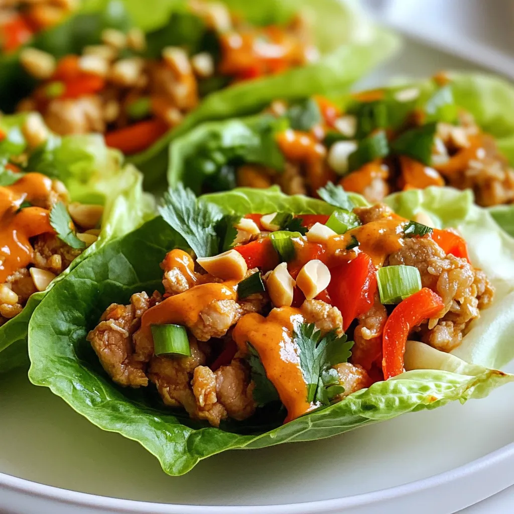 For a tasty Spicy Peanut Chicken Lettuce Cup, you need the following main ingredients: - 1 lb (450g) ground chicken - 2 tablespoons peanut butter - 1 tablespoon soy sauce - 1 tablespoon lime juice - 1 tablespoon sesame oil - 2 cloves garlic, minced - 1 tablespoon fresh ginger, grated - 1 red bell pepper, finely diced - 1/2 cup shredded carrots - 1/4 cup green onions, sliced - 1 tablespoon sriracha (adjust to taste) - 1 head of butter lettuce or romaine lettuce, leaves separated - Salt and pepper to taste These items create a blend of bold and fresh flavors. The ground chicken gives a rich base, while the peanut butter adds creaminess. You can change the recipe based on what you like. Consider these optional ingredients: - Chopped water chestnuts for crunch - Shredded cabbage for extra texture - Diced cucumbers for a cool taste - Other proteins like tofu or beef These additions can enhance flavor and add different textures. Garnishes make your dish pop. Here are some great options: - Crushed peanuts for a nutty crunch - Fresh cilantro for a burst of freshness - Extra sliced green onions for color Using these garnishes makes your Spicy Peanut Chicken Lettuce Cups more appealing. Enjoy the layers of flavor and texture they bring! {{ingredient_image_1}} First, heat sesame oil in a large skillet over medium heat. Add minced garlic and grated ginger. Sauté them for about one minute until they smell great. Next, add ground chicken to the skillet. Use a spatula to break it apart as it cooks. Cook until the chicken turns brown and is fully cooked, which takes 5 to 7 minutes. Once the chicken is ready, stir in peanut butter, soy sauce, lime juice, and sriracha. Cook for another 2 to 3 minutes to blend the flavors. Taste and add salt and pepper if needed. Now, fold in diced red bell pepper and shredded carrots. Cook these for 1 to 2 minutes. You want them to soften a bit while still being crisp. This adds a nice crunch to your dish. Once cooked, remove the skillet from heat and let the mixture cool slightly before serving. Take a leaf from the butter or romaine lettuce and lay it flat. Spoon a generous amount of your spicy peanut chicken mixture into the center of each leaf. The lettuce serves as a great wrap here. Finally, garnish each cup with sliced green onions, crushed peanuts, and fresh cilantro for extra flavor and crunch. Enjoy your meal! To cook ground chicken well, heat your skillet over medium heat. Add sesame oil first. Then, add minced garlic and grated ginger. Sauté those for one minute until they smell great. Next, add the ground chicken. Break it apart with a spatula. Cook until it is browned, about five to seven minutes. This ensures the chicken is fully cooked and safe to eat. If you like it hot, add more sriracha. Start with one tablespoon, then taste. If it’s not spicy enough, you can add more. Not everyone likes heat, so adjust to your taste. You can also reduce sriracha for a milder flavor. Adding more peanut butter can balance the spice too. Use a large skillet for cooking. A spatula helps break apart the chicken easily. A good knife is key for chopping veggies, like bell pepper and carrots. Measure cups and spoons ensure you get the right amount of each ingredient. Lastly, have a cutting board ready for your prep work. These tools make the cooking process smooth and fun! Pro Tips Adjust the Spice Level: Start with a small amount of sriracha and gradually add more to suit your heat preference. Use Fresh Ingredients: Fresh herbs like cilantro and green onions enhance the flavor and freshness of the dish. Let the Mixture Cool: Allowing the chicken mixture to cool slightly before serving helps the flavors to settle and makes for easier handling. Experiment with Toppings: Feel free to add other toppings like diced avocado, shredded cabbage, or a drizzle of lime for extra flavor and texture. {{image_2}} You can easily make this dish gluten-free. Just swap soy sauce for tamari. This keeps the great taste but avoids gluten. If you want a vegan option, you can use ground tofu or tempeh. Make sure to use vegan peanut butter. This will give you a tasty, plant-based version. Want to change the flavor? You can add a pinch of cumin or coriander. These spices add warmth and depth. You might also try adding diced mango or pineapple for a sweet twist. This will bring a fresh flavor to your cups. You can also mix in chopped herbs like mint or basil for a brighter taste. If you want a change from lettuce cups, try using rice paper wraps. They are fun and easy to eat. You can also serve the chicken mix over rice or quinoa in a bowl. Add more veggies on top for a colorful meal. This way, you can enjoy the flavors in different forms. To store leftovers, first let them cool. Place the spicy peanut chicken mixture in an airtight container. Keep it in the fridge for up to three days. For the lettuce cups, store the leaves separately. This keeps them crisp and fresh. When you are ready to eat, take the chicken mixture out. Heat it in a skillet over medium heat. Stir until warm, about five minutes. You can also use a microwave. Heat it in a bowl for 1-2 minutes. Just cover it with a paper towel to avoid splatters. It’s best to eat the prepared cups within 24 hours. The lettuce will lose its crunch after that. For the best taste and texture, enjoy them fresh. You can make the chicken mixture ahead but assemble the cups right before serving. Yes, you can use turkey or tofu. Both options work well in this dish. Turkey gives a similar taste and texture. Tofu adds a nice plant-based twist. Just make sure to crumble the tofu for even cooking. I recommend butter lettuce or romaine. Butter lettuce is soft and holds well. Romaine has a nice crunch. Both types are sturdy enough for filling. Choose what you like best for your meal. You can prep the chicken mix in advance. Cook it, then let it cool. Store it in the fridge for up to two days. When ready to serve, reheat the mix. Assemble the cups just before eating for the best taste. Spicy peanut chicken lettuce cups are a fun and tasty meal. You learned about the key ingredients, how to cook the chicken, and how to put everything together. I shared tips for perfect cooking, customizing to your tastes, and storing leftovers. Now, you can enjoy this dish your way, with many options to explore. Remember, cooking can be simple and enjoyable. Dive in, get creative, and make these cups your own!