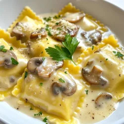 - 2 cups all-purpose flour - 3 large eggs - 1 tablespoon olive oil - 1 teaspoon salt - 1 cup ricotta cheese - 1 cup mushrooms (cremini or button), finely chopped To make the dough for the ravioli, I start with all-purpose flour and salt. I make a well in the center for the eggs and olive oil. This mix creates a smooth dough. I knead it until it feels elastic, then let it rest. For the filling, I use ricotta cheese combined with finely chopped mushrooms. This mix gives a creamy texture and a rich taste. You can use cremini or button mushrooms based on what you like. - 2 cloves garlic, minced - 1 tablespoon fresh thyme, chopped (or 1 teaspoon dried thyme) - Β½ cup grated Parmesan cheese - Salt, pepper, and fresh parsley I add garlic and thyme to the filling for extra flavor. Garlic gives a nice aroma, while thyme adds a fresh touch. After mixing the filling, I season it with salt and pepper to balance the taste. I always sprinkle grated Parmesan on top when serving for a savory finish. - 1 cup heavy cream - Additional salt and pepper For the sauce, I use heavy cream. It creates a rich and smooth base. I heat it in the same pan used for the mushrooms. This way, I capture all the flavors from the filling. After simmering, I adjust the seasoning with salt and pepper. This sauce coats the ravioli perfectly, making each bite creamy. {{ingredient_image_1}} To make the dough, take a large bowl. Add 2 cups of all-purpose flour and 1 teaspoon of salt. Create a well in the center. Pour in 3 large eggs and 1 tablespoon of olive oil. Use a fork to mix. Gradually blend the flour with the eggs. A dough will start to form. Now, transfer the dough to a floured surface. Knead it for about 5-7 minutes. You want the dough to be smooth and elastic. Wrap it in plastic wrap and let it rest for at least 30 minutes. Resting helps the dough relax. In a skillet, heat a splash of olive oil over medium heat. Add 2 minced cloves of garlic and sautΓ© for 1 minute. The garlic will smell great! Next, add 1 cup of finely chopped mushrooms. You can use cremini or button mushrooms. Cook until tender, about 5-7 minutes. Make sure all the liquid evaporates. Remove from heat and let it cool slightly. In a bowl, mix the sautΓ©ed mushrooms with 1 cup of ricotta cheese and Β½ cup of grated Parmesan cheese. Season with salt and pepper to taste. This filling is both creamy and flavorful! After resting, divide the dough into four pieces. Roll out each piece into thin sheets. Aim for about 1/16-inch thick. You can use a pasta machine or a rolling pin for this. On one sheet of pasta, spoon small dollops of the filling about 2 inches apart. Use a brush or your finger to moisten the edges with water. Carefully place another sheet of pasta on top. Seal around each filling with your fingers. This removes air and ensures a tight seal. Cut into squares or circles using a pasta cutter. Bring a large pot of salted water to a gentle boil. Add the ravioli in batches. Cook for 4-5 minutes, or until they float. This means they are ready! Use a slotted spoon to remove them and drain any excess water. In the same skillet used for the mushrooms, pour in 1 cup of heavy cream. Bring it to a simmer. Stir frequently until it thickens slightly. Mix in any remaining mushrooms from earlier. Adjust the seasoning with salt and pepper. Gently add the cooked ravioli to the cream sauce. Toss carefully to coat. This will give the ravioli a rich, creamy flavor! To make great ravioli, use the right flour and egg ratio. I recommend 2 cups of all-purpose flour for every 3 large eggs. This mix creates a smooth dough that rolls well. Youβll know the dough is ready when it feels soft and elastic. Knead it for about 5-7 minutes until it springs back when pressed. You can switch up the filling easily. If you want a different flavor, try using goat cheese instead of ricotta. Mixing in more mushrooms or even spinach adds great taste. Donβt forget to add herbs and spices too! Fresh thyme or a pinch of nutmeg can really brighten up the flavor. Prevent your ravioli from sticking together while cooking. Stir gently when you add them to boiling water. Cook them in small batches for best results. Check for doneness by watching for them to float to the top. This usually takes about 4-5 minutes. Enjoy the process and your delicious meal! Pro Tips Make Ahead: You can prepare the ravioli dough and filling a day in advance. Just keep them covered in the refrigerator to maintain freshness. Use Semolina Flour: For a firmer texture and to prevent sticking, consider using a mix of all-purpose flour and semolina flour when making the pasta dough. Donβt Overcrowd the Pot: When cooking the ravioli, add them in small batches to prevent them from sticking together and ensure even cooking. Enhance the Flavor: For an extra depth of flavor, add a splash of white wine to the cream sauce while it simmers, allowing it to reduce slightly before adding the ravioli. {{image_2}} You can change the filling by adding meat. Chicken or sausage can add a hearty taste. Simply cook chicken or sausage, chop it, and mix it with the mushrooms and cheese. This gives a nice twist to your ravioli. If you prefer a vegan option, use plant-based ingredients. Swap out the ricotta for tofu or a vegan cheese. You can still enjoy the rich flavor of mushrooms. This makes the dish suitable for anyone, no matter their diet. For those who need gluten-free pasta, you can use gluten-free flour. Options like almond flour or rice flour work well. Just be sure to adjust the water in the dough as needed. Gluten-free dough can be sticky, so keep flour nearby. Cooking time may differ for gluten-free pasta. It usually cooks faster than regular pasta. Keep an eye on it while it boils. Once they float, they are ready to eat! Pair this dish with a fresh salad or steamed veggies. A simple green salad with a light vinaigrette works great. It balances the creamy ravioli well. When it comes to drinks, consider a light white wine. A crisp Pinot Grigio or a refreshing Sauvignon Blanc complements the dish. If you want a non-alcoholic option, try sparkling water with a slice of lemon. It adds a nice touch! To store leftover ravioli and sauce, let them cool completely. Place them in airtight containers. This keeps your meal fresh for up to three days. When you're ready to eat, reheating is easy. Just warm them gently in a skillet over low heat. You can also use the microwave, but be careful not to overcook. If you want to freeze uncooked ravioli, lay them out on a baking sheet. Make sure they donβt touch each other. Freeze them for about an hour until they are firm. Then, transfer them to a freezer bag. This way, they last up to three months. To cook frozen ravioli, boil them straight from the freezer. They will take a couple of extra minutes to cook. To keep mushrooms fresh, store them in a paper bag in the fridge. This lets them breathe and avoids moisture build-up. For cheese, wrap it tightly in plastic wrap, then place it in an airtight container. This helps keep its flavor and texture. For pasta dough, wrap it well in plastic wrap. Store it in the fridge for up to two days, or freeze it for later use. Homemade ravioli lasts about 2 to 3 days in the fridge. Keep them in an airtight container. Be sure to place a piece of parchment paper between layers to avoid sticking. If stored properly, they will stay fresh and safe to eat. Yes, you can use store-bought pasta. Fresh or frozen pasta works well. Just remember that cooking times may differ. Check the package instructions for the best results. This option saves time but might not have the same taste as fresh homemade ravioli. If you need a substitute for ricotta cheese, you can use cottage cheese. Blend it until smooth for a similar texture. Cream cheese also works in a pinch but has a richer flavor. You can even try a vegan option, like blended tofu. Serve creamy mushroom ravioli in shallow bowls. Drizzle extra cream sauce on top for that rich flavor. Garnish with fresh parsley for color and taste. You can also sprinkle more Parmesan cheese for added yumminess. Pair this dish with a light salad or garlic bread for a full meal. Making ravioli at home is simple and fun. We covered key ingredients like flour, ricotta, and mushrooms. I shared steps for preparing dough, filling, and cooking. You can explore tips for perfecting the dough and filling variations. Plus, consider how to store and freeze your ravioli for later. Homemade ravioli provides a delicious meal anytime. With these insights, you can create your own pasta masterpiece. Embrace the joy of cooking and enjoy your tasty creations!