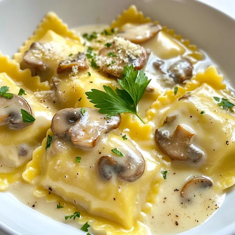 - 2 cups all-purpose flour - 3 large eggs - 1 tablespoon olive oil - 1 teaspoon salt - 1 cup ricotta cheese - 1 cup mushrooms (cremini or button), finely chopped To make the dough for the ravioli, I start with all-purpose flour and salt. I make a well in the center for the eggs and olive oil. This mix creates a smooth dough. I knead it until it feels elastic, then let it rest. For the filling, I use ricotta cheese combined with finely chopped mushrooms. This mix gives a creamy texture and a rich taste. You can use cremini or button mushrooms based on what you like. - 2 cloves garlic, minced - 1 tablespoon fresh thyme, chopped (or 1 teaspoon dried thyme) - Β½ cup grated Parmesan cheese - Salt, pepper, and fresh parsley I add garlic and thyme to the filling for extra flavor. Garlic gives a nice aroma, while thyme adds a fresh touch. After mixing the filling, I season it with salt and pepper to balance the taste. I always sprinkle grated Parmesan on top when serving for a savory finish. - 1 cup heavy cream - Additional salt and pepper For the sauce, I use heavy cream. It creates a rich and smooth base. I heat it in the same pan used for the mushrooms. This way, I capture all the flavors from the filling. After simmering, I adjust the seasoning with salt and pepper. This sauce coats the ravioli perfectly, making each bite creamy. {{ingredient_image_1}} To make the dough, take a large bowl. Add 2 cups of all-purpose flour and 1 teaspoon of salt. Create a well in the center. Pour in 3 large eggs and 1 tablespoon of olive oil. Use a fork to mix. Gradually blend the flour with the eggs. A dough will start to form. Now, transfer the dough to a floured surface. Knead it for about 5-7 minutes. You want the dough to be smooth and elastic. Wrap it in plastic wrap and let it rest for at least 30 minutes. Resting helps the dough relax. In a skillet, heat a splash of olive oil over medium heat. Add 2 minced cloves of garlic and sautΓ© for 1 minute. The garlic will smell great! Next, add 1 cup of finely chopped mushrooms. You can use cremini or button mushrooms. Cook until tender, about 5-7 minutes. Make sure all the liquid evaporates. Remove from heat and let it cool slightly. In a bowl, mix the sautΓ©ed mushrooms with 1 cup of ricotta cheese and Β½ cup of grated Parmesan cheese. Season with salt and pepper to taste. This filling is both creamy and flavorful! After resting, divide the dough into four pieces. Roll out each piece into thin sheets. Aim for about 1/16-inch thick. You can use a pasta machine or a rolling pin for this. On one sheet of pasta, spoon small dollops of the filling about 2 inches apart. Use a brush or your finger to moisten the edges with water. Carefully place another sheet of pasta on top. Seal around each filling with your fingers. This removes air and ensures a tight seal. Cut into squares or circles using a pasta cutter. Bring a large pot of salted water to a gentle boil. Add the ravioli in batches. Cook for 4-5 minutes, or until they float. This means they are ready! Use a slotted spoon to remove them and drain any excess water. In the same skillet used for the mushrooms, pour in 1 cup of heavy cream. Bring it to a simmer. Stir frequently until it thickens slightly. Mix in any remaining mushrooms from earlier. Adjust the seasoning with salt and pepper. Gently add the cooked ravioli to the cream sauce. Toss carefully to coat. This will give the ravioli a rich, creamy flavor! To make great ravioli, use the right flour and egg ratio. I recommend 2 cups of all-purpose flour for every 3 large eggs. This mix creates a smooth dough that rolls well. Youβll know the dough is ready when it feels soft and elastic. Knead it for about 5-7 minutes until it springs back when pressed. You can switch up the filling easily. If you want a different flavor, try using goat cheese instead of ricotta. Mixing in more mushrooms or even spinach adds great taste. Donβt forget to add herbs and spices too! Fresh thyme or a pinch of nutmeg can really brighten up the flavor. Prevent your ravioli from sticking together while cooking. Stir gently when you add them to boiling water. Cook them in small batches for best results. Check for doneness by watching for them to float to the top. This usually takes about 4-5 minutes. Enjoy the process and your delicious meal! Pro Tips Make Ahead: You can prepare the ravioli dough and filling a day in advance. Just keep them covered in the refrigerator to maintain freshness. Use Semolina Flour: For a firmer texture and to prevent sticking, consider using a mix of all-purpose flour and semolina flour when making the pasta dough. Donβt Overcrowd the Pot: When cooking the ravioli, add them in small batches to prevent them from sticking together and ensure even cooking. Enhance the Flavor: For an extra depth of flavor, add a splash of white wine to the cream sauce while it simmers, allowing it to reduce slightly before adding the ravioli. {{image_2}} You can change the filling by adding meat. Chicken or sausage can add a hearty taste. Simply cook chicken or sausage, chop it, and mix it with the mushrooms and cheese. This gives a nice twist to your ravioli. If you prefer a vegan option, use plant-based ingredients. Swap out the ricotta for tofu or a vegan cheese. You can still enjoy the rich flavor of mushrooms. This makes the dish suitable for anyone, no matter their diet. For those who need gluten-free pasta, you can use gluten-free flour. Options like almond flour or rice flour work well. Just be sure to adjust the water in the dough as needed. Gluten-free dough can be sticky, so keep flour nearby. Cooking time may differ for gluten-free pasta. It usually cooks faster than regular pasta. Keep an eye on it while it boils. Once they float, they are ready to eat! Pair this dish with a fresh salad or steamed veggies. A simple green salad with a light vinaigrette works great. It balances the creamy ravioli well. When it comes to drinks, consider a light white wine. A crisp Pinot Grigio or a refreshing Sauvignon Blanc complements the dish. If you want a non-alcoholic option, try sparkling water with a slice of lemon. It adds a nice touch! To store leftover ravioli and sauce, let them cool completely. Place them in airtight containers. This keeps your meal fresh for up to three days. When you're ready to eat, reheating is easy. Just warm them gently in a skillet over low heat. You can also use the microwave, but be careful not to overcook. If you want to freeze uncooked ravioli, lay them out on a baking sheet. Make sure they donβt touch each other. Freeze them for about an hour until they are firm. Then, transfer them to a freezer bag. This way, they last up to three months. To cook frozen ravioli, boil them straight from the freezer. They will take a couple of extra minutes to cook. To keep mushrooms fresh, store them in a paper bag in the fridge. This lets them breathe and avoids moisture build-up. For cheese, wrap it tightly in plastic wrap, then place it in an airtight container. This helps keep its flavor and texture. For pasta dough, wrap it well in plastic wrap. Store it in the fridge for up to two days, or freeze it for later use. Homemade ravioli lasts about 2 to 3 days in the fridge. Keep them in an airtight container. Be sure to place a piece of parchment paper between layers to avoid sticking. If stored properly, they will stay fresh and safe to eat. Yes, you can use store-bought pasta. Fresh or frozen pasta works well. Just remember that cooking times may differ. Check the package instructions for the best results. This option saves time but might not have the same taste as fresh homemade ravioli. If you need a substitute for ricotta cheese, you can use cottage cheese. Blend it until smooth for a similar texture. Cream cheese also works in a pinch but has a richer flavor. You can even try a vegan option, like blended tofu. Serve creamy mushroom ravioli in shallow bowls. Drizzle extra cream sauce on top for that rich flavor. Garnish with fresh parsley for color and taste. You can also sprinkle more Parmesan cheese for added yumminess. Pair this dish with a light salad or garlic bread for a full meal. Making ravioli at home is simple and fun. We covered key ingredients like flour, ricotta, and mushrooms. I shared steps for preparing dough, filling, and cooking. You can explore tips for perfecting the dough and filling variations. Plus, consider how to store and freeze your ravioli for later. Homemade ravioli provides a delicious meal anytime. With these insights, you can create your own pasta masterpiece. Embrace the joy of cooking and enjoy your tasty creations!