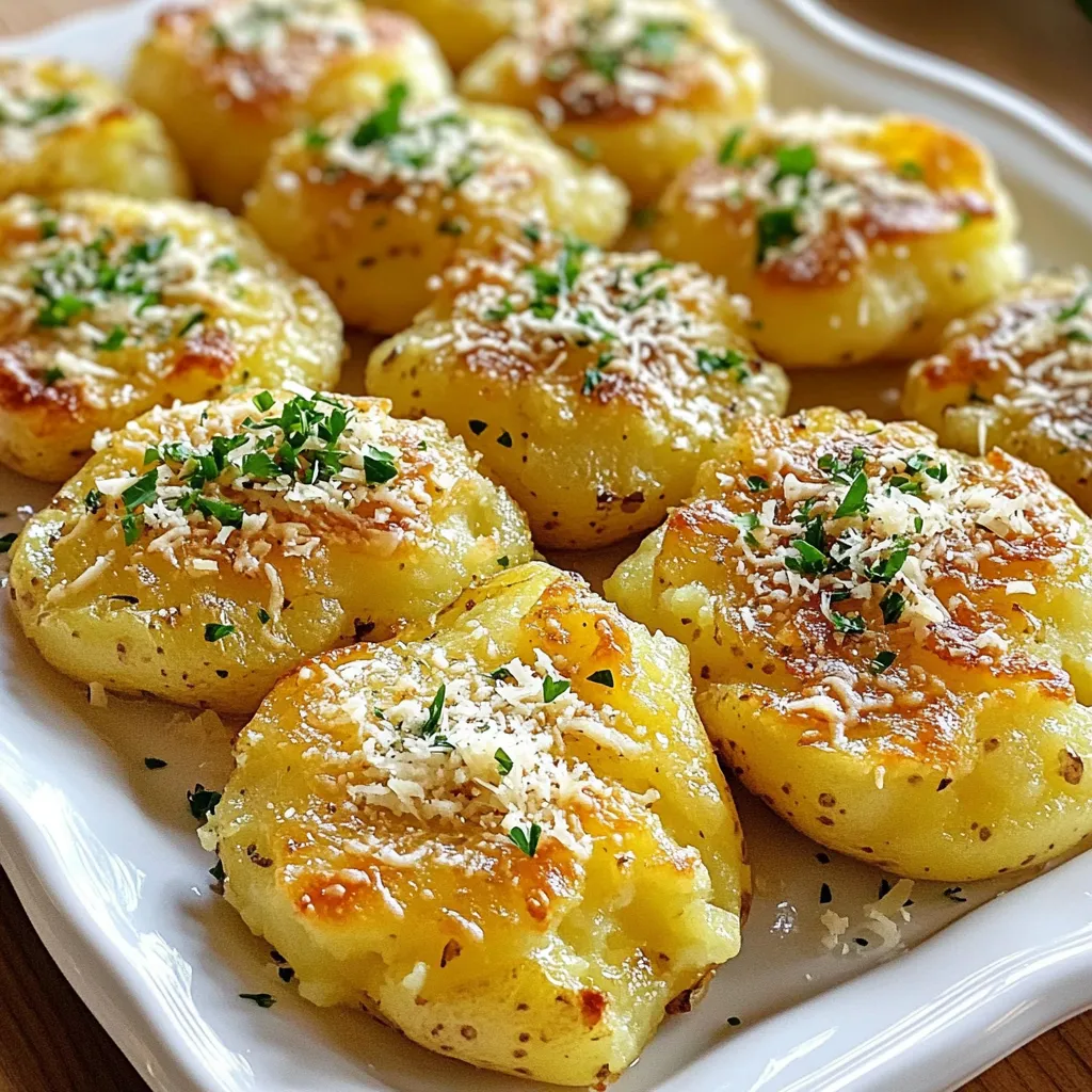 - 1.5 lbs baby Yukon Gold potatoes - 4 cloves garlic, minced - 1/2 cup grated Parmesan cheese - 1/4 cup olive oil - 1/4 cup heavy cream - Salt and pepper to taste - Fresh parsley, chopped - Optional: additional cheese When I think about comfort food, garlic Parmesan smashed potatoes always come to mind. These potatoes are rich, creamy, and packed with flavor. You can make them with just a few simple items. Baby Yukon Gold potatoes are perfect for this dish. They are soft and buttery. The garlic adds a nice kick, and the Parmesan cheese gives a tasty, cheesy finish. You also need olive oil, heavy cream, and salt and pepper. The olive oil helps create a crispy outside. The heavy cream makes the potatoes smooth and rich. Salt and pepper bring out the flavors of each ingredient. For a pretty finish, you can add fresh parsley on top. If you're feeling cheesy, sprinkle on more Parmesan before serving. This dish not only tastes great, but it also looks beautiful on a plate. You can serve it as a side or a main dish. 1. Boiling the potatoes: Start by placing 1.5 lbs of baby Yukon Gold potatoes in a large pot. Cover them with water and add a pinch of salt. Bring the water to a boil. Cook the potatoes until they are fork-tender, which takes about 15 to 20 minutes. 2. Draining and cooling: Once the potatoes are cooked, carefully drain them in a colander. Let them cool for a few minutes. This helps you handle them easily later. 1. Preheating the oven: While the potatoes cool, preheat your oven to 425°F (220°C). This temperature gives the potatoes a nice, crispy edge. 2. Mixing the garlic-Parmesan mixture: In a small bowl, combine 4 minced garlic cloves, 1/4 cup of olive oil, 1/4 cup of heavy cream, and 1/2 cup of grated Parmesan cheese. Add salt and pepper to taste. Mix it well until smooth. 1. Flattening the potatoes: On a lined baking sheet, place the cooled potatoes. Using a fork or potato masher, gently smash each potato. You want them slightly flattened but still intact. 2. Coating with the mixture: Drizzle or brush the garlic-Parmesan mixture over each smashed potato. Make sure they are well coated for maximum flavor. 1. Baking time and temperature: Place the baking sheet in the preheated oven. Bake the potatoes for 20 to 25 minutes. Look for crispy, golden edges as a sign they are ready. 2. Adding cheese before serving: In the last 5 minutes of baking, sprinkle any remaining Parmesan cheese on top of the potatoes. This adds an extra cheesy and delicious layer. Now you have a wonderful dish of Garlic Parmesan Smashed Potatoes ready to impress! Enjoy your cooking! To make the best smashed potatoes, start with baby Yukon Gold potatoes. They have a creamy texture that shines when cooked. Their natural buttery taste pairs perfectly with garlic and Parmesan. You can also try red potatoes if you prefer a different flavor. Achieving crispy edges is key. After smashing the potatoes, brush them with the garlic-Parmesan mixture. Bake them at 425°F (220°C). The high heat helps crisp the edges. For extra crunch, sprinkle more Parmesan cheese in the last few minutes of baking. Smashed potatoes are great with many dishes. They pair well with grilled meats, roasted vegetables, or a fresh salad. Consider serving them alongside a juicy steak or a nice piece of salmon for a hearty meal. For presentation, serve the smashed potatoes on a large platter. Drizzle any leftover garlic-Parmesan mixture on top. Finish with fresh parsley for color. This makes the dish look inviting and appetizing. If you need to make this dish gluten-free, you’re in luck. All the ingredients in this recipe are naturally gluten-free. Just ensure your Parmesan cheese is gluten-free as well. For dairy-free options, you can swap out the heavy cream with unsweetened almond milk or coconut cream. Use a dairy-free cheese to replace the Parmesan. This keeps the flavor while making it suitable for those who avoid dairy. {{image_2}} Adding herbs and spices can lift the flavor of your garlic Parmesan smashed potatoes. Consider using fresh rosemary, thyme, or chives. A sprinkle of paprika can bring warmth and color, too. For cheese variations, try mixing in mozzarella or cheddar. Cheese adds a creamy texture and rich taste. You can even use feta or goat cheese for a tangy twist. You can easily incorporate other vegetables into this dish. Chopped spinach or kale adds color and nutrients. Roasted bell peppers also bring a sweet taste. Combining with roasted garlic provides an extra punch of flavor. Roasting garlic mellows its bite and enhances its sweetness. Simply add it to the garlic-Parmesan mixture before brushing it on. For individual servings, use small ramekins or mini cast-iron skillets. This makes each portion feel special. You can also top them with a dollop of sour cream or a sprinkle of bacon bits. Smashed potato bowls are a fun way to serve this dish. Start with a base of smashed potatoes and layer toppings like cheese, sour cream, or chives. This style invites creativity and personal touches. To keep your Garlic Parmesan Smashed Potatoes fresh, store them in an airtight container. Place them in the fridge if you plan to eat them within a few days. This method helps maintain flavor and texture. For longer storage, you can freeze the potatoes. Just make sure they cool completely before freezing. Spread them on a baking sheet to freeze individually, then transfer to a freezer bag. This way, they won’t stick together. When it's time to enjoy your leftovers, the best method is to reheat them in the oven. Preheat your oven to 350°F (175°C) and place the potatoes on a baking sheet. Bake for about 15-20 minutes until they're hot and crispy again. You can also use a microwave for quick reheating, but this may make them softer. If you choose the microwave, heat in short bursts and check often. Garlic Parmesan Smashed Potatoes stay fresh in the fridge for about 3-5 days. If frozen, they can last for about 2-3 months. Always check for signs of spoilage. If the potatoes smell off or have a strange texture, it’s best to toss them. Enjoying them fresh is always the best way! You can prepare the potatoes a day before. Boil and smash them as usual. After smashing, store them in the fridge. On the day you want to serve, brush on the garlic-Parmesan mix and bake. This keeps the flavor fresh. Yes, you can try different cheeses. Cheddar or feta can add a nice twist. Just remember, the flavor will change a bit. Experiment and find your favorite mix! If you lack heavy cream, use whole milk or sour cream instead. Both options work well and keep the potatoes creamy. Adjust the amount based on your desired creaminess. Absolutely! Garlic Parmesan smashed potatoes store well in the fridge. Make a big batch and reheat when you need. They stay tasty for about four days. Yes, you can make it vegan! Substitute olive oil for butter and use a plant-based cream. Nutritional yeast can replace Parmesan cheese. This way, you keep the flavor but make it vegan-friendly. In this article, we explored how to make delicious Garlic Parmesan Smashed Potatoes. We covered the key ingredients, step-by-step cooking instructions, and helpful tips to perfect your dish. You can enhance flavors with spices or different cheeses. Don't forget about presentation and serving options. As you try this dish, remember that experimenting can lead to the best flavors. Enjoy your cooking journey!