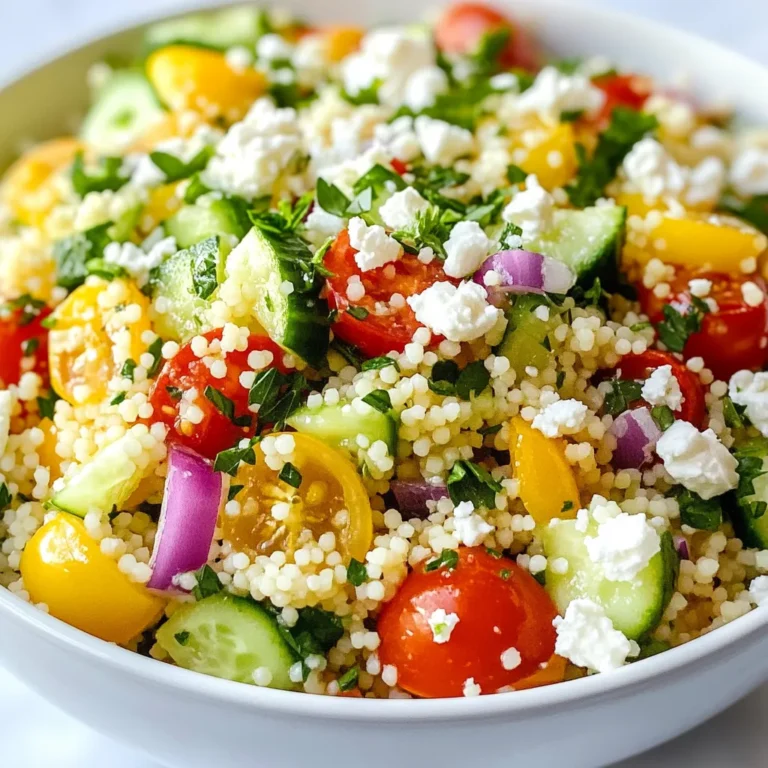 - Couscous and Broth - 1 cup couscous - 1 1/4 cups vegetable broth (or water) - Fresh Vegetables - 1 medium cucumber, diced - 1 cup cherry tomatoes, halved - 1 small red onion, finely chopped - Herbs and Cheese - 1/2 cup fresh parsley, chopped - 1/4 cup fresh mint leaves, chopped - 1/2 cup feta cheese, crumbled (optional) - Dressing Components - Zest and juice of 1 large lemon - 3 tablespoons olive oil - Salt and pepper to taste To start, you need couscous and broth. I like using vegetable broth for extra flavor. It adds a nice depth to the dish. The fresh vegetables bring crunch and color. I use cucumber, cherry tomatoes, and red onion. They all blend well together. Next, the herbs. Fresh parsley and mint brighten the salad. They add a refreshing taste. If you want creaminess, add feta cheese. It’s optional but quite tasty. Finally, for the dressing, you need lemon zest and juice. This gives the salad a zesty kick. Olive oil adds richness. Season with salt and pepper to balance the flavors. Gather these ingredients to make a delightful Lemon Herb Couscous Salad. Enjoy the fresh and vibrant flavors! {{ingredient_image_1}} Cooking the Couscous Start by boiling 1 1/4 cups of vegetable broth or water in a medium saucepan. Once it boils, add 1 cup of couscous. Stir it well, then take the pan off the heat. Cover it and let it sit for 5 minutes. The couscous will absorb all the liquid. Fluff it with a fork and let it cool. Preparing the Vegetables While the couscous cools, chop your veggies. Take a medium cucumber and dice it. Cut 1 cup of cherry tomatoes in half. Finely chop 1 small red onion. In a large bowl, mix the cucumber, tomatoes, and onion. Add 1/2 cup of fresh parsley and 1/4 cup of fresh mint leaves. These herbs give a bright taste. Making the Dressing In a small bowl, zest and juice 1 large lemon. Whisk in 3 tablespoons of olive oil, along with salt and pepper to taste. This dressing adds a fresh and tangy flavor to your salad. Combining Ingredients Once the couscous is cool, add it to the bowl with the veggies. Pour the dressing over everything and mix gently. If you like, fold in 1/2 cup of crumbled feta cheese for extra creaminess. Taste it and adjust the seasoning if needed. Cover the salad and chill it in the fridge for at least 30 minutes. This helps the flavors blend well. How to Fluff Couscous Perfectly To fluff couscous, use a fork. After it sits for five minutes, gently stir. This breaks up clumps and makes it light. Always let it cool before mixing with other ingredients. Best Practices for Vegetable Cutting For even cuts, use a sharp knife. Cut the cucumber and tomatoes into small, bite-sized pieces. A fine chop for the onion adds flavor without being too strong. This helps in blending all flavors nicely. Tips for Making Ahead You can make this salad a day before. Just keep it in the fridge. The flavors get better as they sit. If you add feta, do it right before serving. It stays fresh that way. Presentation Ideas Serve the salad in a large bowl. Add lemon wedges on the side for a pop of color. A drizzle of olive oil just before serving adds shine and flavor. This makes the dish look fancy. Pairing Options This salad goes well with grilled chicken or fish. It also pairs nicely with pita bread or falafel. For a full meal, serve it with a side of hummus. Enjoy the fresh flavors together! Pro Tips Chill for Flavor: Letting the salad sit in the fridge for at least 30 minutes allows the flavors to meld, enhancing the overall taste. Fresh Herbs Matter: Use fresh parsley and mint for the best flavor and aroma; dried herbs won't provide the same freshness. Customizable Add-Ins: Feel free to add ingredients like bell peppers, olives, or chickpeas for extra texture and nutrition. Perfect Cooking Technique: Make sure to fluff the couscous after it cools to prevent clumping and ensure an even distribution in the salad. {{image_2}} Gluten-Free Options If you need a gluten-free choice, use quinoa instead of couscous. Quinoa cooks similarly and adds a nice nutty flavor. Just rinse it well before cooking. Use vegetable broth for the same taste. Vegan Versions To make this salad vegan, skip the feta cheese. You can add avocado for creaminess. Another option is using a sprinkle of nutritional yeast. This gives a cheesy taste without dairy. Adding Protein For extra protein, add chickpeas or grilled chicken. Chickpeas boost fiber and keep the salad filling. If you go for chicken, grill it with lemon zest for flavor. Trying Different Herbs Experiment with herbs to change the taste. Basil or cilantro can add unique notes. Just chop them fine and mix them in with the parsley and mint. This keeps the salad fresh and exciting. To store leftover Lemon Herb Couscous Salad, place it in an airtight container. This keeps the salad fresh. Make sure to seal it well to prevent air from getting in. You can store the salad in the fridge for up to three days. After that, the veggies might lose their crunch. The salad tastes best when you eat it fresh. However, if you have leftovers, they will still be tasty. Just give it a good stir before serving. If you need to add more flavor, a splash of lemon juice can help. Can you freeze couscous salad? I do not recommend freezing it. The texture of the veggies will change. Freezing can make the cucumbers and tomatoes mushy when you thaw them. If you want to save some for later, just store it in the fridge. Enjoy it fresh for the best taste and crunch! Lemon Herb Couscous Salad stays fresh for about three to five days in the fridge. Store it in an airtight container to keep it tasty. The flavors blend well over time, but the veggies are best when fresh. Yes, you can make this salad ahead of time. It’s even better after chilling for a bit. Make it a few hours or a day before your meal. Just keep it in the fridge until you're ready to serve. You can use many herbs in this salad. Basil, cilantro, or dill work great too. Each herb adds a unique flavor, so feel free to mix and match to suit your taste. Couscous is a healthy choice. It is low in fat and high in carbs. Couscous also has some protein and fiber. Pair it with fresh veggies and herbs to boost nutrients. To make more servings, simply double or triple the recipe. Keep the ratios the same. Make sure your bowl is big enough to mix everything well. Adjust the dressing to taste as you increase the amount. This blog post covered the key elements of making a delicious couscous salad. We talked about ingredients like couscous, fresh vegetables, herbs, and a tasty dressing. You learned the step-by-step process, along with helpful tips and serving ideas. Don't forget the many variations and storage options. In conclusion, you now have everything you need to enjoy your own couscous salad. Get creative and have fun with it!