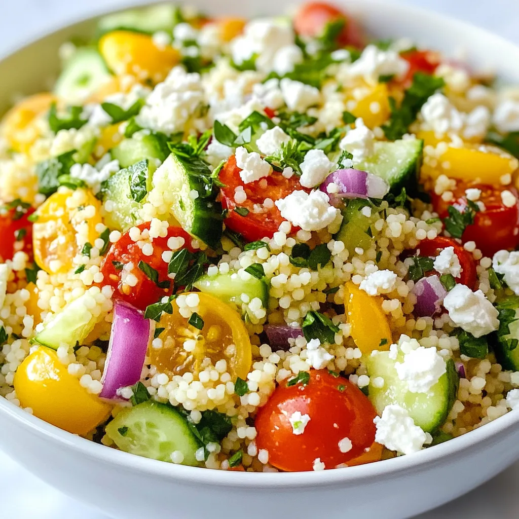 - Couscous and Broth - 1 cup couscous - 1 1/4 cups vegetable broth (or water) - Fresh Vegetables - 1 medium cucumber, diced - 1 cup cherry tomatoes, halved - 1 small red onion, finely chopped - Herbs and Cheese - 1/2 cup fresh parsley, chopped - 1/4 cup fresh mint leaves, chopped - 1/2 cup feta cheese, crumbled (optional) - Dressing Components - Zest and juice of 1 large lemon - 3 tablespoons olive oil - Salt and pepper to taste To start, you need couscous and broth. I like using vegetable broth for extra flavor. It adds a nice depth to the dish. The fresh vegetables bring crunch and color. I use cucumber, cherry tomatoes, and red onion. They all blend well together. Next, the herbs. Fresh parsley and mint brighten the salad. They add a refreshing taste. If you want creaminess, add feta cheese. It’s optional but quite tasty. Finally, for the dressing, you need lemon zest and juice. This gives the salad a zesty kick. Olive oil adds richness. Season with salt and pepper to balance the flavors. Gather these ingredients to make a delightful Lemon Herb Couscous Salad. Enjoy the fresh and vibrant flavors! {{ingredient_image_1}} Cooking the Couscous Start by boiling 1 1/4 cups of vegetable broth or water in a medium saucepan. Once it boils, add 1 cup of couscous. Stir it well, then take the pan off the heat. Cover it and let it sit for 5 minutes. The couscous will absorb all the liquid. Fluff it with a fork and let it cool. Preparing the Vegetables While the couscous cools, chop your veggies. Take a medium cucumber and dice it. Cut 1 cup of cherry tomatoes in half. Finely chop 1 small red onion. In a large bowl, mix the cucumber, tomatoes, and onion. Add 1/2 cup of fresh parsley and 1/4 cup of fresh mint leaves. These herbs give a bright taste. Making the Dressing In a small bowl, zest and juice 1 large lemon. Whisk in 3 tablespoons of olive oil, along with salt and pepper to taste. This dressing adds a fresh and tangy flavor to your salad. Combining Ingredients Once the couscous is cool, add it to the bowl with the veggies. Pour the dressing over everything and mix gently. If you like, fold in 1/2 cup of crumbled feta cheese for extra creaminess. Taste it and adjust the seasoning if needed. Cover the salad and chill it in the fridge for at least 30 minutes. This helps the flavors blend well. How to Fluff Couscous Perfectly To fluff couscous, use a fork. After it sits for five minutes, gently stir. This breaks up clumps and makes it light. Always let it cool before mixing with other ingredients. Best Practices for Vegetable Cutting For even cuts, use a sharp knife. Cut the cucumber and tomatoes into small, bite-sized pieces. A fine chop for the onion adds flavor without being too strong. This helps in blending all flavors nicely. Tips for Making Ahead You can make this salad a day before. Just keep it in the fridge. The flavors get better as they sit. If you add feta, do it right before serving. It stays fresh that way. Presentation Ideas Serve the salad in a large bowl. Add lemon wedges on the side for a pop of color. A drizzle of olive oil just before serving adds shine and flavor. This makes the dish look fancy. Pairing Options This salad goes well with grilled chicken or fish. It also pairs nicely with pita bread or falafel. For a full meal, serve it with a side of hummus. Enjoy the fresh flavors together! Pro Tips Chill for Flavor: Letting the salad sit in the fridge for at least 30 minutes allows the flavors to meld, enhancing the overall taste. Fresh Herbs Matter: Use fresh parsley and mint for the best flavor and aroma; dried herbs won't provide the same freshness. Customizable Add-Ins: Feel free to add ingredients like bell peppers, olives, or chickpeas for extra texture and nutrition. Perfect Cooking Technique: Make sure to fluff the couscous after it cools to prevent clumping and ensure an even distribution in the salad. {{image_2}} Gluten-Free Options If you need a gluten-free choice, use quinoa instead of couscous. Quinoa cooks similarly and adds a nice nutty flavor. Just rinse it well before cooking. Use vegetable broth for the same taste. Vegan Versions To make this salad vegan, skip the feta cheese. You can add avocado for creaminess. Another option is using a sprinkle of nutritional yeast. This gives a cheesy taste without dairy. Adding Protein For extra protein, add chickpeas or grilled chicken. Chickpeas boost fiber and keep the salad filling. If you go for chicken, grill it with lemon zest for flavor. Trying Different Herbs Experiment with herbs to change the taste. Basil or cilantro can add unique notes. Just chop them fine and mix them in with the parsley and mint. This keeps the salad fresh and exciting. To store leftover Lemon Herb Couscous Salad, place it in an airtight container. This keeps the salad fresh. Make sure to seal it well to prevent air from getting in. You can store the salad in the fridge for up to three days. After that, the veggies might lose their crunch. The salad tastes best when you eat it fresh. However, if you have leftovers, they will still be tasty. Just give it a good stir before serving. If you need to add more flavor, a splash of lemon juice can help. Can you freeze couscous salad? I do not recommend freezing it. The texture of the veggies will change. Freezing can make the cucumbers and tomatoes mushy when you thaw them. If you want to save some for later, just store it in the fridge. Enjoy it fresh for the best taste and crunch! Lemon Herb Couscous Salad stays fresh for about three to five days in the fridge. Store it in an airtight container to keep it tasty. The flavors blend well over time, but the veggies are best when fresh. Yes, you can make this salad ahead of time. It’s even better after chilling for a bit. Make it a few hours or a day before your meal. Just keep it in the fridge until you're ready to serve. You can use many herbs in this salad. Basil, cilantro, or dill work great too. Each herb adds a unique flavor, so feel free to mix and match to suit your taste. Couscous is a healthy choice. It is low in fat and high in carbs. Couscous also has some protein and fiber. Pair it with fresh veggies and herbs to boost nutrients. To make more servings, simply double or triple the recipe. Keep the ratios the same. Make sure your bowl is big enough to mix everything well. Adjust the dressing to taste as you increase the amount. This blog post covered the key elements of making a delicious couscous salad. We talked about ingredients like couscous, fresh vegetables, herbs, and a tasty dressing. You learned the step-by-step process, along with helpful tips and serving ideas. Don't forget the many variations and storage options. In conclusion, you now have everything you need to enjoy your own couscous salad. Get creative and have fun with it!