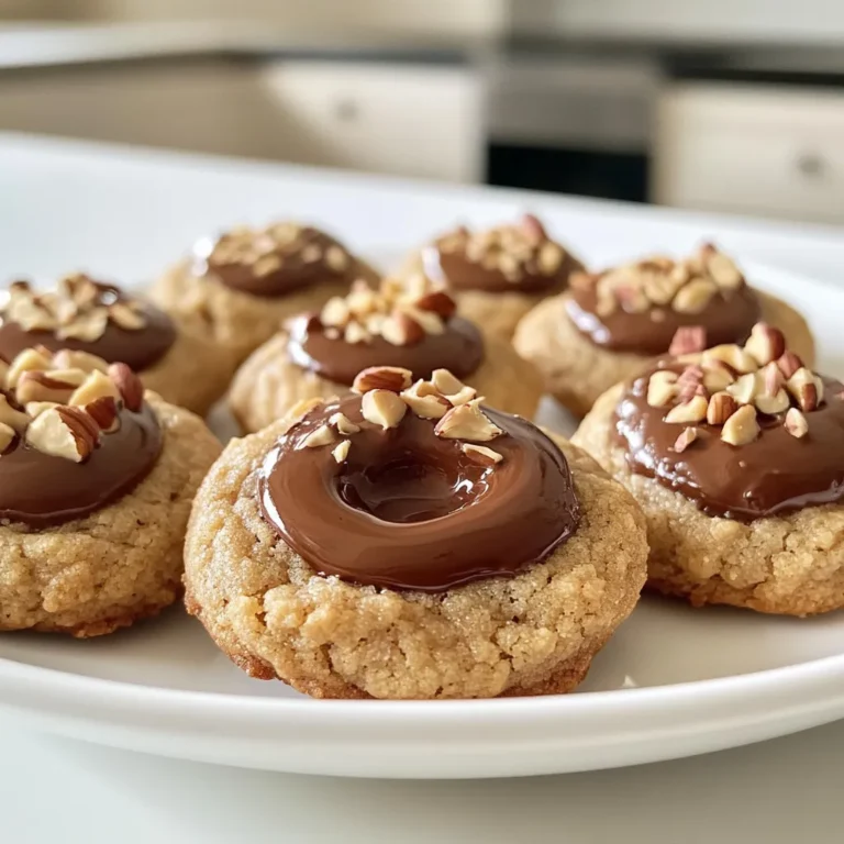 - 1 cup all-purpose flour - 1/2 cup ground hazelnuts - 1/2 teaspoon baking powder - 1/4 teaspoon salt - 1/2 cup unsalted butter, softened - 1/2 cup brown sugar, packed - 1 large egg yolk - 1 teaspoon vanilla extract - 1/2 cup chocolate hazelnut spread (like Nutella) - Chopped hazelnuts for garnish These ingredients come together to create a rich, nutty cookie. The all-purpose flour provides the base. Ground hazelnuts add flavor and texture. Baking powder helps the cookies rise, while salt balances the sweetness. Softened butter and brown sugar give the cookies a chewy texture. The egg yolk adds richness, and vanilla extract enhances the overall taste. Finally, the chocolate hazelnut spread makes the cookies special. - Chopped hazelnuts - Powdered sugar for dusting - Extra chocolate hazelnut spread for dipping Garnishes are a fun way to customize your cookies. Chopped hazelnuts add crunch and a nice visual touch. Dusting with powdered sugar gives a sweet finish. Providing extra chocolate hazelnut spread for dipping makes your treat even more enjoyable. - Mixing bowls - Whisk - Baking sheet - Parchment paper - Spoon or small scoop - Wire rack for cooling Having the right tools helps make cooking easier. Mixing bowls are needed for combining the ingredients. A whisk helps mix dry and wet items well. Lining a baking sheet with parchment paper keeps cookies from sticking. A spoon or small scoop helps shape the dough into balls. A wire rack cools the cookies properly after baking. To start, preheat your oven to 350°F (175°C). This step warms your oven for baking. Next, take a medium bowl and whisk together these dry ingredients: - 1 cup all-purpose flour - 1/2 cup ground hazelnuts - 1/2 teaspoon baking powder - 1/4 teaspoon salt Set this bowl aside. In a large mixing bowl, beat together the softened butter and brown sugar. This mix should feel light and fluffy after about 2-3 minutes. Now, add one large egg yolk and 1 teaspoon of vanilla extract to the butter mix. Stir until it looks well blended. Gradually mix in your dry ingredients. Be careful here; mix just until combined. Overmixing can make the cookies tough. Once your dough is ready, scoop out tablespoon-sized portions. Roll each portion into a ball. Place these dough balls on a baking sheet lined with parchment paper. Space them about 2 inches apart to give them room to spread. Now, create an indentation in the center of each ball using your thumb or the back of a small spoon. This step is key for holding the chocolate hazelnut spread. Fill each thumbprint with about 1 teaspoon of chocolate hazelnut spread. Don’t be shy—this is where the flavor shines! For a crunchy touch, sprinkle chopped hazelnuts around the edges of each thumbprint. This adds texture and looks lovely, too. Now it's time to bake! Place your baking sheet in the preheated oven. Bake the cookies for about 12-15 minutes. Watch for the edges to turn slightly golden. When done, let the cookies cool on the baking sheet for 5 minutes. Then, move them to a wire rack to cool completely. Enjoy the delightful aroma wafting from your kitchen while they cool! To make soft cookies, use room-temperature butter. This helps mix air into the dough. Beat the butter and brown sugar until fluffy. This step adds lightness. Do not skip this part. Mix the dough just until it comes together. Overmixing can make cookies tough. The dough should be slightly sticky but not wet. This keeps the cookies soft. Stop mixing once you don’t see dry flour. For a perfect thumbprint, press gently with your thumb. Make sure not to press too hard. Aim for a deep enough indent to hold the filling. You can also use the back of a small spoon. This gives you control over the shape. Fill each thumbprint with just a teaspoon of chocolate hazelnut spread. Add chopped hazelnuts around the edge for crunch. {{image_2}} If you want a nut-free version, use sunflower seed flour instead of ground hazelnuts. It mimics the texture well. You can also swap the chocolate hazelnut spread for sunbutter. This keeps the flavor rich and creamy. Always check for nut allergies with guests. You can add a dash of cinnamon or espresso powder to the dough. This gives your cookies a warm, rich flavor. You might also try using almond extract instead of vanilla for a twist. Each addition can change the taste and make the cookies even more special. While chocolate hazelnut spread is a classic, you can get creative with fillings! Try fruit jams like raspberry or apricot for a fresh taste. Cream cheese frosting also works great if you want something rich. Each filling brings its own unique flavor to your cookies, making them fun and exciting. To keep your chocolate hazelnut thumbprint cookies fresh, store them in an airtight container. This method keeps them soft and chewy. Place parchment paper between layers to avoid sticking. Keep the container in a cool, dry place. Avoid storing them in the fridge, as this can make them hard. You can freeze these cookies for later enjoyment. First, let the cookies cool completely. Then, place them on a baking sheet in a single layer. Freeze them for about an hour. Once frozen, transfer the cookies to a freezer bag. Remove as much air as possible to prevent freezer burn. They can last up to three months in the freezer. When stored properly, these cookies last for about one week at room temperature. If you freeze them, they can last much longer. Remember to thaw them at room temperature for the best flavor. Enjoy them fresh for the best taste! Yes, you can use other nut flours. Almond flour works well in this recipe. It adds a nice flavor and texture. You can also try pecan or walnut flour. Just remember, each nut has a unique taste. So, be ready for slight changes in flavor. If you are nut-free, consider using sunflower seed flour. It gives a similar texture without nuts. To stop cookies from spreading, chill the dough first. After mixing, wrap it in plastic wrap and place it in the fridge for about 30 minutes. This helps keep the shape during baking. Also, make sure to use enough flour and nut flour. The right balance helps the cookies hold their shape. Lastly, avoid overmixing the dough, as this can make cookies spread more. Yes, you can make these cookies vegan with a few easy swaps. Replace the egg yolk with a flax egg. To make a flax egg, mix one tablespoon of ground flaxseed with three tablespoons of water. Let it sit for five minutes until it thickens. For the butter, use a vegan butter substitute. Use your favorite chocolate hazelnut spread that is dairy-free. These easy swaps keep the cookies tasty and vegan-friendly! This article covered key aspects of cookie making, from ingredients to storage. You learned about the best tools, dough preparation, and baking tips for soft cookies. I also shared variations for flavor and fillings. With proper storage, your cookies can last longer. Remember, experimenting adds fun to baking. Follow these steps to create delicious treats. Enjoy your cookie journey!