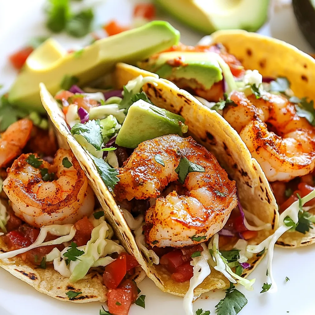 - 1 lb shrimp, peeled and deveined - 2 tablespoons olive oil - 1 tablespoon chipotle chili powder - 1 teaspoon cumin - 2 tablespoons fresh lime juice - Salt and pepper, to taste - 8 small corn tortillas - 1 cup shredded cabbage - 1 avocado, sliced - ½ cup salsa (your choice) - Fresh cilantro, for garnish The main ingredients create a balance of flavors. The shrimp gives protein, while lime juice adds brightness. Chipotle chili powder brings heat. Olive oil keeps the shrimp moist. Cabbage adds crunch, and avocado brings creaminess. Salsa adds freshness. Each bite bursts with flavor. - Additional toppings (e.g., cheese, jalapeños) - Side dish options (e.g., rice, beans) You can add cheese for richness or jalapeños for extra heat. Sides like rice or beans make a complete meal. Feel free to mix and match to suit your taste. {{ingredient_image_1}} To start, put 1 pound of peeled and deveined shrimp in a large bowl. Add 2 tablespoons of olive oil, 1 tablespoon of chipotle chili powder, and 1 teaspoon of cumin. Then, squeeze in 2 tablespoons of fresh lime juice. Make sure to sprinkle in some salt and pepper too. Mix everything well until the shrimp are coated. Letting the shrimp marinate is very important. It helps the flavors soak in. Aim for at least 15 minutes. If you have time, letting it sit for an hour is even better. This step makes your tacos taste amazing. Next, heat a skillet over medium-high heat. Once it is hot, add the shrimp in a single layer. Cook them for about 2-3 minutes on each side. You will know they are done when they turn pink and opaque. Remove them from the heat right away to keep them juicy. Overcooked shrimp can become rubbery, so watch the clock. While the shrimp are cooking, it’s time to warm the corn tortillas. You can do this in a separate pan or microwave them for a few seconds. They should be soft and easy to fold. Now, let’s assemble the tacos! Take a warm tortilla and add a good amount of shredded cabbage. Next, place a few shrimp on top. Finish with slices of avocado and a spoonful of your favorite salsa. Don’t forget to add fresh cilantro as a garnish. It adds a nice touch and extra flavor too. Enjoy your tasty Chipotle Lime Shrimp Tacos! - Cook shrimp at medium-high heat. This keeps them juicy and tender. - To prevent overcooking shrimp, watch them closely. They turn pink when done. - For a great visual, use a wooden board. Add lime wedges and cilantro on top. - Pair the tacos with a side of rice or beans. They balance the meal well. - To adjust spice, add more chipotle chili powder. Start with a little, then taste. - Try different salsas, like mango or pineapple, for a fresh twist. Top with cheese or jalapeños for extra flavor. Pro Tips Use Fresh Shrimp: For the best flavor and texture, opt for fresh shrimp instead of frozen. If using frozen, ensure they are fully thawed and patted dry before marinating. Customize the Spice Level: Adjust the amount of chipotle chili powder based on your heat preference. Start with less if you're sensitive to spice, and add more to taste. Warm Tortillas Properly: For soft and pliable tortillas, wrap them in a damp paper towel and microwave for about 30 seconds, or heat them on a skillet for a few seconds on each side. Add a Fresh Twist: For a burst of flavor, consider adding a sprinkle of queso fresco or a drizzle of sour cream on top of the tacos before serving. {{image_2}} You can switch shrimp for chicken or fish. Both options taste great. If you use chicken, cook it until fully done. Fish cooks fast, so watch it closely. For a vegetarian or vegan twist, try jackfruit or tofu. They soak up flavors well. You can season them like shrimp. This way, everyone can enjoy these tacos. Tortillas come in many types. You can choose wheat or corn. Corn tortillas add a nice flavor. They are traditional for tacos. Wheat tortillas are softer and thicker. If you need gluten-free options, look for corn or special gluten-free tortillas. They work just as well for these tasty tacos. Get creative with your flavors! You can add herbs like cilantro or parsley. Spices like smoked paprika or garlic powder give extra depth. Want something different? Try mixing in Asian flavors. Soy sauce or sesame oil can change the taste. These small changes make each taco unique. Have fun exploring new combinations! To keep your cooked shrimp and tortillas fresh, use airtight containers. Store shrimp in one container and tortillas in another. This helps prevent sogginess. Make sure the shrimp cool down before sealing them. For best taste, eat leftovers within two days. To reheat shrimp, use a skillet over medium heat. Heat the shrimp for about 2 minutes. This keeps them juicy. For tortillas, warm them in a dry pan or microwave. Heat just until soft, about 30 seconds. This way, they stay soft and tasty. You can freeze shrimp tacos if you want to save some for later. Place the cooled shrimp in a freezer bag. Remove air before sealing. Wrap tortillas in foil and place them in the bag too. When ready to eat, thaw shrimp overnight in the fridge. Reheat and warm tortillas just like before. Enjoy your tacos as if they were fresh! To add more heat, you can increase the chipotle chili powder. Try adding an extra half tablespoon. You can also mix in diced jalapeños or hot sauce to the shrimp. These options will give your tacos a nice kick. If you want a smoky flavor, consider adding smoked paprika. Yes, you can use frozen shrimp. First, place them in a bowl of cold water for about 10 to 15 minutes. This helps thaw them quickly. You can also run them under cold water in a colander. Once thawed, pat them dry before marinating. This will help the shrimp absorb the flavors better. For a complete meal, serve your tacos with simple sides. Consider black beans or Mexican rice for protein. You can add a fresh corn salad for crunch. Guacamole or tortilla chips with salsa also make great choices. These sides will complement your tacos well! You’ve learned how to create tasty Chipotle Lime Shrimp Tacos. We covered the best ingredients, simple cooking steps, and extra tips to enhance flavor. Whether you want to customize your tacos or store leftovers, you have the tools to make it work. Enjoy experimenting with flavors and making this dish your own. With just a few changes, your shrimp tacos can shine at any meal. Happy cooking!