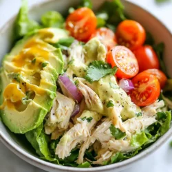 To make a tasty creamy avocado chicken salad, you need the following key items: - 2 cups cooked chicken, shredded - 1 ripe avocado, mashed - 1/4 cup Greek yogurt - 1 tablespoon Dijon mustard - 1 tablespoon lime juice - 1/4 cup red onion, finely chopped - 1/2 cup cherry tomatoes, halved - 1/4 cup cilantro, chopped - Salt and pepper to taste - 4 cups mixed salad greens These ingredients combine to create a dish that is both creamy and fresh. The avocado gives a rich texture, while the chicken adds protein. You can enhance your salad with these optional ingredients: - Sliced jalapeños for heat - Chopped bell peppers for crunch - Feta cheese for a salty kick - Diced cucumber for extra freshness Adding any of these can elevate your salad's taste and texture. Feel free to mix and match based on your preferences. If you have dietary needs, here are some substitutes: - Use tofu instead of chicken for a vegan option. - Swap Greek yogurt for dairy-free yogurt if lactose intolerant. - Replace lime juice with lemon juice for a different tang. These swaps keep the dish delicious while catering to your needs. Enjoy crafting a salad that fits your diet and tastes great! {{ingredient_image_1}} To start, shred 2 cups of cooked chicken. You can use leftover chicken or rotisserie chicken for ease. If you cook it fresh, let it cool before shredding. This step adds texture and makes the salad hearty. Next, grab a large bowl. In it, combine the shredded chicken, 1 ripe mashed avocado, 1/4 cup Greek yogurt, 1 tablespoon Dijon mustard, and 1 tablespoon lime juice. Mix these until you see a creamy texture. The avocado gives a rich taste, while the yogurt adds a light tang. Now, it's time to add more flavor. Toss in 1/4 cup finely chopped red onion, 1/2 cup halved cherry tomatoes, and 1/4 cup chopped cilantro. Stir gently to mix everything without squishing the tomatoes. Season with salt and pepper to taste. Adjust lime juice and mustard for that perfect zing. For serving, take 4 cups of mixed salad greens. Arrange them on a plate. Then, scoop a generous portion of the creamy avocado chicken salad right on top. For a finishing touch, drizzle a bit more lime juice and add extra cilantro. This makes it fresh and vibrant. Enjoy! To make your creamy avocado chicken salad perfect, choose ripe avocados. A ripe avocado feels slightly soft when you press it gently. Look for ones with a dark green skin. Avoid any with large dark spots or wrinkles. These signs mean the avocado might be overripe. When you cut it open, the flesh should be a bright green. If it's brown, the avocado is no longer fresh. Shredding chicken can be quick and easy. First, let your cooked chicken cool a bit. Use two forks to pull the chicken apart. This method works well for warm or cold chicken. You can also use your hands if you prefer. For even faster shredding, try a stand mixer on low speed. Just make sure to watch it closely. You want it shredded, not mushy. Seasoning is key to a great chicken salad. Salt and pepper are basic, but you can do more. Add lime juice for a fresh zing. It balances the richness of the avocado. If you like a bit of heat, try adding a pinch of cayenne pepper. Fresh herbs like cilantro add a burst of flavor too. Always taste as you go, and adjust to your liking. This way, you create a dish that is truly yours. Pro Tips Use Fresh Ingredients: Always choose ripe avocados and fresh herbs for the best flavor and texture. Customize Your Protein: Feel free to substitute chicken with canned tuna or chickpeas for a different protein source. Make It Ahead: Prepare the salad a few hours in advance and keep it covered in the fridge for flavors to meld. Serve with Toast: This salad pairs wonderfully with toasted whole grain bread or as a filling in wraps. {{image_2}} To kick up the heat, add diced jalapeños or hot sauce. You can start with one tablespoon of hot sauce and adjust to your taste. This adds a fun twist. You’ll enjoy the spicy and creamy blend. Serve it on tortilla chips for a crunchy snack. For a Mediterranean twist, use feta cheese and olives. Swap out the cilantro for fresh dill or parsley. You can add artichoke hearts or roasted red peppers for more flavor. This gives a fresh and tangy taste that pairs well with pita bread. If you want a low-carb version, skip the Greek yogurt. You can use more avocado to keep it creamy. Serve the salad on lettuce wraps instead of bread. This keeps it light and healthy. It fits well into a keto plan while still tasting great. To keep your creamy avocado chicken salad fresh, first, place it in a bowl. Cover the bowl tightly with plastic wrap or a lid. This step helps keep air out and prevents drying. If you have any salad greens left, store them separately to keep them crisp. Use airtight containers for storing your chicken salad. Glass or plastic containers work well. Make sure they have a good seal. This will help protect the flavors and texture. Avoid using metal containers, as they can react with ingredients like lime juice. When stored properly, your creamy avocado chicken salad lasts about 2 to 3 days in the fridge. After this time, the avocado may brown and affect the taste. Always check for freshness before eating leftovers. If you see any discoloration or smell off, it’s best to toss it. Yes, you can use canned chicken. It saves time and is easy to use. Just drain and shred the chicken before mixing it with the other ingredients. Absolutely! This creamy avocado chicken salad works great for meal prep. You can make it ahead of time and store it in the fridge. It stays fresh for a few days. You have many options! Serve it on a bed of greens, in a wrap, or with whole-grain bread. You can also enjoy it with crunchy veggies or tortilla chips for a fun twist. Yes, you can make this salad in advance. Just prepare it a few hours before serving. If you make it a day ahead, add the avocado just before serving to keep it fresh and green. You now have everything needed to make a creamy avocado chicken salad. We discussed key ingredients, easy steps, and ways to personalize the dish. Don’t forget to choose the right avocado and store leftovers correctly. Whether you prefer it spicy or want a low-carb twist, there are endless options. This salad is fun, tasty, and perfect for any meal. Dive in and enjoy your cooking!