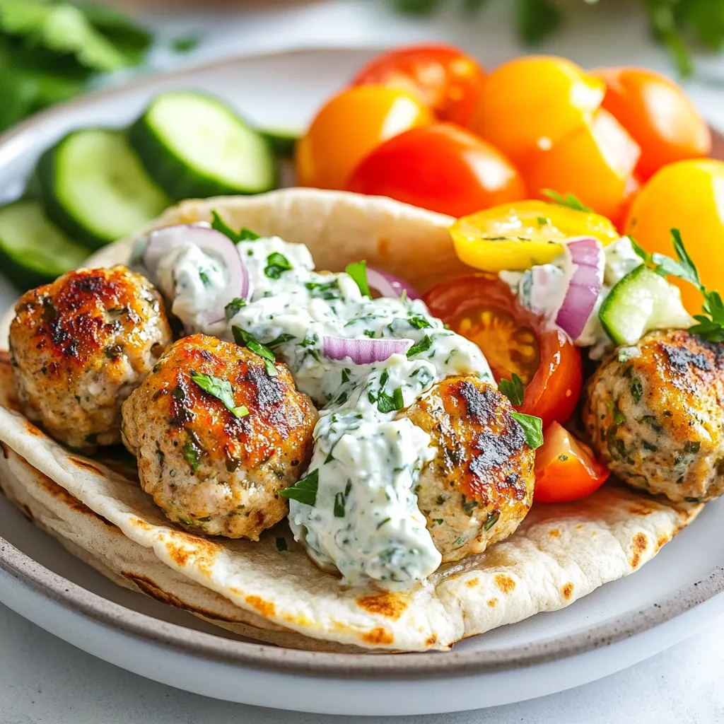 To make Greek chicken meatballs, you need a few key items. Here’s what you will need: - 1 lb ground chicken - 1/2 cup breadcrumbs - 1/4 cup feta cheese, crumbled - 1/4 cup parsley, finely chopped - 1 small onion, finely diced - 2 garlic cloves, minced - 1 teaspoon dried oregano - 1 tablespoon lemon juice - Salt and pepper to taste These ingredients blend well to create juicy, flavorful meatballs. The ground chicken is lean, making it perfect for a healthy meal. Feta cheese adds a creamy texture and tangy flavor. Fresh parsley and oregano bring brightness to every bite. To complete your pitas, you will want some tasty toppings. Here are the essentials: - 4 whole wheat pita breads - 1 cup tzatziki sauce (store-bought or homemade) - 1 cup cucumber, diced - 1 cup cherry tomatoes, halved - 1/4 red onion, thinly sliced The tzatziki sauce is cool and refreshing, perfect for balancing the warm meatballs. Adding diced cucumber and cherry tomatoes gives a nice crunch and sweetness. Red onion adds a bit of sharpness to round out the flavors. You can personalize your Greek chicken meatball pitas with some optional ingredients. Try these if you want: - Olives for a briny kick - Peppers for extra crunch and color - Spinach for added nutrition Feel free to mix and match according to your taste. These options let you create a unique dish every time. Enjoy crafting your own version of Greek chicken meatball pitas! {{ingredient_image_1}} To start, grab a large mixing bowl. Add 1 pound of ground chicken. Then, sprinkle in 1/2 cup of breadcrumbs. Crumble in 1/4 cup of feta cheese. Next, add 1/4 cup of finely chopped parsley. Dice 1 small onion and add it to your bowl. Mince 2 garlic cloves and toss them in as well. Now, add 1 teaspoon of dried oregano and 1 tablespoon of lemon juice. Sprinkle in salt and pepper to taste. Use your hands to mix everything together until it is all well combined. Preheat your oven to 400°F (200°C). While the oven heats, form the mixture into small meatballs, about 1 inch wide. Place the meatballs on a baking sheet lined with parchment paper. Once the oven is ready, bake the meatballs for 20 to 25 minutes. They should be golden brown and cooked all the way through. While the meatballs are baking, heat your pita breads. You can warm them in a skillet or wrap them in foil and place them in the oven for about 5 minutes. Once the meatballs are done, cut each pita in half to make pockets. Fill each pocket with a few meatballs. Then, add a spoonful of tzatziki sauce, diced cucumber, halved cherry tomatoes, and sliced red onion. Serve these tasty pitas warm, and enjoy every bite! To make juicy meatballs, mix the ingredients gently. Over-mixing can lead to tough meatballs. Use a cookie scoop for even sizes. This way, they cook evenly. Bake them on parchment paper for easy cleanup. Make sure your oven is preheated. This helps them brown nicely. Add fresh herbs like parsley for a bright taste. Use good quality feta cheese for creaminess. Lemon juice adds a zesty kick. Don’t skip the garlic; it brings depth. Season well with salt and pepper. Taste the mix before baking. Adjust flavors as needed for your taste. Serve the meatballs in warm pita pockets. Add a generous dollop of tzatziki sauce. Fresh cucumber and cherry tomatoes add crunch. A sprinkle of red onion gives a nice bite. You can pair these pitas with a simple salad. A side of roasted veggies also works well. Pro Tips Use Fresh Ingredients: Fresh herbs and vegetables elevate the flavor of your meatballs and pitas, making them taste more vibrant and delicious. Don’t Overmix: When combining the ingredients for the meatballs, mix just until combined to keep them tender and moist. Customize Your Fillings: Feel free to add other veggies like bell peppers or olives to your pitas for extra flavor and nutrition. Make Ahead: You can prepare the meatballs in advance and store them in the fridge or freezer, then simply bake them when you're ready to serve. {{image_2}} You can switch up the ground chicken in your meatballs. Try ground turkey or lean beef for a different taste. You can also use quinoa or bulgur wheat for a grainy texture. If you want a spicy kick, add red pepper flakes or cayenne pepper. Mixing in diced olives or sun-dried tomatoes can give your meatballs a Mediterranean twist. The pitas are just one way to enjoy these meatballs. You can serve them as a wrap, adding more veggies and sauces. Try making a Greek salad by placing the meatballs on a bed of greens. Top with tzatziki sauce, diced cucumbers, and halved cherry tomatoes for a fresh meal. You can even put the meatballs on skewers for a fun appetizer at your next gathering. For a meat-free option, use lentils or chickpeas in place of chicken. Mash them and mix with breadcrumbs, spices, and herbs. You can add crumbled tofu or tempeh for a protein boost. Make sure to season well, as these options need flavor. For vegan tzatziki, blend cashews with cucumbers, garlic, and lemon juice. This way, everyone can enjoy a tasty meal! To store leftover meatballs, let them cool first. Place them in a clean, airtight container. You can keep them in the fridge for up to three days. Make sure to label the container with the date. This way, you will know when they were made. If you want to save meatballs for later, freezing works well. First, place the cooled meatballs on a baking sheet in a single layer. Freeze them for about an hour until they are solid. After that, transfer them to a freezer bag. Remove as much air as you can. They can last in the freezer for up to three months. When you are ready to eat your meatballs, reheating is easy. You can use the oven or microwave. For the oven, preheat it to 350°F (175°C) and place the meatballs on a baking sheet. Heat for about 15 minutes, or until they are warm. If you use the microwave, place them on a plate and cover them. Heat in short bursts of 30 seconds until they are hot enough. Enjoy your tasty meal! The best way to cook chicken meatballs is to bake them. Baking gives them a nice, golden brown color. Preheat your oven to 400°F (200°C). Place the meatballs on a baking sheet lined with parchment paper. Bake for 20 to 25 minutes. This method cooks them evenly and keeps them juicy. Yes, you can make Greek Chicken Meatballs in advance. Prepare the meatball mixture and form them into balls. Cover them and store in the fridge for up to two days. You can also freeze them for longer storage. When ready to eat, bake directly from frozen or after thawing. Greek Chicken Meatball Pitas pair well with fresh sides. Consider serving them with: - Tzatziki sauce for dipping - A Greek salad with cucumber, tomatoes, and feta - Roasted vegetables for added flavor - Extra pita bread to scoop up any sauce These sides complement the meatballs and enhance your meal. In this blog post, we explored making Greek chicken meatballs. We covered key ingredients, baking steps, and tips for great flavor. You can customize them with various options and store leftovers easily. Remember, you can swap ingredients for different tastes, too. Enjoy your cooking and create delicious meals you love. These meatballs are sure to impress!