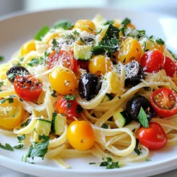 To create this tasty dish, you need these main ingredients: - 12 oz linguine or spaghetti - 1 cup cherry tomatoes, halved - 1 medium zucchini, diced - 1 red bell pepper, diced - 1/2 cup black olives, sliced - 1/4 cup fresh parsley, chopped - 1/4 cup fresh basil, chopped - 3 cloves garlic, minced - 1/4 cup extra-virgin olive oil - Juice and zest of 1 lemon - Salt and pepper to taste These ingredients come together to make a bright, flavorful pasta dish. The fresh veggies bring color and crunch, while the herbs add a lovely aroma. You can boost the taste with these optional ingredients: - Crushed red pepper flakes for heat - Artichoke hearts for extra texture - Sun-dried tomatoes for deep flavor Adding these ingredients can make the dish even more exciting. Just a pinch of red pepper flakes can spice things up! To finish your pasta, consider these garnishes: - Grated Parmesan cheese for richness - Extra lemon zest for brightness - More fresh herbs for added color Garnishing makes the dish look pretty and adds extra taste. A sprinkle of cheese or herbs gives it a restaurant-style finish! {{ingredient_image_1}} First, fill a large pot with water. Add a good amount of salt to it. Bring the water to a boil over high heat. Once it boils, add 12 ounces of linguine or spaghetti. Cook it according to the package directions until it is al dente. This usually takes about 8 to 10 minutes. When done, drain the pasta in a colander. Remember to save half a cup of the pasta water. Set the pasta aside. Next, grab a large skillet and set it over medium heat. Pour in 1/4 cup of extra-virgin olive oil. Once the oil is warm, add 3 minced garlic cloves. Sauté the garlic for about one minute. You want it fragrant but not burnt. Then, toss in 1 medium diced zucchini and 1 diced red bell pepper. Cook these for about 3 to 4 minutes. They should soften a little. Now, add 1 cup of halved cherry tomatoes and 1/2 cup of sliced black olives. Stir and cook for another 3 to 4 minutes until the tomatoes blister. Now, it’s time to bring it all together. Add the drained pasta to the skillet with the veggies. Mix everything well so that the pasta is coated with the oil and veggies. If it looks dry, add some of that reserved pasta water to it. Remove the skillet from the heat. Squeeze the juice of 1 lemon over the pasta. Add the zest of that lemon too. Finally, mix in 1/4 cup of chopped parsley and 1/4 cup of chopped basil. Season with salt and pepper to taste. Serve right away, and sprinkle some grated Parmesan cheese on top if you like. Enjoy your Lemon Herb Mediterranean Pasta! To cook pasta well, use a large pot with plenty of water. Add salt to the water. This enhances the taste. Bring the water to a rolling boil before adding the pasta. For this recipe, cook linguine or spaghetti for about 8-10 minutes. Check the package for exact times. You want the pasta to be al dente, which means it should be firm yet tender. After cooking, drain the pasta, but save half a cup of that pasta water. It will help later! Fresh herbs make this dish shine. I love using parsley and basil. They add bright, fresh notes. If you don’t have them, try using dried herbs. Oregano or thyme works well, too. For a twist, add some dill or mint. Both bring unique flavors. Remember, fresh herbs pack more punch than dried ones. So, use less if you choose dried. You can boost flavors in many ways! Add a pinch of red pepper flakes for heat. A squeeze of lemon juice brightens the dish. You can even toss in more veggies. Spinach or arugula adds great taste and color. For protein, consider grilled chicken or shrimp. They pair well with the pasta. Lastly, don’t skip the cheese! Grated Parmesan on top adds a creamy finish. Enjoy experimenting! Pro Tips Use Fresh Ingredients: Opt for the freshest vegetables and herbs available to enhance the flavor of your pasta dish. Reserve Pasta Water: Always save a bit of pasta water; it can help adjust the sauce's consistency and add extra flavor. Customize Your Veggies: Feel free to swap in your favorite vegetables like spinach or artichokes for a personal touch. Adjust Lemon Flavor: If you prefer a milder lemon flavor, start with half the lemon juice and zest, then adjust to taste. {{image_2}} You can make this dish even more colorful and tasty. Add more veggies like spinach, artichokes, or bell mushrooms. These choices add great flavor and nutrients. You can also swap the linguine for whole wheat or chickpea pasta. This gives a nice twist and extra fiber. If you want more protein, try adding grilled chicken or shrimp. Both options blend well with the lemon and herbs. Tofu is a great plant-based choice. Just sauté it until golden before mixing it in. This will make the dish filling and satisfying. To make this pasta gluten-free, choose gluten-free pasta. You can find many types made from rice or corn. The sauce and veggies will still taste great. Always check labels to ensure all ingredients are gluten-free. Enjoy your meal without worry! To store your Lemon Herb Mediterranean Pasta, let it cool first. Place the pasta in an airtight container. You can keep it in the fridge for up to three days. Make sure you cover the dish well to prevent it from drying out. If you want to keep it fresh longer, consider separating the pasta from the sauce. This helps keep the flavors intact. When you are ready to eat the leftovers, reheating is easy. You can use the stove or microwave. If using the stove, add a splash of water or olive oil to the pan. Heat it over low heat and stir until warm. If you use the microwave, place the pasta in a microwave-safe bowl. Heat it in short bursts, stirring in between. This way, you avoid overheating and keep it tasty. Freezing Lemon Herb Mediterranean Pasta is a great idea for meal prep. Start by letting it cool completely. Then, portion it into freezer-safe bags or containers. Remove as much air as possible to prevent freezer burn. You can store it in the freezer for up to three months. When you're ready to eat, thaw it in the fridge overnight. Reheat as mentioned above for a quick meal. Yes, you can use many types of pasta. I often try penne, farfalle, or rigatoni. These shapes hold sauce well. Whole wheat or gluten-free pasta works too. Just remember to cook it as the package says. I like to serve this dish hot. It looks great on a big white plate. You can sprinkle some extra herbs on top. Add grated Parmesan cheese if you want. Serve it with a lemon wedge for a fresh touch. To make this dish vegan, skip the Parmesan cheese. You can use nutritional yeast for a cheesy flavor. This adds a nice twist without dairy. Also, check the pasta to ensure it's egg-free. I recommend a fresh salad with greens and a light dressing. Garlic bread is a great option too. Roasted vegetables or a simple soup can also complement this pasta well. Choose dishes that balance the bright flavors. This blog post covered all you need to know about making Lemon Herb Mediterranean Pasta. We explored the main and optional ingredients, along with garnishes that boost flavor. I shared simple steps to prepare and cook the dish. You also learned tips for great pasta and delicious alternates, plus storage advice. In the end, this recipe is flexible and fun. You can swap ingredients and adjust for your taste. Enjoy making this dish your own!