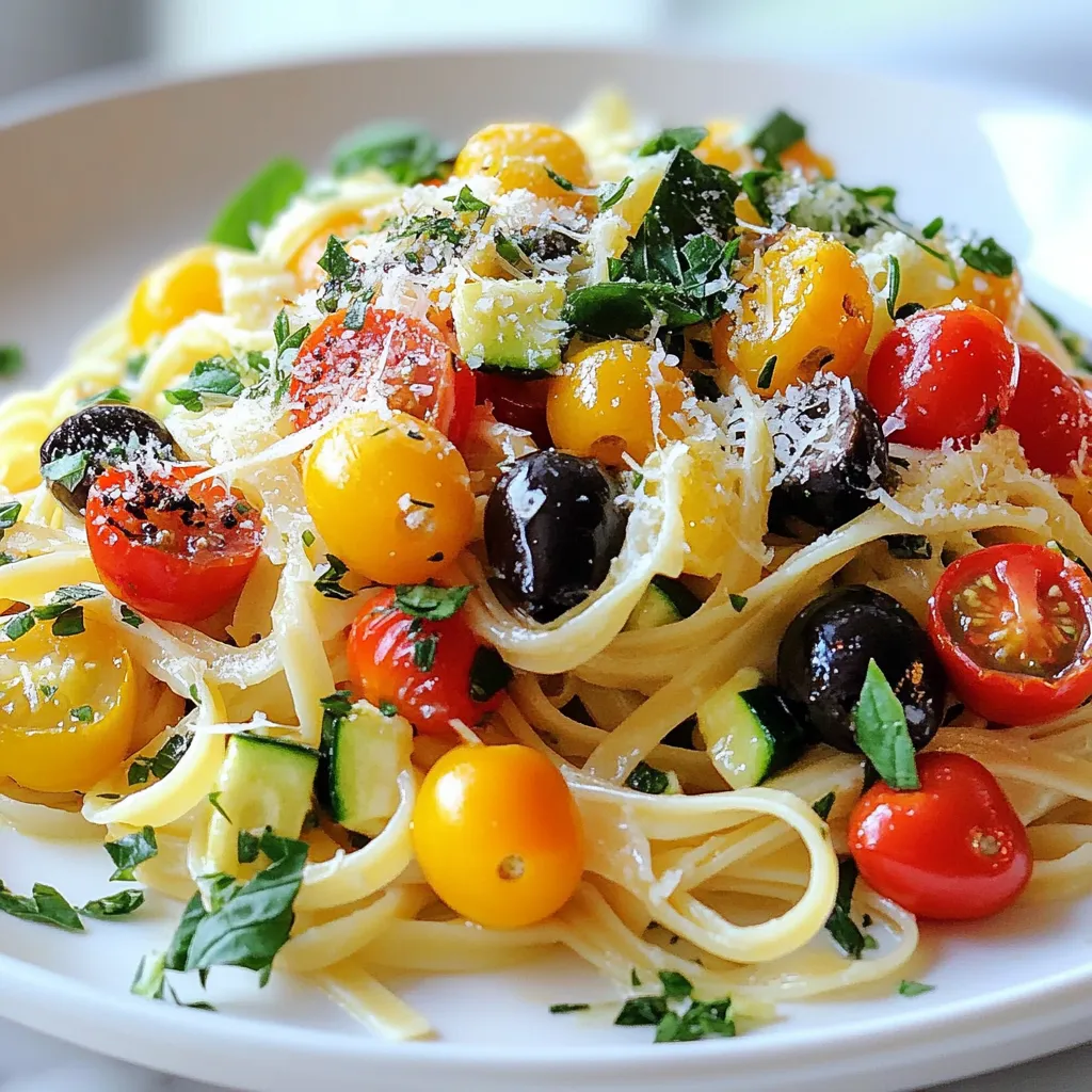 To create this tasty dish, you need these main ingredients: - 12 oz linguine or spaghetti - 1 cup cherry tomatoes, halved - 1 medium zucchini, diced - 1 red bell pepper, diced - 1/2 cup black olives, sliced - 1/4 cup fresh parsley, chopped - 1/4 cup fresh basil, chopped - 3 cloves garlic, minced - 1/4 cup extra-virgin olive oil - Juice and zest of 1 lemon - Salt and pepper to taste These ingredients come together to make a bright, flavorful pasta dish. The fresh veggies bring color and crunch, while the herbs add a lovely aroma. You can boost the taste with these optional ingredients: - Crushed red pepper flakes for heat - Artichoke hearts for extra texture - Sun-dried tomatoes for deep flavor Adding these ingredients can make the dish even more exciting. Just a pinch of red pepper flakes can spice things up! To finish your pasta, consider these garnishes: - Grated Parmesan cheese for richness - Extra lemon zest for brightness - More fresh herbs for added color Garnishing makes the dish look pretty and adds extra taste. A sprinkle of cheese or herbs gives it a restaurant-style finish! {{ingredient_image_1}} First, fill a large pot with water. Add a good amount of salt to it. Bring the water to a boil over high heat. Once it boils, add 12 ounces of linguine or spaghetti. Cook it according to the package directions until it is al dente. This usually takes about 8 to 10 minutes. When done, drain the pasta in a colander. Remember to save half a cup of the pasta water. Set the pasta aside. Next, grab a large skillet and set it over medium heat. Pour in 1/4 cup of extra-virgin olive oil. Once the oil is warm, add 3 minced garlic cloves. Sauté the garlic for about one minute. You want it fragrant but not burnt. Then, toss in 1 medium diced zucchini and 1 diced red bell pepper. Cook these for about 3 to 4 minutes. They should soften a little. Now, add 1 cup of halved cherry tomatoes and 1/2 cup of sliced black olives. Stir and cook for another 3 to 4 minutes until the tomatoes blister. Now, it’s time to bring it all together. Add the drained pasta to the skillet with the veggies. Mix everything well so that the pasta is coated with the oil and veggies. If it looks dry, add some of that reserved pasta water to it. Remove the skillet from the heat. Squeeze the juice of 1 lemon over the pasta. Add the zest of that lemon too. Finally, mix in 1/4 cup of chopped parsley and 1/4 cup of chopped basil. Season with salt and pepper to taste. Serve right away, and sprinkle some grated Parmesan cheese on top if you like. Enjoy your Lemon Herb Mediterranean Pasta! To cook pasta well, use a large pot with plenty of water. Add salt to the water. This enhances the taste. Bring the water to a rolling boil before adding the pasta. For this recipe, cook linguine or spaghetti for about 8-10 minutes. Check the package for exact times. You want the pasta to be al dente, which means it should be firm yet tender. After cooking, drain the pasta, but save half a cup of that pasta water. It will help later! Fresh herbs make this dish shine. I love using parsley and basil. They add bright, fresh notes. If you don’t have them, try using dried herbs. Oregano or thyme works well, too. For a twist, add some dill or mint. Both bring unique flavors. Remember, fresh herbs pack more punch than dried ones. So, use less if you choose dried. You can boost flavors in many ways! Add a pinch of red pepper flakes for heat. A squeeze of lemon juice brightens the dish. You can even toss in more veggies. Spinach or arugula adds great taste and color. For protein, consider grilled chicken or shrimp. They pair well with the pasta. Lastly, don’t skip the cheese! Grated Parmesan on top adds a creamy finish. Enjoy experimenting! Pro Tips Use Fresh Ingredients: Opt for the freshest vegetables and herbs available to enhance the flavor of your pasta dish. Reserve Pasta Water: Always save a bit of pasta water; it can help adjust the sauce's consistency and add extra flavor. Customize Your Veggies: Feel free to swap in your favorite vegetables like spinach or artichokes for a personal touch. Adjust Lemon Flavor: If you prefer a milder lemon flavor, start with half the lemon juice and zest, then adjust to taste. {{image_2}} You can make this dish even more colorful and tasty. Add more veggies like spinach, artichokes, or bell mushrooms. These choices add great flavor and nutrients. You can also swap the linguine for whole wheat or chickpea pasta. This gives a nice twist and extra fiber. If you want more protein, try adding grilled chicken or shrimp. Both options blend well with the lemon and herbs. Tofu is a great plant-based choice. Just sauté it until golden before mixing it in. This will make the dish filling and satisfying. To make this pasta gluten-free, choose gluten-free pasta. You can find many types made from rice or corn. The sauce and veggies will still taste great. Always check labels to ensure all ingredients are gluten-free. Enjoy your meal without worry! To store your Lemon Herb Mediterranean Pasta, let it cool first. Place the pasta in an airtight container. You can keep it in the fridge for up to three days. Make sure you cover the dish well to prevent it from drying out. If you want to keep it fresh longer, consider separating the pasta from the sauce. This helps keep the flavors intact. When you are ready to eat the leftovers, reheating is easy. You can use the stove or microwave. If using the stove, add a splash of water or olive oil to the pan. Heat it over low heat and stir until warm. If you use the microwave, place the pasta in a microwave-safe bowl. Heat it in short bursts, stirring in between. This way, you avoid overheating and keep it tasty. Freezing Lemon Herb Mediterranean Pasta is a great idea for meal prep. Start by letting it cool completely. Then, portion it into freezer-safe bags or containers. Remove as much air as possible to prevent freezer burn. You can store it in the freezer for up to three months. When you're ready to eat, thaw it in the fridge overnight. Reheat as mentioned above for a quick meal. Yes, you can use many types of pasta. I often try penne, farfalle, or rigatoni. These shapes hold sauce well. Whole wheat or gluten-free pasta works too. Just remember to cook it as the package says. I like to serve this dish hot. It looks great on a big white plate. You can sprinkle some extra herbs on top. Add grated Parmesan cheese if you want. Serve it with a lemon wedge for a fresh touch. To make this dish vegan, skip the Parmesan cheese. You can use nutritional yeast for a cheesy flavor. This adds a nice twist without dairy. Also, check the pasta to ensure it's egg-free. I recommend a fresh salad with greens and a light dressing. Garlic bread is a great option too. Roasted vegetables or a simple soup can also complement this pasta well. Choose dishes that balance the bright flavors. This blog post covered all you need to know about making Lemon Herb Mediterranean Pasta. We explored the main and optional ingredients, along with garnishes that boost flavor. I shared simple steps to prepare and cook the dish. You also learned tips for great pasta and delicious alternates, plus storage advice. In the end, this recipe is flexible and fun. You can swap ingredients and adjust for your taste. Enjoy making this dish your own!