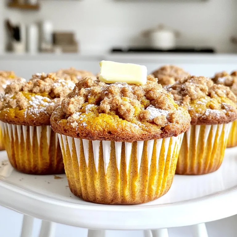 - 1 cup canned pumpkin puree - 1/2 cup vegetable oil - 1/2 cup brown sugar, packed - 1/4 cup granulated sugar - 2 large eggs - 1 teaspoon vanilla extract - 1 1/2 cups all-purpose flour - 1 teaspoon baking soda - 1 teaspoon baking powder - 1 teaspoon ground cinnamon - 1/2 teaspoon ground nutmeg - 1/4 teaspoon ground cloves - 1/4 teaspoon salt - 1/3 cup all-purpose flour - 1/4 cup brown sugar, packed - 1/2 teaspoon ground cinnamon - 2 tablespoons unsalted butter, cold and cubed Gathering these ingredients is the first step in making your delightful muffins. Canned pumpkin puree gives the muffins their rich flavor and moisture. Vegetable oil adds softness. Brown sugar and granulated sugar sweeten them just right. You will also need eggs and vanilla extract to bind and flavor. All-purpose flour is the base of the muffin, while baking soda and baking powder help them rise. The spices—cinnamon, nutmeg, and cloves—bring warmth and coziness to each bite. Salt enhances all these flavors, making them pop. For the streusel topping, you need more flour, brown sugar, and cinnamon. Cold butter makes it crumbly and delicious. This topping is what makes the muffins extra special. 1. Preheat the oven and prepare muffin tin: Set your oven to 350°F (175°C). Line a muffin tin with paper liners or grease it lightly to prevent sticking. 2. Mix the wet ingredients: In a big bowl, combine 1 cup of canned pumpkin puree, 1/2 cup of vegetable oil, 1/2 cup of brown sugar, 1/4 cup of granulated sugar, 2 large eggs, and 1 teaspoon of vanilla extract. Whisk these items well until they blend smoothly. 3. Combine dry ingredients and mix with wet ingredients: In another bowl, sift together 1 1/2 cups of all-purpose flour, 1 teaspoon of baking soda, 1 teaspoon of baking powder, 1 teaspoon of ground cinnamon, 1/2 teaspoon of ground nutmeg, 1/4 teaspoon of ground cloves, and 1/4 teaspoon of salt. Gradually add this mix to the wet ingredients. Stir gently until just combined. Be careful not to overmix. 1. Combine dry streusel ingredients: In a small bowl, mix together 1/3 cup of all-purpose flour, 1/4 cup of brown sugar, and 1/2 teaspoon of ground cinnamon. This will give your muffins a sweet, crunchy topping. 2. Incorporate the cold butter: Add 2 tablespoons of cold, cubed unsalted butter to the flour mix. Use your fingers or a pastry cutter to blend until the mixture looks like coarse crumbs. This ensures a nice, crumbly texture. 1. Fill the muffin tin with batter: Spoon the muffin batter into the muffin cups, filling each one about 2/3 full. This allows room for the muffins to rise. 2. Add the streusel topping: Sprinkle a generous amount of your streusel topping over the batter in each muffin cup. This will create a delightful crunch on top. 3. Baking time and checking for doneness: Place the muffin tin in the preheated oven. Bake for 18-22 minutes. Check if they are done by inserting a toothpick into the center of a muffin. If it comes out clean, they are ready. Let them cool for 5 minutes in the pan. Then, transfer them to a wire rack to cool completely. Enjoy the sweet smell! Why is ingredient temperature important? Using room-temperature ingredients helps your muffins rise better. Cold eggs or oil can slow down the mixing process. This can lead to dense muffins instead of light and fluffy ones. How do I avoid overmixing? Mix the wet and dry ingredients until just combined. Lumps are okay! Overmixing can make your muffins tough. Gently fold the batter together to keep a soft texture. What substitutions can I make for healthier options? You can swap vegetable oil for applesauce. This adds moisture and cuts fat. You can also replace some all-purpose flour with whole wheat flour. This adds fiber and nutrients to your muffins. Can I add extras like nuts or chocolate chips? Absolutely! Fold in half a cup of walnuts or chocolate chips for extra flavor. You can also try adding dried fruits like cranberries or raisins. These additions make your muffins even more fun! What are some serving suggestions? Serve your muffins warm with a pat of butter on top. This adds richness and flavor. You can also dust them lightly with powdered sugar for a pretty touch. How should I store and display my muffins? Keep the muffins in an airtight container at room temperature. This keeps them fresh for up to three days. For a nice display, stack them on a rustic wooden platter. It adds charm to your table! {{image_2}} You can easily switch up the flavors in your muffins. For a maple syrup version, replace half the sugar with maple syrup. This adds a sweet, earthy taste that pairs well with pumpkin. Another fun option is chocolate chip pumpkin muffins. Just fold in 1 cup of chocolate chips after mixing the batter. The rich chocolate makes a great match with the warm spices. If you need gluten-free muffins, use a gluten-free flour blend instead of all-purpose flour. This keeps the muffins soft and yummy. For a vegan twist, swap the eggs for flax eggs. Just mix 1 tablespoon of ground flaxseed with 2.5 tablespoons of water. Let it sit for a few minutes until it thickens. Use almond or coconut milk in place of vegetable oil for moisture. In fall, adding cranberries or diced apples gives a bright twist to your muffins. Their tartness complements the sweetness of pumpkin. For the holidays, mix in festive spices like ginger or allspice. These spices add warmth and cheer to your baking, making it perfect for gatherings. To keep your cinnamon streusel pumpkin muffins fresh, store them properly. If you want to keep them at room temperature, place them in an airtight container. They will stay good for about 2 to 3 days. Make sure to keep them away from direct sunlight and heat. For longer storage, refrigerate the muffins. Place them in a container with a lid. They will last about a week in the fridge. Just let them cool completely before sealing them up. This helps prevent sogginess. Want to save some muffins for later? Freezing is a great option. First, let your muffins cool completely. Then, wrap each muffin in plastic wrap. After that, place them in a freezer bag or a freezer-safe container. This way, they will stay fresh for up to 3 months. When you're ready to eat a frozen muffin, simply take it out of the freezer. You can reheat it in the microwave for about 30 seconds. If you prefer, you can also warm it in an oven at 350°F for 10-15 minutes. Enjoy the cozy flavors whenever you want! To make your muffins fluffier, focus on your leavening agents. Use both baking soda and baking powder. Each one helps your muffins rise. Make sure to measure them carefully. For every cup of flour, you can use one teaspoon of baking powder and half a teaspoon of baking soda. Also, beat your eggs well. This adds air and helps with fluffiness. Yes, you can use fresh pumpkin. Start by roasting your pumpkin. Cut it in half, scoop out the seeds, and bake it at 350°F. Cook it until soft, about 45 minutes. After cooling, scoop out the flesh and mash it. You’ll need one cup of prepared pumpkin. Keep in mind, fresh pumpkin may have more moisture. Adjust your flour if the batter seems too wet. If you don't have vegetable oil, you can use other fats. Melted butter works well and adds flavor. You can also use coconut oil or olive oil. Both will change the taste slightly. Just ensure you use the same amount as the recipe calls for. If you want a lighter option, try applesauce. Use half the amount of applesauce compared to oil. This blog covers everything you need to make delicious muffins. We discussed key ingredients like pumpkin puree and spices, and how to create a tasty streusel topping. You learned step-by-step instructions to prepare the batter and bake perfectly fluffy muffins. Remember, you can customize flavors and store leftovers easily. Experiment and enjoy your baking journey. Creating your own muffin recipes can be fun and rewarding. Happy baking!