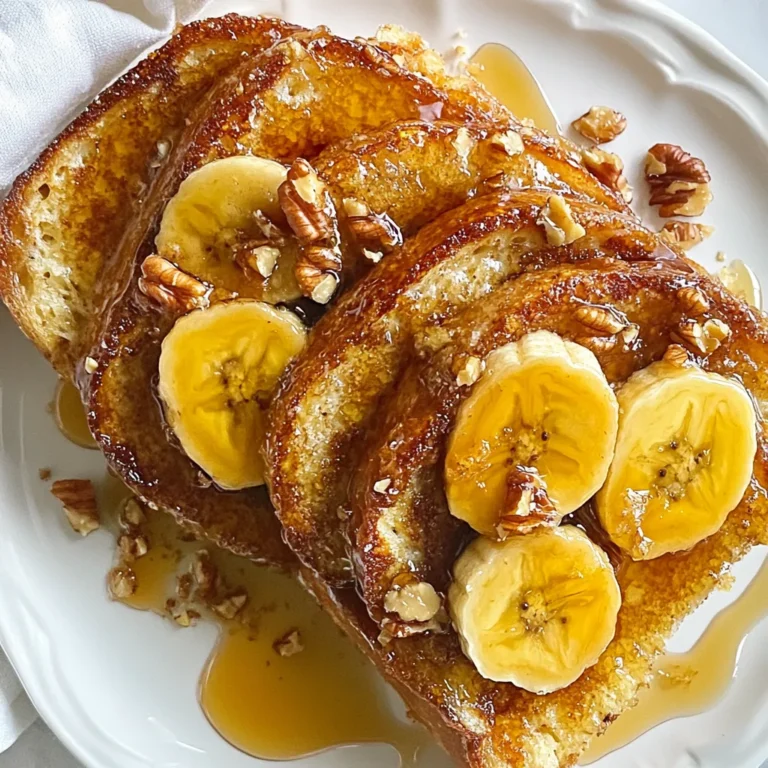 To make Caramelized Banana French Toast, gather these key items: - 4 slices of thick bread (like brioche or challah) - 2 ripe bananas, sliced - 2 tablespoons unsalted butter - 2 tablespoons brown sugar - 2 large eggs - 1/2 cup milk (or almond milk for a dairy-free option) - 1 teaspoon vanilla extract - 1/2 teaspoon ground cinnamon - Pinch of salt - Maple syrup (for serving) These ingredients create a sweet and comforting dish. The ripe bananas bring natural sweetness. The brown sugar enhances the caramel flavor. The thick bread holds the egg mixture well. For some extra flair, consider these garnishes: - Chopped nuts (like walnuts or pecans) - Fresh berries (such as strawberries or blueberries) - Whipped cream - A sprinkle of powdered sugar These toppings add color and texture. They also enhance the dish's flavor profile. You can mix and match to suit your taste. You can customize this recipe with these alternatives: - Use gluten-free bread for a gluten-free option. - Swap the milk for oat milk or coconut milk for different flavors. - Replace bananas with other fruits, like peaches or apples. These substitutions keep the dish exciting and adaptable. You can enjoy Caramelized Banana French Toast no matter your dietary needs or preferences. {{ingredient_image_1}} To make the caramelized bananas, start by melting 1 tablespoon of unsalted butter in a medium skillet over medium heat. Once the butter is melted, add 2 sliced ripe bananas and 2 tablespoons of brown sugar. Stir gently for about 3 to 4 minutes. You want the bananas to become soft and golden. When done, remove the skillet from heat and set the bananas aside. The sweet smell will fill your kitchen! Now, letβs make the French toast. In a shallow bowl, whisk together 2 large eggs, 1/2 cup of milk (or almond milk if you prefer), 1 teaspoon of vanilla extract, 1/2 teaspoon of ground cinnamon, and a pinch of salt. Mix well until everything is combined. Next, heat a non-stick pan or griddle over medium heat and add the remaining 1 tablespoon of butter. Dip each slice of thick bread into the egg mixture, making sure both sides are coated. Place the soaked bread in the hot skillet. Cook for 2 to 3 minutes on each side until golden brown and crisp. Once the French toast is ready, transfer it to a serving plate. Top it generously with the caramelized bananas you made earlier. Drizzle with maple syrup for extra sweetness. If you like, sprinkle some chopped nuts on top for a crunchy finish. Enjoy your delicious treat! Choose thick bread for the best French toast. Brioche and challah are perfect. They soak up the egg mixture well. This makes them soft and fluffy. Other good options include Texas toast or sourdough. Avoid thin bread; it may get too soggy. To caramelize bananas, use ripe ones. They are sweeter and softer. Melt butter in a skillet over medium heat. Add brown sugar and sliced bananas. Cook for 3-4 minutes, stirring gently. Watch them closely; you want a golden color. They should be soft and sweet. Try adding spices to your egg mix. Nutmeg or cocoa powder adds depth. You can also mix in some orange zest for a fresh taste. For a nutty crunch, sprinkle chopped nuts on top. Consider different syrups too. Maple syrup is classic, but honey or agave works well. Pro Tips Choose the Right Bread: For the best texture and flavor, opt for thick slices of brioche or challah. These breads soak up the egg mixture beautifully, creating a soft and delicious French toast. Perfect Caramelization: Ensure your skillet is hot enough before adding the bananas and sugar. This helps achieve a lovely golden color and enhances the flavor through caramelization. Soak Time Matters: When dipping the bread in the egg mixture, let it soak for a few seconds on each side. This allows the bread to absorb the mixture without becoming too soggy. Serving Suggestions: For an extra treat, serve the French toast with a dollop of whipped cream or a scoop of vanilla ice cream alongside the maple syrup and caramelized bananas. {{image_2}} You can make this French toast dairy-free and vegan. Use almond milk instead of regular milk. For the egg, try flax eggs. Mix one tablespoon of ground flaxseed with three tablespoons of water. Let it sit for five minutes. This will create a great egg substitute. Use coconut oil instead of butter for cooking. This gives a nice flavor too. Want to change the taste? Add spices like nutmeg or cocoa powder. Just a pinch of nutmeg can add warmth. Cocoa powder gives a nice chocolatey twist. Mix one teaspoon of either into the egg mixture. You can also try a splash of orange juice for a fresh flavor. This makes your French toast unique and fun. Maple syrup is a classic choice, but there are many options. Try honey or agave for a different sweetness. Whipped cream adds a fluffy touch. Fresh berries or sliced strawberries are great for extra color and taste. You can even sprinkle some chopped nuts on top for crunch. These options make each serving special and exciting. To store leftovers, let the French toast cool down first. Place the slices in an airtight container. You can keep it in the fridge for up to three days. If you want to keep it longer, consider freezing. To reheat, you have a few simple options. You can use a toaster or a microwave. If you choose the toaster, it will help keep the outside crisp. For the microwave, place the French toast on a plate and heat for about 30 seconds. Check and heat more if needed. Freezing is a great option for later use. Wrap each slice in plastic wrap tightly. Then, place the wrapped slices in a freezer bag. They can last up to two months in the freezer. When you want to eat them, just thaw in the fridge overnight before reheating. For French toast, thick bread works best. I love using brioche or challah. They soak up the egg mix well. This gives the toast a soft center and a crisp outside. You can also use sourdough or Texas toast. These options add their own flavor too. Yes, you can prepare some parts ahead. You can slice the bananas and mix the egg mixture the night before. Just store them in the fridge. But, I suggest cooking the French toast fresh. This keeps it warm and crisp. To avoid soggy French toast, donβt soak the bread too long. A quick dip in the egg mixture is best. Also, use a hot skillet. This helps cook the outside quickly. Finally, donβt stack the toast right after cooking. Let it sit on a plate to stay crisp. This blog post covered all you need to make great French toast. We explored key ingredients, like the best breads and tasty garnishes. Step-by-step, you learned how to prepare caramelized bananas and make French toast. I also shared helpful tips for perfect texture and flavor. In the end, you now have options for different diets and flavors. Remember to store any leftovers properly. Enjoy your cooking and have fun creating your own tasty variations!