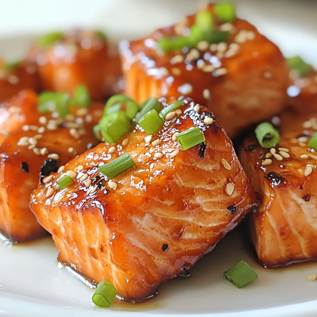 - 1 lb salmon fillet - Honey - Soy Sauce or Tamari - Garlic - Fresh Ginger - Sesame Oil - Green Onions - Sesame Seeds - Salt and Pepper To make honey garlic salmon bites, you need fresh ingredients. Start with one pound of salmon fillet. Cut it into bite-sized pieces. This helps them cook evenly and makes them easy to eat. Next, gather your flavor boosters. You will need honey for sweetness. Use two tablespoons for the best taste. Soy sauce or tamari gives it a salty kick. Use the same amount, two tablespoons. The garlic brings bold flavor, so get three cloves and mince them finely. Fresh ginger adds a zesty touch. Just one teaspoon grated is enough. For a rich finish, add one tablespoon of sesame oil. Finally, you will need green onions and sesame seeds for garnish. A sprinkle of salt and pepper rounds out all the flavors. These ingredients come together to create a dish that is sweet, savory, and simply delicious. {{ingredient_image_1}} To start, you need to whisk together the marinade. In a medium bowl, mix these ingredients: - 2 tablespoons honey - 2 tablespoons soy sauce - 3 cloves garlic, minced - 1 teaspoon fresh ginger, grated - 1 tablespoon sesame oil - Salt and pepper to taste Mix them well until they blend. Next, add the salmon pieces and coat them gently. Toss the salmon until every piece is covered. Let it marinate for 15-20 minutes. This time allows the flavors to soak in. Now, it's time to cook. Preheat a non-stick skillet over medium-high heat. Once the skillet is hot, add the marinated salmon bites in a single layer. Avoid overcrowding the pan. Cook for about 2-3 minutes on each side. Look for a golden brown color. The salmon is done when it is cooked through. For extra flavor, drizzle any leftover marinade over the salmon during the last minute of cooking. Once the salmon bites are cooked, remove them from the skillet. Now, it's time to garnish. Sprinkle chopped green onions on top. Add sesame seeds for a nice crunch. Serve the salmon bites warm. They go well with steamed veggies or rice for a complete meal. Enjoy the burst of flavors! For the best taste, adjust the sweetness and saltiness. You can add more honey if you like it sweeter. If you want more salt, just add a bit of soy sauce. Let the salmon rest in the marinade for 15-20 minutes. This helps the flavors soak into the fish. Use a non-stick skillet to cook the salmon. This will help keep the fish from sticking. Preheat the pan over medium-high heat. When the pan is hot, add the salmon in a single layer. This lets each piece cook evenly. Avoid overcrowding the pan to prevent steaming, which can lead to burning. Serve your honey garlic salmon bites with sides like steamed veggies or rice. They pair well with both. For a nice touch, arrange the salmon bites on a plate. Garnish with chopped green onions and sesame seeds. This makes the dish look fresh and inviting. Pro Tips Marinating Time: Allowing the salmon to marinate for longer than 20 minutes can enhance the flavor even more. If time permits, consider marinating for up to an hour in the refrigerator. Cooking Temperature: Ensure your skillet is properly heated before adding the salmon. This helps achieve a nice sear, locking in the moisture and flavor. Extra Glaze: For a richer flavor, add a teaspoon of cornstarch to the marinade before cooking. This will help create a thicker glaze on the salmon as it cooks. Serving Suggestions: Pair these salmon bites with a side of quinoa or a fresh salad for a balanced meal. You can also serve them as an appetizer at your next gathering! {{image_2}} You can swap out salmon for other fish. Try using trout or halibut instead. Both have a nice flavor and cook well. If you want a gluten-free option, use tamari instead of soy sauce. This keeps the taste bold without the gluten. Want to spice things up? Add some red pepper flakes for heat. A squeeze of lemon or lime can brighten the dish, too. You can also mix in some fresh herbs like cilantro or basil. If you're feeling adventurous, try different sauces like teriyaki or sweet chili. You can serve these bites on skewers for a fun twist. This makes them great for parties. If you prefer, serve them as bites on a plate. They work well as an appetizer or even a main course. Pair them with rice or steamed veggies for a filling meal. To keep your honey garlic salmon bites fresh, store them in an airtight container. Place them in the fridge for up to three days. This way, they stay tasty and safe to eat. If you want to freeze them, wrap each piece in plastic wrap. Then, put them in a freezer bag. They can last for up to three months in the freezer. When reheating salmon bites, you want to keep them moist. The best way is to use a skillet. Heat the pan over low to medium heat. Add a little oil to prevent sticking. Cook for about two to three minutes on each side. This helps maintain their texture and flavor. You can also use the microwave, but be careful not to overcook them. Heat in short bursts of 30 seconds. Honey garlic salmon bites are great for meal prep. You can make a batch at the start of the week. They work well in salads, wraps, or rice bowls. For quick reheating, keep them in small portions. Just grab a few pieces when you need a fast meal. They add protein and flavor to any dish. You can store honey garlic salmon bites for up to three days. Keep them in an airtight container in the fridge. When you're ready to eat, just reheat them gently. They taste best fresh, but you can still enjoy them later! Yes, you can use frozen salmon! Make sure to thaw it first. Defrost the salmon in the fridge overnight or use the quick thaw method. Once thawed, you can cut it into bite-sized pieces and follow the recipe as usual. - Suggestions for vegetables and grains: - Steamed broccoli or green beans. - Roasted carrots or asparagus. - A fluffy bowl of rice or quinoa. - Complementary flavors in side dishes: Pair these salmon bites with a light salad or a citrus-based dressing. The sweetness of honey and garlic goes well with fresh greens. You can also add some avocado for creaminess. Enjoy a mix of flavors and textures for a balanced meal! In this blog post, we explored how to make tasty honey garlic salmon bites. We covered the key ingredients and detailed step-by-step instructions for marinating and cooking. I shared tips for perfecting the dish and suggested various ways to serve it. Remember, you can adjust flavors and try different ingredients. Storing leftovers properly will keep your salmon fresh. With these insights, you can confidently make a delicious meal any time. Enjoy your cooking adventure with salmon bites!