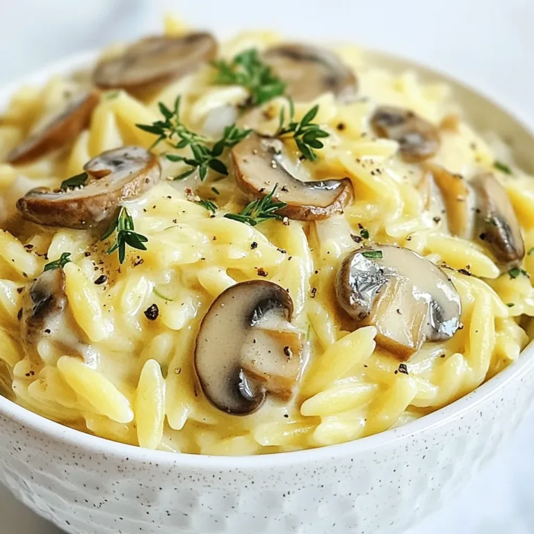 To make creamy mushroom orzo, gather these ingredients: - 1 cup orzo pasta - 2 cups vegetable broth - 1 tablespoon olive oil - 1 small onion, finely chopped - 2 cloves garlic, minced - 8 ounces cremini mushrooms, sliced - 1 teaspoon thyme leaves, fresh or dried - 1 cup heavy cream or coconut cream for a dairy-free option - ½ cup grated Parmesan cheese or nutritional yeast for a vegan option - Salt and pepper to taste - Fresh parsley, chopped for garnish You can swap some ingredients and still enjoy great flavor. Use any small pasta instead of orzo. You can use chicken broth instead of vegetable broth. If you need a dairy-free option, use coconut cream. For a vegan dish, replace Parmesan with nutritional yeast. You can also use any type of mushrooms you like. Shiitake and button mushrooms work well too! Fresh herbs add a bright taste to your dish. They can make a big difference! Use fresh thyme for a stronger flavor. If you only have dried herbs, that’s fine too. Just use less because dried herbs are more potent. One teaspoon of dried thyme equals about three teaspoons of fresh thyme. Keep this in mind when cooking! {{ingredient_image_1}} First, gather all your ingredients. This makes cooking smooth and easy. Chop the onion finely, mince the garlic, and slice the mushrooms. Measure out the orzo and broth. If you want a dairy-free option, grab coconut cream. For a vegan choice, get nutritional yeast. In a medium saucepan, bring the vegetable broth to a boil. Once boiling, add the orzo pasta. Follow the package instructions, cooking until al dente. This usually takes about 8-10 minutes. When it's done, drain the orzo and set it aside. In a large skillet, heat the olive oil over medium heat. Add the finely chopped onion and cook for about 3-4 minutes. You want it to soften but not brown. Next, stir in the minced garlic and sliced mushrooms. Cook for about 5-7 minutes. Look for the mushrooms to turn golden brown and release their moisture. Now, sprinkle in the thyme and add the cooked orzo. Mix everything well to combine the flavors. Pour in the heavy cream, stirring gently. Let the mixture simmer for 3-5 minutes. It should become creamy and heated through. Stir in the grated Parmesan cheese or nutritional yeast. Season with salt and pepper to taste. Finally, remove the skillet from the heat. Garnish with fresh parsley before serving. Enjoy your creamy mushroom orzo! To get that dreamy creaminess in your orzo, use heavy cream. It gives a rich taste. If you want a lighter option, try coconut cream. Both work well. Stir the cream in slowly. This helps it blend nicely with the orzo. You can also add a bit of pasta water. This helps to keep the dish smooth and creamy. Start by cooking the onion until soft. This brings out the natural sweetness. Don’t rush the mushrooms. Let them cook until they are golden brown. This builds great flavor. Adding thyme early helps the taste soak into the dish. For a tangy kick, consider adding a splash of lemon juice at the end. One common mistake is overcooking the orzo. Cook it al dente for the best bite. Be careful not to skip the seasoning. Salt and pepper are key to flavor. Also, don’t skip the cheese. It adds depth and creaminess. Lastly, avoid cooking on high heat. This can burn the garlic and ruin the taste. Pro Tips Choose Fresh Mushrooms: Fresh cremini mushrooms will provide the best flavor and texture. Look for firm, dry mushrooms without any blemishes. Opt for Homemade Broth: Using homemade vegetable broth can enhance the overall taste of the dish, making it richer and more complex. Adjust Creaminess: For a lighter version, you can substitute half of the heavy cream with low-fat milk or even vegetable broth while still keeping it creamy. Garnish for Flavor: Don't skip the fresh parsley! It adds a burst of freshness and color that elevates the dish visually and flavor-wise. {{image_2}} You can make this creamy mushroom orzo vegan. Simply swap heavy cream for coconut cream. It gives a nice flavor and keeps the dish rich. Use nutritional yeast instead of Parmesan cheese for a cheesy taste. This way, you keep it both creamy and vegan. Want more protein? You can add cooked chicken or tofu. For chicken, use diced pieces and sauté them with the onions. If you prefer tofu, make sure to press it first. Then, cube it and add it with the mushrooms. Both options will make your dish even heartier. You can make this dish more colorful and nutritious by adding seasonal vegetables. In spring, try peas or asparagus. In summer, zucchini and cherry tomatoes work well. For fall, add spinach or butternut squash. Just sauté them with the mushrooms for a tasty twist. To keep your creamy mushroom orzo fresh, store it in an airtight container. Let it cool to room temperature before sealing. This helps prevent moisture buildup. Place the container in the fridge if you plan to eat it within three days. For longer storage, consider freezing. When you want to enjoy your leftover orzo, reheat it gently. Add a splash of vegetable broth or water to keep it moist. Heat it on the stove over low heat, stirring often. You can also microwave it for a few minutes. Just cover it to avoid drying out. Freezing is a great option for creamy mushroom orzo. Portion it into freezer-safe containers. Leave some space at the top, as the orzo will expand when frozen. It can last up to three months in the freezer. To use, thaw it overnight in the fridge before reheating. Yes, you can use regular pasta. Choose small shapes like shells or elbows. Adjust cooking time as needed. Cook until al dente, just like orzo. The dish will still be creamy and tasty. To add spice, try red pepper flakes or diced jalapeños. Mix them in with the garlic. You can also add hot sauce to the cream. Start with a little, then taste and adjust. You can use basil, oregano, or rosemary. Fresh herbs will give a bright flavor. Dried herbs work too; just use less. Mix and match to find your favorite blend. This blog post covered all you need for a delicious orzo dish. We talked about the best ingredients and how to mix them. You learned tips for perfect creaminess and flavor. We also shared ways to customize the dish for your taste. Finally, proper storage techniques help keep leftovers fresh. Experiment with these ideas. Enjoy your cooking adventure and create something amazing!