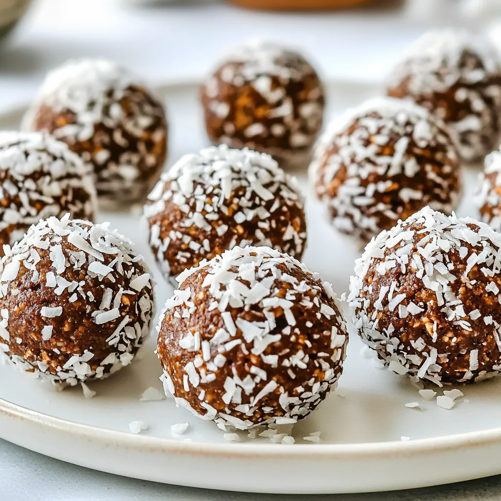 The first step in making Coconut Chocolate Energy Bites is gathering your ingredients. Here’s what you will need: - 1 cup pitted dates - 1 cup rolled oats - 1/2 cup unsweetened shredded coconut - 1/4 cup almond butter (or any nut butter) - 1/4 cup cocoa powder - 1/4 cup chia seeds - 1 teaspoon vanilla extract - A pinch of sea salt - Extra shredded coconut for coating These ingredients come together to create a tasty and healthy snack. Pitted dates serve as a natural sweetener. They give the bites a chewy texture. Rolled oats add fiber, making these bites filling. Unsweetened shredded coconut gives a tropical twist and nice crunch. Nut butter, like almond butter, adds creaminess and protein. Cocoa powder brings rich chocolate flavor without extra sugar. Chia seeds pack in omega-3 fatty acids and protein. Vanilla extract enhances the overall taste. A pinch of sea salt balances the sweetness. Finally, the extra shredded coconut coats the bites for a fun finish. Once you have all your ingredients ready, you can move on to the next steps. The process is quick and easy, making it perfect for busy days. Enjoy making these energy bites that are both simple and healthy! {{ingredient_image_1}} To start, gather your ingredients. You’ll need pitted dates, rolled oats, shredded coconut, almond butter, cocoa powder, chia seeds, vanilla extract, and sea salt. 1. In a food processor, mix the pitted dates and almond butter. Pulse until it gets smooth. 2. Next, add the rolled oats, shredded coconut, cocoa powder, chia seeds, vanilla extract, and a pinch of sea salt. Pulse until everything blends well and sticks together. For the right consistency, the mix should feel sticky. If it’s too dry, add a teaspoon of water or more almond butter. If it’s too wet, simply add a few more oats. Once your mixture is ready, it’s time to scoop and roll. Use a tablespoon to scoop out portions. 1. Roll each scoop between your hands until it forms a ball. 2. To ensure uniformity, try to keep each ball the same size. This makes them look nice when served. Now, place your energy bites on a parchment-lined plate. 1. Refrigerate them for at least 30 minutes. This helps them firm up. 2. For a fun presentation, roll them in extra shredded coconut. It adds a nice touch and extra flavor! These steps will help you make tasty coconut chocolate energy bites that everyone will love. Enjoy! If you don't have almond butter, try these options: - Peanut butter - Cashew butter - Sunflower seed butter These nut butters give similar flavors and textures. They also add healthy fats. For sweeteners, consider using: - Maple syrup - Honey - Agave nectar These can change the taste a bit. You can also add spices like cinnamon or nutmeg for extra flavor. To keep your energy bites fresh, store them in an airtight container. This keeps moisture out and flavor in. In the refrigerator, they last up to a week. If you want them for longer, freeze them. They can stay good for up to three months in the freezer. These energy bites are packed with nutrients. They offer a good mix of healthy fats, fiber, and protein. Each energy bite has about: - 90 calories - 3 grams of protein - 4 grams of fiber They are great for a quick snack or a post-workout boost. Enjoy the benefits of these delicious bites! Pro Tips Adjust Sweetness: If you prefer a sweeter bite, consider adding a tablespoon of maple syrup or honey to the mixture. Variety in Nuts: Feel free to experiment with different nut butters like cashew or peanut for a unique flavor profile. Storage Tips: Store your energy bites in an airtight container in the fridge for up to two weeks, or freeze for longer shelf life. Custom Coatings: Instead of just shredded coconut, try rolling the bites in crushed nuts, cocoa powder, or even sesame seeds for added texture. {{image_2}} You can change the flavor of your energy bites easily. Adding different extracts can make a big difference. Try adding coconut extract for a stronger coconut taste. Almond extract adds a nice nutty flavor. You can also use spices to enhance the bites. A sprinkle of cinnamon gives warmth, while nutmeg adds a cozy touch. These small changes can create exciting new flavors. You can customize your energy bites by adding mix-ins. Dried fruits like cranberries or apricots add sweetness and chewiness. Nuts, such as almonds or walnuts, add crunch and protein. You can also consider seeds like pumpkin or sunflower for extra nutrients. This way, you can make each batch unique. If you have dietary needs, not to worry! You can switch out any ingredient for one that fits your needs. You can make coconut energy bites without cocoa if chocolate isn't your thing. Simply skip the cocoa powder in the recipe. Use extra shredded coconut for a richer coconut flavor. You can also add a bit more almond butter to keep the texture right. These bites will still taste great and provide a healthy snack option. Enjoy exploring these variations! You can find coconut chocolate energy bites from several well-known brands. Some of these brands include: - Larabar: Known for simple ingredients and great flavors. - RXBAR: Offers protein-packed bites with minimal ingredients. - KIND: Popular for their nut and chocolate combinations. - Bhu Fit: Focuses on clean, plant-based energy bites. You can buy these products from sites like Amazon, Walmart, or local health food stores. Many people love store-bought coconut chocolate energy bites. They find them tasty and convenient. On Amazon, Larabar has a solid rating with many positive reviews. Users enjoy the chewy texture and rich flavor. RXBAR also gets high marks for its protein content. When comparing homemade versus pre-made, homemade bites offer freshness and control over ingredients. Store-bought options are quick but may contain added sugars. Homemade bites let you adjust sweetness and texture to your liking. The average cost of pre-made energy bites ranges from $1 to $3 per serving. While convenient, these can add up quickly. If you make your own, the cost for ingredients is often less. For about $10, you can make 12-15 bites. This means each homemade bite costs around $0.67. Making your own energy bites is a budget-friendly choice that lets you enjoy fresh snacks whenever you want. Coconut chocolate energy bites can last about one week in the fridge. Store them in an airtight container to keep them fresh. If you want them to last longer, consider freezing them. Yes, you can freeze these energy bites! Place them in a single layer on a tray. Once frozen, transfer them to a freezer bag. They can last up to three months in the freezer. If you don’t have chia seeds, you can use flaxseeds instead. Ground flaxseeds work well and provide similar health benefits. You could also skip seeds entirely if you prefer. Yes, these energy bites are vegan! They contain no animal products. The ingredients are all plant-based, making them a great snack for anyone following a vegan diet. To make these bites nut-free, use sunflower seed butter instead of almond butter. This swap keeps the taste and texture similar. Just ensure all other ingredients are also nut-free. We explored how to make delicious coconut chocolate energy bites using simple ingredients. You learned about preparation, tips for perfect consistency, and ways to serve these bites. We also discussed ingredient swaps, storage tips, and how to customize flavors. Lastly, you found options for pre-made bites and their prices. In short, these energy bites are easy, fun, and customizable. Make them your own and enjoy a healthy snack!