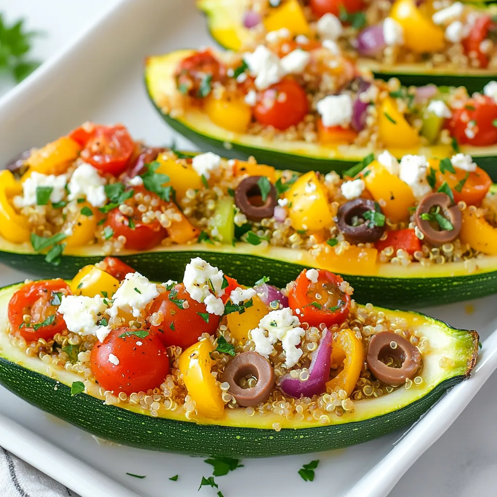 To make Greek stuffed zucchini boats, you need fresh and tasty ingredients. Here’s the list: - 4 medium zucchinis - 1 cup quinoa, rinsed - 2 cups vegetable broth - 1 small red onion, finely chopped - 2 cloves garlic, minced - 1 bell pepper (red or yellow), diced - 1 cup cherry tomatoes, halved - 1 teaspoon dried oregano - 1 teaspoon dried thyme - 1 teaspoon paprika - ½ cup feta cheese, crumbled (or dairy-free cheese for vegan option) - ¼ cup Kalamata olives, pitted and chopped - 2 tablespoons olive oil - Salt and pepper to taste - Fresh parsley, chopped for garnish These ingredients come together to create a lovely flavor in every bite. You can make these zucchini boats your own! Try adding these optional ingredients: - Spinach or kale for more greens - Artichoke hearts for a tangy twist - Pine nuts for a crunchy texture - Fresh herbs like dill or mint for added freshness Feel free to experiment with what you have at home. It’s fun to mix and match! If you have dietary needs, you can still enjoy this dish. Here are some good substitutions: - Vegan: Use dairy-free cheese instead of feta. You can also skip the cheese entirely. - Gluten-Free: Quinoa is naturally gluten-free, making it a great choice. Just ensure any broth you use is gluten-free too. These simple swaps let everyone enjoy Greek stuffed zucchini boats without worry. {{ingredient_image_1}} First, heat your oven to 375°F (190°C). Take four medium zucchinis and cut them in half lengthwise. Use a spoon to scoop out the center. Leave about 1/4 inch of flesh for structure. Save the scooped-out zucchini because we will use it later. In a medium saucepan, bring 2 cups of vegetable broth to a boil. Add 1 cup of rinsed quinoa. Cover and lower the heat. Let it cook for about 15 minutes until fluffy and the broth absorbs. Set it aside. Next, grab a large skillet and heat 2 tablespoons of olive oil over medium heat. Add 1 small chopped red onion and 2 minced garlic cloves. Sauté them for 2-3 minutes until they soften. Now, add 1 diced bell pepper and the reserved zucchini flesh, finely chopped. Cook for about 5 minutes until tender. Stir in the cooked quinoa, 1 cup of halved cherry tomatoes, 1 teaspoon of dried oregano, 1 teaspoon of dried thyme, 1 teaspoon of paprika, ¼ cup of chopped Kalamata olives, and half of the crumbled feta cheese. Season with salt and pepper to taste. Mix everything well. Place the zucchini halves on a baking sheet lined with parchment paper. Fill each half with the quinoa mixture. Press it down gently to pack it in. Sprinkle the remaining feta cheese on top of each filled zucchini boat. Bake in your preheated oven for 25-30 minutes. They are ready when the zucchinis are tender and the tops are golden. Let them cool for a few minutes before serving. Garnish with fresh parsley for a lovely touch. When picking zucchini, look for firm, smooth ones. They should feel heavy for their size. Choose ones that are bright green and free of blemishes. Small to medium zucchinis work best. They have more flavor and a tender texture. To cook quinoa, rinse it well before use. This removes the bitter coating called saponin. Use a ratio of one cup of quinoa to two cups of vegetable broth. Bring the broth to a boil, then add the quinoa. Cover it and lower the heat. Cook it for about 15 minutes. The quinoa is done when it is fluffy and the liquid is absorbed. To boost flavor, add fresh herbs like basil or dill. You can also mix in lemon juice for brightness. For a colorful presentation, use a mix of red and yellow bell peppers. Drizzle olive oil on the finished dish for shine. Garnish with fresh parsley for a pop of color. Arrange the zucchini boats on a platter for an eye-catching display. Pro Tips Choose Firm Zucchini: Select medium zucchinis that feel firm to the touch. This ensures they hold their shape while baking and provide a sturdy base for the filling. Rinse Quinoa Thoroughly: Rinsing quinoa before cooking removes its natural coating, called saponin, which can impart a bitter taste. This will enhance the overall flavor of the dish. Customize Your Filling: Feel free to add or swap in your favorite vegetables or proteins. Spinach, mushrooms, or chickpeas can be great additions for extra flavor and nutrition. Let Them Rest: After baking, allow the zucchini boats to rest for a few minutes before serving. This helps the filling set and makes them easier to handle. {{image_2}} You can easily make Greek stuffed zucchini boats vegetarian or vegan. For a vegan twist, skip the feta cheese or use dairy-free cheese. You can also add more veggies to the mix. Try mushrooms, spinach, or artichokes for extra flavor. These swaps keep the dish tasty and healthy. This recipe is already gluten-free when you use quinoa. Quinoa is a great choice for gluten-free diets. If you are not a fan of quinoa, try rice or millet instead. Just make sure to cook them well before mixing with the veggies. This way, you keep the dish safe for those avoiding gluten. You can get creative with the stuffing. If you want meat, ground lamb or beef works great. Just cook the meat first, then mix it with the veggies and quinoa. For a bean option, use black beans or chickpeas for protein. These changes let you enjoy the dish while keeping it fresh and exciting. Store any leftover stuffed zucchini boats in an airtight container. Make sure they are cool before sealing. They can last in the fridge for up to three days. When ready to eat, simply reheat them. To reheat, use an oven for the best texture. Preheat the oven to 350°F (175°C). Place the zucchini boats on a baking sheet. Cover them with foil to keep moisture in. Heat for about 15-20 minutes, or until warmed through. You can also use a microwave. Heat for 1-2 minutes, checking to avoid overcooking. You can freeze stuffed zucchini boats if you want to prepare meals ahead. First, let them cool completely. Wrap each boat tightly in plastic wrap, then place them in a freezer bag. They can last for about three months in the freezer. When you’re ready to eat, thaw them overnight in the fridge. Then, reheat using the oven method for the best taste and texture. Yes, you can use other grains. Brown rice, farro, or barley work well. Each grain has its own taste and texture. Just make sure to adjust cooking times based on the grain you choose. For example, brown rice takes longer than quinoa. So, cook it before mixing with the veggies. Leftover stuffing is great! You can use it in many ways. Mix it into salads for extra flavor. You can also eat it as a side dish or even as a filling for wraps. If you want, stuff bell peppers or mushrooms with it too. The options are endless! Stuffed zucchini boats last about 3 to 5 days in the fridge. Make sure to store them in an airtight container. When you are ready to eat, just reheat them in the oven or microwave. Enjoy the same great taste even after a few days! Greek stuffed zucchini boats offer a fun and tasty meal. We covered key ingredients, including main and optional ones, to suit your needs. You learned how to prep, cook, and bake these delicious boats. I shared tips for picking the best zucchini and making your dish even better. Variations let you enjoy vegan or gluten-free meals too. Lastly, I explained storage and reheating for easy leftovers. Now, you can create your own tasty zucchini boats and impress everyone with your cooking skills. Enjoy your culinary adventure!