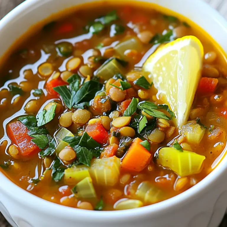 To make a delicious Mediterranean Lentil Soup, gather these main ingredients: - 1 cup green or brown lentils, rinsed - 1 tablespoon olive oil - 1 medium onion, diced - 2 cloves garlic, minced - 2 medium carrots, diced - 2 celery stalks, diced - 1 red bell pepper, diced - 1 zucchini, chopped - 1 teaspoon ground cumin - 1 teaspoon smoked paprika - ½ teaspoon ground coriander - 6 cups vegetable broth - 1 can (14 oz) diced tomatoes, undrained - 1 cup spinach or kale, roughly chopped - Salt and pepper to taste - Fresh lemon juice, to taste - Fresh parsley, for garnish These ingredients create a hearty and flavorful base for your soup. The lentils provide protein and fiber, while the veggies add nutrients and color. The spices bring warmth and depth to every bite. You can customize your soup with these optional add-ins: - Additional vegetables, like sweet potatoes or green beans - Beans or chickpeas for extra protein - Herbs and spices for more flavor These add-ins let you make the soup your own. Feel free to mix and match based on what you have at home. Pair your Mediterranean Lentil Soup with: - Crusty bread for dipping - A fresh salad for crunch - Yogurt or crème fraîche for creaminess These sides complement the soup well. They add texture and taste while making your meal even more enjoyable. {{ingredient_image_1}} - Rinsing the lentils: Start by rinsing 1 cup of green or brown lentils under cold water. This step removes dirt and debris. It also helps to avoid any bitterness. Set the rinsed lentils aside in a bowl. - Chopping the vegetables: Next, dice 1 medium onion, 2 carrots, and 2 celery stalks. Chop 1 red bell pepper and 1 zucchini. Mince 2 cloves of garlic. Make sure your cuts are even. This will help them cook at the same rate. - Heating olive oil and sautéing onion: In a large pot, heat 1 tablespoon of olive oil over medium heat. Add the diced onion. Sauté it for 3-4 minutes until it softens. This builds a great base flavor. - Adding garlic and other vegetables: Add the minced garlic to the pot. Cook for another minute until fragrant. Then, stir in the carrots and celery. Cook them for about 5 minutes. They should start to soften. - Incorporating spices and cooking lentils: Next, add the diced red bell pepper and chopped zucchini. Stir and cook for another 4-5 minutes. Sprinkle in 1 teaspoon of ground cumin, 1 teaspoon of smoked paprika, and ½ teaspoon of ground coriander. Stir to mix. Let the spices bloom for about a minute. - Simmering the soup: Pour in the rinsed lentils, 6 cups of vegetable broth, and 1 can of diced tomatoes. Bring everything to a boil. Once boiling, reduce the heat to low. Let it simmer for 30-35 minutes or until the lentils are tender. - Adding spinach or kale: In the last 5 minutes of cooking, add 1 cup of chopped spinach or kale. Stir until the greens wilt. This adds color and nutrients. - Seasoning the soup to taste: Season the soup with salt, pepper, and fresh lemon juice. Taste it and adjust the seasoning as needed. - Serving and garnishing: Serve the soup hot in bowls. Garnish with fresh parsley for a nice touch. Enjoy this warm, nutritious dish! To make your Mediterranean lentil soup burst with flavor, blooming spices is key. When you add spices like cumin and paprika, heat them for a minute in olive oil. This simple step releases their oils and enhances their taste. Next, adjusting seasoning is essential. After cooking, taste your soup. You may need a pinch of salt or a splash of lemon juice. This extra touch can brighten the whole dish. Choose the right pot for your soup. A heavy-bottomed pot works best. It heats evenly and helps prevent scorching. I recommend a Dutch oven for its versatility and heat retention. Maintaining the right temperature is also important. Bring your soup to a gentle boil, then reduce the heat to low. This allows the lentils to cook evenly and become tender without falling apart. Substitutions for lentils can keep your soup tasty. If you can't find green or brown lentils, try red lentils. They cook faster and add a nice color. Finding fresh produce is easy. Visit local farmers' markets or grocery stores. Look for vibrant vegetables like carrots and bell peppers. Fresh ingredients make your soup more nutritious and flavorful. Pro Tips Soak Your Lentils: Soaking lentils for a few hours can reduce cooking time and help them cook more evenly. Customize Your Veggies: Feel free to swap in any seasonal vegetables you have on hand for a unique flavor profile. Boost the Flavor: Add a bay leaf or some fresh herbs like thyme or rosemary while the soup simmers for added depth of flavor. Perfectly Seasoned: Remember to taste and adjust the seasoning towards the end of cooking, as the flavors will develop and intensify. {{image_2}} For a hearty meal, you can add meat alternatives. Tofu or tempeh works well. You can also use mushrooms for a meaty taste. If you want it dairy-free, skip the cheese. The soup is tasty on its own. Do you like heat? Add peppers like jalapeños or red chili flakes. This will give your soup a nice kick. You can also switch up spices. Try curry powder for a different flavor. Want to mix it up? Make a Greek version by adding feta cheese. The saltiness of feta pairs well with lentils. For a Middle Eastern twist, add spices like sumac or za’atar. These spices will bring a new depth to your soup. You can store leftover Mediterranean lentil soup in the fridge. Place it in a container with a tight lid. Glass or BPA-free plastic containers work best. Make sure the soup cools down before sealing it. This keeps it fresh and tasty. To freeze the soup, let it cool completely. Then, pour it into freezer bags or containers. Leave some space at the top since liquids expand when frozen. Label the bags with the date. For thawing, place the bag in the fridge overnight. Reheat it on the stove or in the microwave. Stir it well to make sure it's hot throughout. In the fridge, the soup lasts about 4 to 5 days. If you freeze it, it can last up to 3 months. Check for signs of spoilage before eating. If the soup smells off or has a strange color, it’s best to toss it. Always trust your nose and eyes! You can use green or brown lentils. Both types work well in this soup. Green lentils stay firm when cooked, while brown lentils become softer. I prefer green lentils for their texture and taste. Yes, you can make this soup in a slow cooker. First, sauté the onion and garlic in a pan. Then, add all the ingredients to your slow cooker. Cook on low for about 6 to 8 hours or on high for 3 to 4 hours. This method makes the flavors blend well. You can pair this soup with crusty bread or a fresh salad. A dollop of yogurt or crème fraîche adds creaminess too. These sides make a complete meal that is both hearty and satisfying. To make this soup gluten-free, use gluten-free vegetable broth. Check the canned tomatoes for gluten-free labeling. All the other ingredients in the recipe are naturally gluten-free. Enjoy this healthy soup without worry! This post shared a simple Mediterranean Lentil Soup recipe. It covered key ingredients, cooking steps, and storage tips. You can easily customize it with add-ins or spices to suit your taste. Serving with crusty bread or salad makes it even better. In conclusion, this soup is nutritious and versatile. It’s a dish you can enjoy year-round. Whether you’re an experienced cook or a beginner, you can create a warm bowl of goodness. Enjoy making it your own!