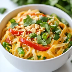 To make delicious Spicy Thai Coconut Noodles, you need these fresh ingredients: - 200g rice noodles - 1 can (400ml) coconut milk - 2 tablespoons red curry paste - 1 tablespoon olive oil - 1 red bell pepper, sliced - 1 cup snap peas - 2 green onions, chopped - 1 tablespoon soy sauce - 1 tablespoon lime juice - Fresh cilantro, for garnish - Crushed peanuts, for garnish (optional) - Salt and pepper to taste These ingredients come together to create a rich and creamy dish. The rice noodles soak up the coconut milk and curry flavors. The red bell pepper and snap peas add color and crunch. Green onions, cilantro, and crushed peanuts give a fresh finish. Make sure to use fresh, high-quality ingredients for the best taste. You can find most of these at your local grocery store or farmers' market. Remember, the key to great cooking is having great ingredients! {{ingredient_image_1}} First, get a pot of water boiling. Add 200 grams of rice noodles. Cook them for about 5 to 7 minutes. Stir them gently to prevent sticking. When soft, drain the noodles. Set them aside for later. Grab a large skillet and heat 1 tablespoon of olive oil over medium heat. Once hot, add the sliced red bell pepper and snap peas. Sauté the veggies for about 3 to 4 minutes. You want them tender but still crisp. Next, stir in 2 tablespoons of red curry paste. Make sure it coats the vegetables well. Cook for another minute to release the curry's amazing aroma. Now, pour in 1 can of coconut milk. Stir well and let it simmer for about 5 minutes. This will help the sauce thicken a bit. Once thickened, add the cooked rice noodles to the skillet. Toss everything together gently. Drizzle in 1 tablespoon of soy sauce and 1 tablespoon of lime juice. Season with salt and pepper to taste. Mix everything until heated through. Finally, fold in the chopped green onions before serving. To make the sauce perfect, use fresh ingredients. Fresh red curry paste gives a strong flavor. Stir the paste well into the veggies to release its aroma. Simmer the coconut milk just long enough to thicken. This helps the sauce coat the noodles better. Cook rice noodles according to the package. Make sure they are al dente, not too soft. Drain them well to avoid sogginess. Rinse under cold water if you want to stop cooking. This keeps them firm until you mix them with the sauce. For a beautiful dish, use white bowls for contrast. Place the noodles in the center, and arrange veggies around. Top with fresh cilantro for a pop of green. If using peanuts, sprinkle them evenly for crunch. This makes your meal look as good as it tastes! Pro Tips Perfect Noodle Texture: Make sure to cook the rice noodles al dente, as they will continue to soften when mixed with the sauce. Adjusting Spice Level: If you prefer a milder flavor, start with half the amount of red curry paste and adjust to taste. Fresh Ingredients Matter: Using fresh vegetables will enhance the crunch and flavor of the dish, so opt for vibrant produce. Garnish for Flavor: Don’t skip the cilantro and crushed peanuts; they add a fresh and nutty flavor that elevates the dish. {{image_2}} You can add protein to make your dish more filling. Tofu is a great choice for vegan meals. Use firm tofu for the best texture. Just cube it and sauté with the veggies. Chicken is another option. Slice it thin and cook until golden. Shrimp cooks quickly and adds a nice taste. Just toss it in the skillet until pink. This dish is easy to make vegan. Swap the chicken or shrimp for tofu or more veggies. You can also use vegetable broth instead of chicken broth. Check labels on curry paste and soy sauce. Some brands may add fish sauce. Make sure to use vegan-friendly options. You can adjust the heat to suit your taste. The red curry paste adds spice, so start small. Add one tablespoon to begin with. If you like it hot, add more! You can also add fresh chili or chili flakes for extra kick. For a milder dish, use less curry paste and skip the chili. You can store leftover Spicy Thai Coconut Noodles in the fridge. Place them in an airtight container. They will stay fresh for 3 to 4 days. Before storing, let them cool down to room temperature. This helps keep them tasty and safe to eat later. If you want to keep the noodles longer, freeze them. Use a freezer-safe container or bag. Make sure to remove as much air as possible. This helps prevent freezer burn. The noodles can last up to 2 months in the freezer. To thaw, move them to the fridge overnight. To reheat the noodles, you can use a microwave or a skillet. If using a microwave, heat in short bursts. Stir between each burst to avoid hot spots. If using a skillet, add a splash of water or coconut milk. This keeps the noodles moist while reheating. Heat over medium-low heat until warmed through. Enjoy your delicious noodles again! Spicy Thai Coconut Noodles are a tasty dish made with rice noodles. They feature creamy coconut milk and bold red curry paste. This mix creates a rich and spicy sauce that coats the noodles. You can add fresh veggies like bell peppers and snap peas for crunch. Top it with green onions and cilantro for extra flavor. This dish is quick, easy, and packed with flavor. Yes, you can make this recipe gluten-free. Use gluten-free soy sauce instead of regular soy sauce. Rice noodles are naturally gluten-free, so they work well. Check your red curry paste for gluten. Many brands are gluten-free, but it’s best to read the label. To adjust the spiciness, you can change the amount of red curry paste. Start with less if you want a milder flavor. You can also add sugar or coconut milk to balance the heat. If you like it spicy, add more curry paste or fresh chilies. Always taste as you go to find your perfect level of heat. In this blog post, we explored how to make Spicy Thai Coconut Noodles. We covered the key ingredients, step-by-step cooking instructions, and helpful tips for perfecting your dish. I also shared variations to suit different diets and preferences. Keeping your noodles fresh for later is easy with the right storage tips. This dish brings vibrant flavors and fun options for everyone. Try it out, and enjoy a tasty meal that you can make your own!