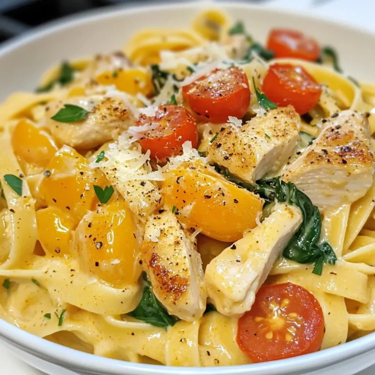 - 2 boneless, skinless chicken breasts, sliced - 2 tablespoons Cajun seasoning - 1 cup heavy cream - 2 cups chicken broth - 12 ounces fettuccine pasta - 1 cup cherry tomatoes, halved - 1 cup fresh spinach - 1/2 cup grated Parmesan cheese - 2 cloves garlic, minced - 1 tablespoon olive oil - Salt and pepper to taste - Chopped parsley for garnish The main ingredients in this dish bring bold flavors together. You start with chicken breasts, which are juicy and tender. Cajun seasoning adds a spicy kick that makes this dish exciting. The heavy cream creates a rich sauce that coats the pasta perfectly. Chicken broth adds depth to the flavor, while fettuccine pasta gives a nice, chewy texture. The additional ingredients enhance the dish. Cherry tomatoes add a fresh burst of sweetness. Fresh spinach brings a nice green color and a slight earthiness. Grated Parmesan cheese adds a salty, nutty flavor that ties everything together. Minced garlic gives a warm aroma that fills your kitchen. Olive oil is key for cooking the chicken and adds a smooth finish. Finally, seasoning with salt and pepper is crucial to balance the dish. Chopped parsley adds a pop of color and freshness when you serve it. All these ingredients come together to create a creamy Cajun chicken pasta that is both delightful and tasty. {{ingredient_image_1}} To start, season the sliced chicken breasts with Cajun seasoning. Make sure each piece is well coated. This adds a lot of flavors. Next, heat olive oil in a large skillet over medium-high heat. Once the oil is hot, add the seasoned chicken. Cook it until it is browned and fully cooked, about 4 to 5 minutes. This step is key for a tasty dish. Remove the chicken from the skillet and set it aside. In the same skillet, add the minced garlic. Sauté it until it becomes fragrant, which takes about 30 seconds. This step adds a rich aroma to your sauce. Now pour in the chicken broth and let it come to a simmer. Once simmering, stir in heavy cream. Allow this to bubble gently. Mixing these ingredients creates a creamy base for the pasta. While the sauce simmers, it's time to cook the fettuccine pasta. Add it to the skillet and cook according to package instructions. Stir the pasta occasionally until it becomes al dente, which means it should still have a slight bite. In the last 2 minutes of cooking, toss in the halved cherry tomatoes and fresh spinach. This helps the veggies wilt slightly and adds color and nutrients. Once the pasta is cooked, return the chicken to the skillet. Toss everything together so that the chicken mixes well with the pasta and sauce. Finally, remove the skillet from the heat and stir in the grated Parmesan cheese. This step makes the dish creamy and rich. Season with salt and pepper to taste. Serve right away, and if you like, garnish with chopped parsley for a fresh touch. Enjoy your meal! To make your pasta creamy, heavy cream is key. This rich cream gives the sauce its silky texture. You can adjust the sauce's thickness using chicken broth. If it feels too thick, just add a bit more broth until it's perfect. To boost the taste, consider adding more spices. A pinch of smoked paprika or cayenne can add depth. Fresh herbs are a great choice too. Try using chopped parsley, basil, or even thyme for a pop of flavor. Prevent your pasta from sticking by stirring it often while it cooks. This keeps it loose and helps the sauce cling. Be careful not to overcook the chicken. Cook it just until it's no longer pink inside. This keeps it juicy and tender. Pro Tips Perfectly Cooked Pasta: Always cook your fettuccine just until al dente. This ensures the pasta retains a slight bite and won’t become mushy when mixed with the sauce. Seasoning Balance: Adjust the amount of Cajun seasoning according to your spice tolerance. You can always start with less and add more if needed. Fresh Ingredients: Use fresh spinach and ripe cherry tomatoes for the best flavor and texture. They brighten up the dish and enhance its overall appeal. Garnish for Presentation: Chopped parsley not only adds a pop of color but also provides a fresh flavor that complements the richness of the creamy sauce. {{image_2}} You can make a tasty vegetarian version of this dish. Instead of chicken, use chickpeas or mushrooms. Chickpeas add protein and a nice texture. Mushrooms bring a rich, earthy flavor. Simply sauté them as you would the chicken. This keeps the dish hearty and satisfying without meat. Adjusting the Cajun spice can change the heat. You can start with less seasoning if you're cautious. Gradually add more until you reach your preferred flavor. If you like extra heat, sprinkle in some red pepper flakes or diced jalapeños. This will add a zing that pairs well with the creamy sauce. Not all pasta is the same! For a healthier twist, choose whole grain pasta. Whole grain adds fiber and nutrients. If you need a gluten-free option, look for gluten-free pasta made from rice or chickpeas. These alternatives cook well and still taste great with the creamy sauce. To keep your Creamy Cajun Chicken Pasta fresh, use proper storage containers. I recommend airtight glass containers. They help keep flavors locked in. Before storing, let the pasta cool down. Then, place it into the container and seal it tightly. Label the container with the date. This way, you know when it was made. Aim to eat leftovers within three days for the best taste. You can reheat your pasta in two main ways: microwave or stovetop. The microwave is quick but may dry out the sauce. If you choose the microwave, add a splash of chicken broth. This helps keep the creaminess. Stir every minute to heat evenly. The stovetop is my favorite method. Heat a skillet over low heat, add the pasta, and stir gently. This helps maintain the creamy texture. You can also add a bit of cream or broth if needed. To freeze Creamy Cajun Chicken Pasta, follow these steps. First, let the dish cool completely. Then, transfer it to a freezer-safe container. Make sure to leave some space for expansion. Seal it well and label with the date. It can stay frozen for up to three months. When you're ready to eat, thaw it in the fridge overnight. Reheat on the stovetop for best results. Add a little cream or broth to revive the sauce. You can easily prepare this dish in advance. Cook the chicken and pasta, but don’t mix them yet. Store the chicken and pasta separately in airtight containers. When ready to serve, reheat each part. Add the cream sauce and veggies just before serving for the best taste. Yes, you can use lighter options. Try half-and-half or whole milk for a lighter sauce. Coconut cream also works well for a dairy-free version. Keep in mind that the sauce may be less rich, but still tasty. This dish pairs well with many sides. A fresh garden salad adds crunch and brightness. Garlic bread complements the flavors nicely. You can also serve it with roasted veggies for a healthy touch. To heat things up, add more Cajun seasoning. You can also mix in red pepper flakes or diced jalapeños. For a smoky flavor, try adding smoked paprika. Just be careful, as a little goes a long way! Creamy Cajun Chicken Pasta combines many tasty ingredients for a quick meal. You learned how to season and cook chicken, make a rich sauce, and prepare pasta with veggies. We covered tips for creaminess and various dish options. As you cook this dish, let your flavors shine through. Adjust spices and choose pasta that you love. With these ideas, you can enjoy a perfect dinner any night!