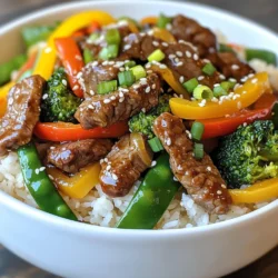 - 1 lb (450 g) beef sirloin, thinly sliced - 2 tablespoons sesame oil - 2 cloves garlic, minced - 1 tablespoon fresh ginger, grated - 1 cup bell peppers, sliced (mixed colors) - 1 cup broccoli florets - 1 cup snap peas - 2 tablespoons soy sauce (or tamari for gluten-free) - 1 tablespoon honey or maple syrup - 1 tablespoon rice vinegar - 2 green onions, chopped (for garnish) - 2 tablespoons sesame seeds (for garnish) - Cooked jasmine or brown rice (for serving) These ingredients create a balanced dish. The beef gives protein, while the veggies add color and nutrients. The sesame oil and ginger provide a rich flavor that ties everything together. You can try adding a few extras to enhance the dish. Consider adding: - Carrots, sliced thinly for extra sweetness. - Mushrooms for an earthy taste. - Red pepper flakes for heat. - Peanuts or cashews for crunch. These options allow you to customize the stir fry. They can change the dish's taste and texture, making it feel new each time. Each serving of this stir fry offers: - Calories: 350 - Protein: 30 g - Carbohydrates: 30 g - Fat: 15 g - Fiber: 5 g This meal is filling and nutritious. It provides good protein and fiber, making it a smart choice for dinner. {{ingredient_image_1}} Start by slicing the beef sirloin thinly. This helps it cook fast. Place the beef in a bowl. Add one tablespoon of sesame oil to coat it. Let it sit for about 15 minutes. This makes the beef tender and flavorful. Heat a large skillet or wok over medium-high heat. Pour in the remaining tablespoon of sesame oil. Once the oil is hot, add the marinated beef. Stir it quickly to sear the meat. Cook for 3 to 4 minutes until it’s nicely browned. Once cooked, remove the beef from the pan and set it aside. In the same hot pan, toss in the minced garlic and grated ginger. Stir-fry these for about 30 seconds. You want them to be fragrant but not burnt. Next, add the sliced bell peppers, broccoli florets, and snap peas. Stir-fry the vegetables for 3 to 5 minutes. They should be tender-crisp and bright. Now, return the cooked beef to the skillet. Pour in the soy sauce, honey (or maple syrup), and rice vinegar. Mix all the ingredients well. Cook for another 2 minutes. This allows the sauce to coat the beef and veggies nicely. When ready to serve, remove the stir fry from heat. Serve it over jasmine or brown rice in a shallow bowl. For a nice finishing touch, sprinkle with chopped green onions and sesame seeds. You can even drizzle a little sesame oil on top for extra flavor. Enjoy your meal! To get a nice sear on your beef, start with dry slices. Pat the beef with paper towels to remove moisture. This step helps the meat sear well and not steam. Heat the pan until it's hot, then add the beef in a single layer. Avoid crowding the pan; this can cause the beef to cook unevenly. Sear for 3-4 minutes, then flip to brown all sides. This keeps the beef juicy and adds flavor. Cut your vegetables into even sizes. This helps them cook evenly and look nice. For bell peppers, slice them into strips. For broccoli, break the florets into smaller pieces. Snap peas can stay whole. The goal is to have a mix of colors and textures. This not only looks great but also adds to the taste. Balancing flavors is key in any stir fry. If your dish is too salty, add a bit of honey or maple syrup. This will counteract the saltiness. If it's too sweet, a splash of soy sauce or rice vinegar can help. Taste as you go and adjust. Each person's taste is different, so don’t be afraid to experiment! Pro Tips Marinate for Flavor: Allowing the beef to marinate for at least 15 minutes enhances its flavor and tenderness. For even more depth, consider marinating it longer, up to 2 hours, in the refrigerator. High Heat is Key: Stir-frying works best at high heat, allowing the beef and vegetables to sear quickly. This preserves their texture and flavor, so ensure your pan is hot before adding ingredients. Prep Ahead: Chop and prep all your vegetables before starting to cook. This will help the stir-frying process go smoothly and quickly, ensuring everything cooks evenly. Garnish Smartly: For an extra touch, use fresh herbs like cilantro or basil in addition to the green onions. They add a burst of freshness that complements the sesame and ginger flavors beautifully. {{image_2}} You can easily make this dish vegetarian. Use tofu or tempeh instead of beef. Both soak up flavor well. Press tofu to remove excess water. Then, cut it into cubes. Sauté the cubes until golden. This gives a nice texture. You can also use seitan for a meat-like option. Just slice and cook it the same way as beef. If you need a gluten-free version, swap regular soy sauce for tamari. Tamari tastes similar but is gluten-free. You can also check labels for certified gluten-free sauces. Use rice vinegar; it is naturally gluten-free. Want some heat? Add fresh chilis or chili paste. Slice fresh chilis and toss them in when cooking. If you like it extra spicy, try a pinch of red pepper flakes. This adds great flavor and warmth. Make sure to adjust the amount based on your spice level. Enjoy experimenting! Store your leftover sesame ginger beef stir fry in an airtight container. It will stay fresh in the fridge for up to three days. Make sure to cool the stir fry to room temperature before sealing it. This helps keep the flavors intact and prevents sogginess. You can freeze the stir fry for longer storage. Place it in a freezer-safe container or a resealable bag. Be sure to remove as much air as possible to prevent freezer burn. It can last for up to three months in the freezer. When ready to eat, thaw it in the fridge overnight. To reheat, you can use a skillet or microwave. If using a skillet, add a small splash of water to help steam the dish. Heat it over medium heat until warmed through, stirring occasionally. If using a microwave, cover the bowl with a lid or microwave-safe wrap. Heat in short bursts, stirring in between, until hot. Enjoy your meal! To make Sesame Ginger Beef Stir Fry, start by marinating the beef. Slice 1 lb of beef sirloin thinly. Mix it with 1 tablespoon of sesame oil in a bowl. Let it sit for 15 minutes. Heat a large skillet over medium-high heat and add the remaining sesame oil. Next, cook the beef for 3-4 minutes until browned. Remove it from the pan and set aside. In the same pan, add 2 cloves of minced garlic and 1 tablespoon of grated ginger. Stir-fry for 30 seconds. Then, toss in 1 cup of sliced bell peppers, 1 cup of broccoli florets, and 1 cup of snap peas. Stir-fry for 3-5 minutes. Finally, add the beef back into the pan. Mix in 2 tablespoons of soy sauce, 1 tablespoon of honey, and 1 tablespoon of rice vinegar. Cook for an additional 2 minutes before serving over rice. Yes, you can use different meats for this stir fry. Chicken, pork, or tofu work well. Just ensure you cut them into thin pieces for quick cooking. Adjust the cooking time based on the type of meat you choose. Chicken and pork may need a few extra minutes. Tofu should be firm and cooked until golden. Great side dishes for Sesame Ginger Beef Stir Fry include jasmine rice or brown rice. They soak up the tasty sauce well. You can also serve it with a side of spring rolls or a simple cucumber salad. These sides add freshness and crunch to your meal. To make this dish more nutritious, add more vegetables. Try adding carrots, zucchini, or mushrooms. You can also use brown rice instead of white rice for more fiber. Another option is to reduce the amount of soy sauce and honey for a lighter dish. Adding nuts like cashews or almonds can boost protein and healthy fats. This blog post highlighted how to make a delicious Sesame Ginger Beef Stir Fry. We covered the key ingredients, preparation steps, and cooking tips. You also learned about variations to suit different diets. Remember, fresh ingredients make a big difference. Experimenting with flavors can elevate your dish. Proper storage will help maintain taste and texture. Enjoy stirring up this meal with confidence. Keep these tips in mind to impress family and friends!