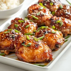 - 4 bone-in chicken thighs, skin-on - 1/3 cup honey - 4 cloves garlic, minced - 2 tablespoons low-sodium soy sauce - 1 tablespoon Dijon mustard - 1 tablespoon rice vinegar - 1 teaspoon grated fresh ginger - Salt and pepper to taste - 2 tablespoons sesame oil - 2 green onions, chopped - Sesame seeds - Mixing bowl - Whisk - Resealable plastic bag or shallow dish - Large oven-safe skillet - Oven - Meat thermometer {{ingredient_image_1}} To make the marinade, gather your mixing bowl. Add 1/3 cup of honey, 4 minced garlic cloves, 2 tablespoons of low-sodium soy sauce, 1 tablespoon of Dijon mustard, 1 tablespoon of rice vinegar, and 1 teaspoon of grated fresh ginger. Sprinkle in some salt and pepper. Whisk everything together until it blends well. This mix gives the chicken a sweet and savory flavor. Take 4 bone-in chicken thighs and place them in a resealable plastic bag or a shallow dish. Pour your marinade over the chicken, ensuring each piece is well-coated. Seal the bag or cover the dish tightly. Refrigerate it for at least 30 minutes. If you want a deeper flavor, marinate for up to 2 hours. This step is key for tasty chicken. Preheat your oven to 400°F (200°C). While it heats, grab a large oven-safe skillet and add 2 tablespoons of sesame oil. Heat it on medium-high heat. Remove the chicken from the marinade, allowing excess liquid to drip off, but keep the marinade for later. Place the chicken thighs skin-side down in the skillet. Sear them for about 5-7 minutes until they turn golden brown. Flip the thighs and sear the other side for another 5 minutes. After searing, pour the reserved marinade over the chicken thighs. Transfer the skillet to your preheated oven. Bake for 25-30 minutes, or until the chicken reaches an internal temperature of 165°F (75°C). The skin should look caramelized and delicious. Once done, let the chicken rest for a few minutes before serving. This helps keep the juices inside. Feel free to garnish with chopped green onions and sesame seeds. Serve it all on a large platter, drizzling any extra sauce from the skillet on top for a beautiful finish. Enjoy your flavorful meal! To get the best taste from your honey garlic chicken thighs, marinate them well. A good marinade blends sweet honey with savory garlic, soy sauce, and hints of ginger. I like to let the chicken soak for at least 30 minutes. If you have time, two hours deepens the flavor even more. This mix makes the meat juicy and packed with taste. Start by searing the chicken in sesame oil. This step creates a crispy skin. Heat the oil over medium-high heat. Cook the chicken skin-side down for 5 to 7 minutes. When it turns golden brown, flip it and sear the other side for 5 more minutes. This technique seals in juices. After searing, bake the chicken in the oven with the reserved marinade. Bake until it reaches 165°F. This ensures the chicken is tender and fully cooked. One common mistake is not marinating long enough. Skipping this step means missing out on flavor. Another mistake is cooking at too high a heat. High heat can burn the skin before the chicken cooks through. Lastly, don’t rush the resting time after baking. Letting the chicken rest for a few minutes keeps it juicy. Follow these tips for a perfect dish every time. Pro Tips Marination Time: Allow the chicken to marinate for at least 2 hours, or overnight if possible, to enhance the flavors. Heat Control: Ensure your skillet is hot enough before adding the chicken to achieve a nice sear, which helps to lock in moisture. Resting Period: Let the chicken rest for a few minutes after baking to allow the juices to redistribute, resulting in juicier meat. Garnish Thoughtfully: Fresh herbs and a sprinkle of sesame seeds not only enhance the presentation but also add a fresh flavor contrast. {{image_2}} You can switch up the protein in this recipe. Try using bone-in chicken breasts or drumsticks. For a twist, use pork chops or tofu for a vegetarian option. Each protein absorbs the honey garlic flavor well. Just adjust the cooking time based on the protein you choose. Remember, chicken needs to hit 165°F to be safe. Feel free to get creative with the marinade. You can replace honey with maple syrup for a different sweetness. Use balsamic vinegar instead of rice vinegar for a richer taste. If you like a kick, add red pepper flakes or chili paste. These changes let you customize the flavor to your liking. Serve honey garlic chicken thighs on a large platter. Drizzle leftover sauce from the skillet over the top. Pair this dish with steamed jasmine rice or stir-fried vegetables. You can also add a fresh salad for crunch. Don't forget to sprinkle sesame seeds and green onions for a pop of color! To store leftover chicken thighs, let them cool first. Place the chicken in an airtight container. Make sure to cover it tightly. Store it in the fridge for up to three days. Label the container with the date. This way, you won't forget when you made it. If you want to enjoy it later, consider freezing. To freeze the chicken thighs, follow these steps. Cool the chicken completely. Wrap each thigh in plastic wrap or foil. Place the wrapped thighs in a freezer-safe bag. Squeeze out as much air as possible. Label the bag with the date. You can freeze them for up to three months. When you’re ready to eat, just thaw them in the fridge overnight. When reheating, keep the chicken juicy and tasty. Preheat your oven to 350°F (175°C). Place the chicken in a baking dish. Add a splash of water or broth to keep it moist. Cover the dish with foil. Heat for about 20-25 minutes. Check that the internal temperature reaches 165°F (75°C). You can also reheat in the microwave for quick meals. Just cover it with a damp paper towel to avoid dryness. To check if chicken thighs are done, use a meat thermometer. Insert it into the thickest part of the thigh. The safe internal temperature is 165°F (75°C). If you do not have a thermometer, cut into the chicken. The juices should run clear, not pink. This method helps ensure you enjoy safe and tasty chicken. Yes, you can use boneless chicken thighs. They will cook faster than bone-in thighs. Adjust the cooking time to about 20-25 minutes in the oven. Keep an eye on the internal temperature to ensure they reach 165°F (75°C). This option makes for quick cooking and easy eating. You can marinate the chicken thighs for at least 30 minutes. For deeper flavor, marinate them up to 2 hours. If you want to marinate longer, do not exceed 24 hours. Longer marinating can make the chicken too salty from the soy sauce. Honey garlic chicken thighs pair well with many sides. Here are some great options: - Steamed jasmine rice - Stir-fried vegetables - Garlic mashed potatoes - Quinoa salad - Roasted broccoli These sides balance the sweet and savory flavors of the chicken. Choose your favorite for a complete meal! You now have the skills to make delicious honey garlic chicken thighs. We covered the main ingredients, key steps, and common cooking mistakes. Remember to marinate, sear, and bake to get the best flavor. Explore variations and pairings for unique meals. Proper storage helps you enjoy leftovers. Follow these tips, and you'll impress everyone with your cooking. Enjoy your time in the kitchen and have fun experimenting!