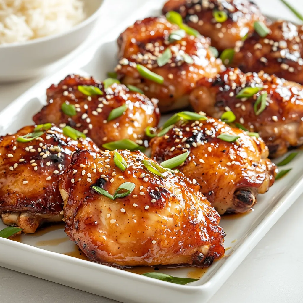 - 4 bone-in chicken thighs, skin-on - 1/3 cup honey - 4 cloves garlic, minced - 2 tablespoons low-sodium soy sauce - 1 tablespoon Dijon mustard - 1 tablespoon rice vinegar - 1 teaspoon grated fresh ginger - Salt and pepper to taste - 2 tablespoons sesame oil - 2 green onions, chopped - Sesame seeds - Mixing bowl - Whisk - Resealable plastic bag or shallow dish - Large oven-safe skillet - Oven - Meat thermometer {{ingredient_image_1}} To make the marinade, gather your mixing bowl. Add 1/3 cup of honey, 4 minced garlic cloves, 2 tablespoons of low-sodium soy sauce, 1 tablespoon of Dijon mustard, 1 tablespoon of rice vinegar, and 1 teaspoon of grated fresh ginger. Sprinkle in some salt and pepper. Whisk everything together until it blends well. This mix gives the chicken a sweet and savory flavor. Take 4 bone-in chicken thighs and place them in a resealable plastic bag or a shallow dish. Pour your marinade over the chicken, ensuring each piece is well-coated. Seal the bag or cover the dish tightly. Refrigerate it for at least 30 minutes. If you want a deeper flavor, marinate for up to 2 hours. This step is key for tasty chicken. Preheat your oven to 400°F (200°C). While it heats, grab a large oven-safe skillet and add 2 tablespoons of sesame oil. Heat it on medium-high heat. Remove the chicken from the marinade, allowing excess liquid to drip off, but keep the marinade for later. Place the chicken thighs skin-side down in the skillet. Sear them for about 5-7 minutes until they turn golden brown. Flip the thighs and sear the other side for another 5 minutes. After searing, pour the reserved marinade over the chicken thighs. Transfer the skillet to your preheated oven. Bake for 25-30 minutes, or until the chicken reaches an internal temperature of 165°F (75°C). The skin should look caramelized and delicious. Once done, let the chicken rest for a few minutes before serving. This helps keep the juices inside. Feel free to garnish with chopped green onions and sesame seeds. Serve it all on a large platter, drizzling any extra sauce from the skillet on top for a beautiful finish. Enjoy your flavorful meal! To get the best taste from your honey garlic chicken thighs, marinate them well. A good marinade blends sweet honey with savory garlic, soy sauce, and hints of ginger. I like to let the chicken soak for at least 30 minutes. If you have time, two hours deepens the flavor even more. This mix makes the meat juicy and packed with taste. Start by searing the chicken in sesame oil. This step creates a crispy skin. Heat the oil over medium-high heat. Cook the chicken skin-side down for 5 to 7 minutes. When it turns golden brown, flip it and sear the other side for 5 more minutes. This technique seals in juices. After searing, bake the chicken in the oven with the reserved marinade. Bake until it reaches 165°F. This ensures the chicken is tender and fully cooked. One common mistake is not marinating long enough. Skipping this step means missing out on flavor. Another mistake is cooking at too high a heat. High heat can burn the skin before the chicken cooks through. Lastly, don’t rush the resting time after baking. Letting the chicken rest for a few minutes keeps it juicy. Follow these tips for a perfect dish every time. Pro Tips Marination Time: Allow the chicken to marinate for at least 2 hours, or overnight if possible, to enhance the flavors. Heat Control: Ensure your skillet is hot enough before adding the chicken to achieve a nice sear, which helps to lock in moisture. Resting Period: Let the chicken rest for a few minutes after baking to allow the juices to redistribute, resulting in juicier meat. Garnish Thoughtfully: Fresh herbs and a sprinkle of sesame seeds not only enhance the presentation but also add a fresh flavor contrast. {{image_2}} You can switch up the protein in this recipe. Try using bone-in chicken breasts or drumsticks. For a twist, use pork chops or tofu for a vegetarian option. Each protein absorbs the honey garlic flavor well. Just adjust the cooking time based on the protein you choose. Remember, chicken needs to hit 165°F to be safe. Feel free to get creative with the marinade. You can replace honey with maple syrup for a different sweetness. Use balsamic vinegar instead of rice vinegar for a richer taste. If you like a kick, add red pepper flakes or chili paste. These changes let you customize the flavor to your liking. Serve honey garlic chicken thighs on a large platter. Drizzle leftover sauce from the skillet over the top. Pair this dish with steamed jasmine rice or stir-fried vegetables. You can also add a fresh salad for crunch. Don't forget to sprinkle sesame seeds and green onions for a pop of color! To store leftover chicken thighs, let them cool first. Place the chicken in an airtight container. Make sure to cover it tightly. Store it in the fridge for up to three days. Label the container with the date. This way, you won't forget when you made it. If you want to enjoy it later, consider freezing. To freeze the chicken thighs, follow these steps. Cool the chicken completely. Wrap each thigh in plastic wrap or foil. Place the wrapped thighs in a freezer-safe bag. Squeeze out as much air as possible. Label the bag with the date. You can freeze them for up to three months. When you’re ready to eat, just thaw them in the fridge overnight. When reheating, keep the chicken juicy and tasty. Preheat your oven to 350°F (175°C). Place the chicken in a baking dish. Add a splash of water or broth to keep it moist. Cover the dish with foil. Heat for about 20-25 minutes. Check that the internal temperature reaches 165°F (75°C). You can also reheat in the microwave for quick meals. Just cover it with a damp paper towel to avoid dryness. To check if chicken thighs are done, use a meat thermometer. Insert it into the thickest part of the thigh. The safe internal temperature is 165°F (75°C). If you do not have a thermometer, cut into the chicken. The juices should run clear, not pink. This method helps ensure you enjoy safe and tasty chicken. Yes, you can use boneless chicken thighs. They will cook faster than bone-in thighs. Adjust the cooking time to about 20-25 minutes in the oven. Keep an eye on the internal temperature to ensure they reach 165°F (75°C). This option makes for quick cooking and easy eating. You can marinate the chicken thighs for at least 30 minutes. For deeper flavor, marinate them up to 2 hours. If you want to marinate longer, do not exceed 24 hours. Longer marinating can make the chicken too salty from the soy sauce. Honey garlic chicken thighs pair well with many sides. Here are some great options: - Steamed jasmine rice - Stir-fried vegetables - Garlic mashed potatoes - Quinoa salad - Roasted broccoli These sides balance the sweet and savory flavors of the chicken. Choose your favorite for a complete meal! You now have the skills to make delicious honey garlic chicken thighs. We covered the main ingredients, key steps, and common cooking mistakes. Remember to marinate, sear, and bake to get the best flavor. Explore variations and pairings for unique meals. Proper storage helps you enjoy leftovers. Follow these tips, and you'll impress everyone with your cooking. Enjoy your time in the kitchen and have fun experimenting!