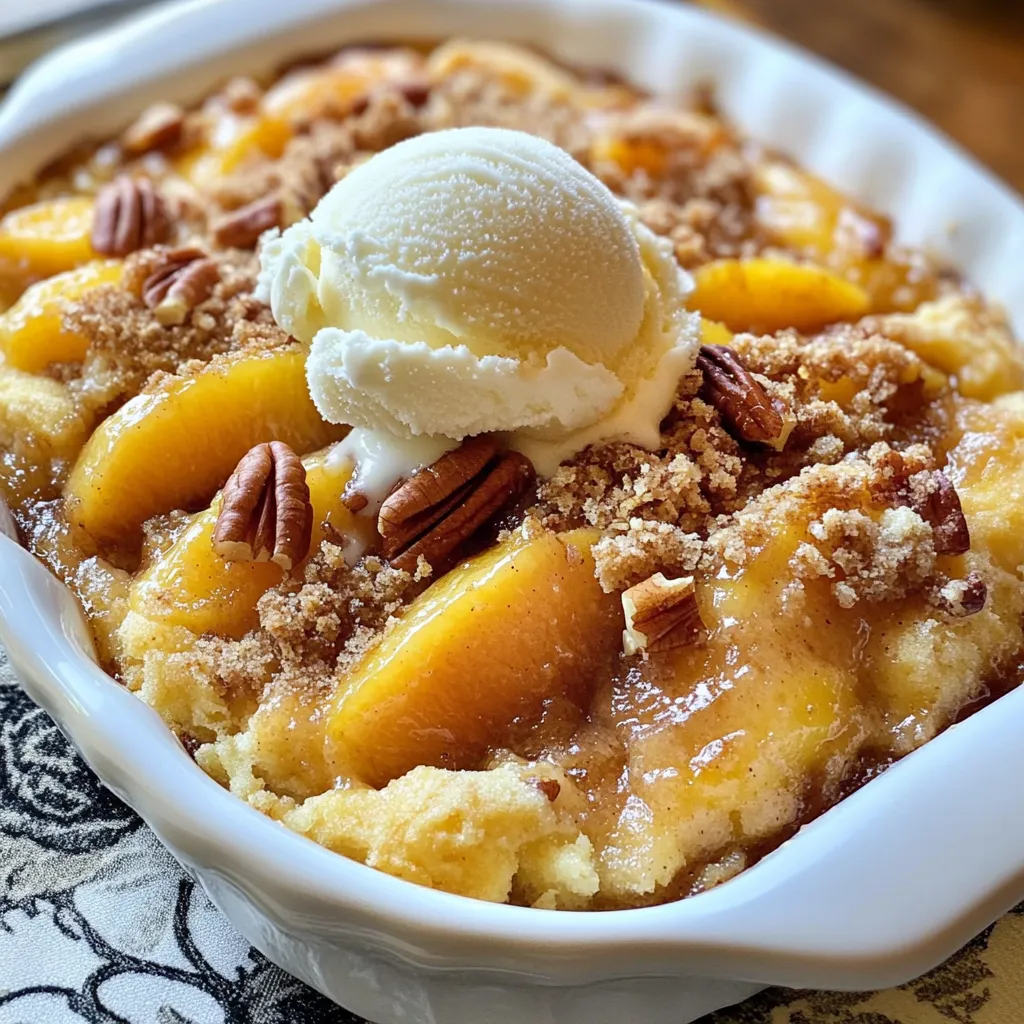 To make this tasty dessert, you need the following ingredients: - 2 cans (15 oz each) sliced peaches in syrup - 1 cup granulated sugar - 1 teaspoon ground cinnamon - 1 box yellow cake mix (15.25 oz) - 1 cup unsalted butter (2 sticks), melted - 1 cup chopped pecans (optional) - Vanilla ice cream (for serving, optional) These ingredients blend together to create a warm and sweet treat. If you want to mix things up, here are some great swaps: - Use fresh peaches instead of canned ones for a fresher taste. - Substitute brown sugar for granulated sugar to add depth. - Try using a gluten-free cake mix if you need a gluten-free option. - Swap out pecans for walnuts or almonds if you prefer those nuts. - For a dairy-free version, use margarine instead of butter. These substitutions can still create a delicious dump cake! To make this dish, you will need some basic kitchen tools: - A large mixing bowl for combining ingredients - A 9x13 inch baking dish for baking - A measuring cup for accurate measurements - A measuring spoon for spices - A spatula for mixing and spreading Having these tools will make your baking experience easier and more fun! {{ingredient_image_1}} Making Peach Cobbler Dump Cake is simple and quick. First, gather your ingredients. You need two cans of sliced peaches, sugar, cinnamon, a box of yellow cake mix, melted butter, and optional pecans. 1. Open the peach cans and pour them into a large bowl. 2. Add one cup of granulated sugar and one teaspoon of ground cinnamon. 3. Mix the ingredients gently until they blend well. 4. Grease a 9x13 inch baking dish. Next, preheat your oven to 350°F (175°C). This temperature helps the cake bake evenly. While the oven heats, spread the peach mixture in the greased baking dish. Make sure the peaches cover the bottom evenly. 1. Open the box of yellow cake mix. 2. Sprinkle it evenly over the peach layer in the dish. 3. Pour one cup of melted butter over the dry cake mix. Do not mix the butter in! Keeping it on top adds a nice texture. Now it’s time to bake! Place the dish in your preheated oven. Bake for 35 to 40 minutes. You want the top to turn golden brown and see the peaches bubbling up. After baking, take the dish out of the oven. Let it cool for a few minutes before serving. This dessert is best warm. If you like, serve it with vanilla ice cream on top for a cool, creamy treat. Enjoy your sweet creation! To get the best texture, start with the right oven temperature. Preheat your oven to 350°F (175°C). This helps the cake cook evenly. When you pour melted butter over the cake mix, do not stir. Leave it as is. This will help form a crunchy top and a soft peach layer below. Make sure the cake mix fully covers the peaches. It helps keep moisture in and adds flavor. One common mistake is stirring the melted butter into the cake mix. This will change the texture and ruin the dish. Another mistake is not using enough sugar. The peaches can be tart, so sugar balances their flavor. Lastly, avoid overbaking. If you see a golden-brown top and bubbling peaches, it’s ready. If you bake too long, it may dry out. Serve the dump cake warm for the best taste. A scoop of vanilla ice cream on top adds a nice touch. The cold ice cream melts slightly on the warm cake, creating a yummy contrast. You can also sprinkle some chopped pecans on top for crunch. Pairing with fresh mint leaves can add a hint of freshness. Enjoy it as a delightful dessert after any meal! Pro Tips Quality Peaches: Use fresh or high-quality canned peaches for the best flavor. If using canned, choose those packed in juice rather than syrup for a lighter taste. Butter Distribution: Drizzle the melted butter evenly over the cake mix without stirring for a delightful crispy topping. This helps create a unique texture. Serving Suggestions: Serve warm with a scoop of vanilla ice cream or whipped cream to enhance the dish's sweetness and create a delicious contrast. Storage Tips: Leftovers can be stored in the refrigerator for up to 3 days. Reheat in the microwave for a quick dessert fix! {{image_2}} You can change the fruit in this dump cake. Try using sliced pears or cherries for a twist. You can also mix different fruits. A blend of peaches and blueberries works well. This adds a nice color and flavor. To make this dessert vegan, swap the butter for coconut oil or vegan butter. Choose a gluten-free cake mix to make it gluten-free. This way, everyone can enjoy this tasty treat without worry. You can add nuts for a crunch. Chopped pecans or walnuts work great. Sprinkle some extra cinnamon or nutmeg for warmth. If you love chocolate, try adding chocolate chips. For serving, a scoop of vanilla ice cream on top makes it special. Enjoy these fun changes to make your Peach Cobbler Dump Cake even more delicious! After you enjoy your peach cobbler dump cake, store any leftovers in an airtight container. This will keep the cake moist and fresh. Place it in the fridge if you plan to eat it soon. It will last for about 3 to 4 days in the refrigerator. If you want to keep it longer, freezing is a great option. To freeze your peach cobbler dump cake, first let it cool down completely. Once it’s cool, cut it into pieces. Wrap each piece tightly in plastic wrap or foil. Place the wrapped pieces in a freezer-safe bag. This way, you can enjoy a slice later. The cake will stay good in the freezer for up to 2 months. When you are ready to eat your frozen peach cobbler dump cake, take it out of the freezer. Remove the wrapping and place it on a microwave-safe plate. Heat it in the microwave for about 30 seconds to 1 minute. For a crispier top, you can reheat it in the oven. Preheat your oven to 350°F (175°C) and bake for about 10-15 minutes. Enjoy it warm, maybe with a scoop of ice cream! Yes, you can use fresh peaches! Just peel and slice them. You will need about 4 cups of fresh peaches. Add some sugar to help bring out their sweet flavor. You can also add a bit of water to keep them juicy. Fresh peaches make the dish bright and fresh. Look for a golden brown top. The cake will bubble around the edges. It should smell sweet and warm. You can also insert a toothpick into the top. If it comes out clean, the cake is ready. Let it cool for a bit before serving. This dump cake tastes great on its own, but you can add more fun! A scoop of vanilla ice cream on top makes it special. Whipped cream also works well. You might try some fresh berries for a nice touch. Yes! You can cut back on the sugar. Try using half a cup instead of a full cup. You could also use sweetener if you want. Adding lemon juice helps balance the sweetness, too. Now you know how to make Peach Cobbler Dump Cake. We covered the key ingredients, tools, and step-by-step cooking instructions. I shared tips to help you avoid common mistakes and achieve the perfect texture. We also explored fun variations and storage tips to keep your dessert fresh. Remember, you can always adapt this recipe to fit your taste. Enjoy making this delightful treat your way, whether for you or to share with others. Happy baking!