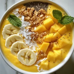 - 1 ripe mango, peeled and diced - 1 cup fresh pineapple, chopped - 1 frozen banana - 1/2 cup coconut milk (or any milk of choice) - 1 tablespoon honey or maple syrup (optional) - 1/4 teaspoon vanilla extract To create a Mango Pineapple Smoothie Bowl, you need fresh fruit. Start with a ripe mango that is sweet and fragrant. Choose a juicy pineapple for a bright flavor. A frozen banana adds creaminess and thickness. Coconut milk makes it rich and smooth. You can add honey or maple syrup for sweetness. A splash of vanilla extract enhances the taste. - Sliced banana - Shredded coconut - Chia seeds - Granola - Fresh mint leaves Toppings make your bowl fun and tasty. Sliced banana adds extra fruitiness. Shredded coconut gives a tropical twist. Chia seeds are great for texture and health. Granola adds crunch and fiber. Fresh mint leaves finish the look and add a cool flavor. You can mix and match toppings based on your mood. Enjoy creating your own unique smoothie bowl! {{ingredient_image_1}} Start by gathering all your main ingredients. You need: - 1 ripe mango, peeled and diced - 1 cup fresh pineapple, chopped - 1 frozen banana - 1/2 cup coconut milk (or any milk of choice) - 1 tablespoon honey or maple syrup (optional) - 1/4 teaspoon vanilla extract In a high-speed blender, combine the diced mango, chopped pineapple, frozen banana, and coconut milk. If you like it sweeter, add honey or maple syrup. Also, mix in the vanilla extract for extra flavor. Blend everything until it is smooth and creamy. This step is crucial for a great smoothie. If you notice any chunks, stop the blender. Use a spatula to scrape down the sides. Blend again until fully combined. Once your mixture is smooth, pour it into a bowl. Now comes the fun part! Arrange your toppings for a beautiful finish. Start with sliced banana, then sprinkle on shredded coconut, chia seeds, and granola. Top it off with fresh mint leaves for a bright touch. Enjoy your colorful and tasty smoothie bowl right away! To get the best texture, always use a frozen banana. It adds creaminess and chill. I recommend a high-speed blender for smooth results. Brands like Vitamix or Ninja work well. These blenders crush ice and frozen fruit easily. Arranging toppings makes your bowl look amazing. Start with sliced banana in a circle. Then sprinkle shredded coconut and chia seeds. You can add granola for crunch. Finish with fresh mint leaves for color and freshness. It makes a fun dish to eat. For a healthier option, try natural sweeteners like agave or stevia. You can adjust sweetness to your taste. Add honey or maple syrup if you want it sweeter. Always taste as you go. This way, you find the perfect balance for your bowl. Pro Tips Choose Ripe Fruits: Make sure your mango and pineapple are fully ripe for the sweetest flavor and best texture in your smoothie bowl. Freeze Bananas Ahead: For the creamiest smoothie bowl, always use frozen bananas. Peel and slice ripe bananas, then freeze them in a single layer in a zip-top bag. Adjust Consistency: If your smoothie bowl is too thick, add a splash more coconut milk. For a thicker bowl, add more frozen fruit. Mix Up Toppings: Feel free to customize your toppings! Try adding nuts, seeds, or different fruits based on your preference for added texture and nutrition. {{image_2}} You can change the fruit in your smoothie bowl to mix things up. Try using different tropical fruits like papaya, kiwi, or passion fruit. These fruits bring unique flavors and colors to your dish. You can also use berries, like strawberries or blueberries, for a tangy twist. Mixing berries with mango or pineapple can create a vibrant and tasty bowl. Milk plays a big role in your smoothie bowl's taste and texture. You can use coconut milk for a creamy feel and tropical taste. If you want a lighter option, almond milk works great too. Oat milk has a mild flavor that won't overpower your fruits. Each milk type can change the overall flavor and thickness, so try different ones to find your favorite. Toppings can make your smoothie bowl even more special. You can add nut butters like almond or peanut for a rich taste. Seeds like pumpkin or sunflower add a nice crunch. Yogurt layers can boost the protein in your bowl too. This gives your smoothie a creamy texture and extra nutrients. Don’t forget to make your bowl look pretty with colorful toppings! To store leftover smoothie mix, pour it into an airtight container. Seal it tightly and place it in the fridge. It stays fresh for up to two days. If you want to keep it longer, freezing is a great option. For freezing portions, use ice cube trays. Fill each slot with the leftover smoothie. Once frozen, pop the cubes into a freezer bag. This way, you can grab a few cubes for a quick smoothie later. Look for signs of spoilage in your smoothie ingredients. If fruits smell bad or look mushy, it’s time to toss them. Fresh pineapple should be bright and firm. Mangoes should yield slightly to pressure when ripe. For storage containers, use glass or BPA-free plastic. These keep your smoothie mix smooth and fresh. A wide-mouth jar works well, allowing easy pouring and cleaning. Yes, you can make this smoothie bowl ahead of time. To prepare it, blend the base and store it in the fridge. Use an airtight container for best results. It will stay fresh for about 24 hours. Add toppings just before serving. This keeps them crunchy and fresh. This smoothie bowl fits many diets. It is vegan, gluten-free, and low-calorie. The base has no dairy, making it a great choice for those avoiding animal products. If you skip the sweetener, it can also be lower in calories. Always check your toppings to ensure they fit your diet. To make your smoothie bowl thicker, try these tips: - Use more frozen fruits, like banana or mango. - Add less liquid, starting with just a splash of coconut milk. - Include ingredients like avocado for creaminess. - Blend less, so the mix stays thick. Experiment until you find the perfect texture! Making a Mango Pineapple Smoothie Bowl is simple and fun. You now know the key ingredients and how to blend them well. Remember to add toppings that make your bowl pop. Feel free to try different fruits or milk options for a unique taste. Plan ahead to store any leftovers safely. Smoothie bowls are delicious and fit many diets too. Enjoy creating your healthy treat and share it with friends!
