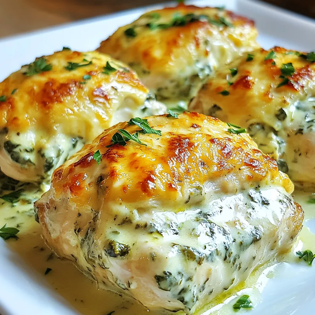 To make Creamy Spinach Artichoke Chicken, you need these main ingredients: - 4 boneless, skinless chicken breasts - 1 cup fresh spinach, chopped - 1 cup artichoke hearts, drained and roughly chopped - 1 cup cream cheese, softened - ½ cup sour cream - 1 cup shredded mozzarella cheese - ½ cup grated Parmesan cheese - 3 cloves garlic, minced - 1 tablespoon olive oil - Salt and pepper to taste - 1 teaspoon Italian seasoning - Fresh parsley, chopped (for garnish) These ingredients come together to create a rich and creamy sauce. The blend of cheeses makes the dish extra delicious. If you want to boost the flavor, consider adding: - Red pepper flakes for heat - Lemon juice for brightness - Fresh herbs like basil or thyme - A dash of Worcestershire sauce for depth These ingredients can take your dish to the next level. They add new tastes and make each bite exciting. Using the right tools makes cooking easier. Here are some recommended items: - A large skillet for sautéing - A baking dish for the chicken - Mixing bowls for combining ingredients - A sharp knife for chopping Having these tools on hand will help you prepare the meal smoothly. They ensure you have a great cooking experience. {{ingredient_image_1}} First, preheat your oven to 375°F (190°C). This step is crucial for even cooking. Next, take your chicken breasts and season them with salt and pepper. Make sure you coat both sides well. This simple seasoning will enhance the chicken's flavor. Place the seasoned chicken in a baking dish, ready for the creamy topping. In a large skillet, heat one tablespoon of olive oil over medium heat. Add three minced garlic cloves and sauté them for about one minute. This brings out the garlic's nice aroma. Now, add one cup of chopped spinach and one cup of drained, roughly chopped artichoke hearts. Cook this mixture for about three to four minutes. You want the spinach to wilt and everything to heat through. In a medium bowl, mix together one cup of softened cream cheese, half a cup of sour cream, one cup of shredded mozzarella, and half a cup of grated Parmesan cheese. Stir this mixture well until it is smooth and creamy. Then, add the spinach and artichoke mixture to the bowl. Mix everything until fully combined. This mixture will be rich and tasty. Now, spread the creamy spinach artichoke mixture evenly over the chicken breasts in the baking dish. Cover the dish with aluminum foil. This helps to keep the moisture in. Bake in the oven for 25 minutes. After that, remove the foil and bake for another 10 to 15 minutes. The chicken should reach an internal temperature of 165°F (74°C). The top should also be bubbly and golden. Once done, let the dish rest for a few minutes. This helps the juices settle. Before serving, sprinkle with fresh chopped parsley for a pop of color and flavor. Enjoy your meal! To get juicy chicken, start with boneless, skinless breasts. Season them well with salt and pepper. Use a meat thermometer to check the internal temperature. You want it to reach 165°F (74°C). Bake the chicken covered for half the time. This helps keep moisture inside. Remove the foil later to brown the top. If you have leftovers, let them cool first. Place them in an airtight container. They will stay fresh for about three days in the fridge. For longer storage, freeze them in a freezer-safe bag. Squeeze out as much air as you can. This helps prevent freezer burn. Add extra flavor by using herbs and spices. Italian seasoning adds a nice touch. You can also try garlic powder or onion powder. Fresh herbs like basil or thyme work great too. Just sprinkle them on top before baking. This will give your dish a fresh taste. Pro Tips Use Fresh Ingredients: Always opt for fresh spinach and artichokes for a brighter flavor and better texture in your dish. Season Well: Don’t skimp on salt and pepper when seasoning the chicken; it enhances the overall flavor of the dish. Check Doneness: Use a meat thermometer to ensure your chicken reaches an internal temperature of 165°F (74°C) for perfect doneness. Make Ahead: Prepare the spinach artichoke mixture a day in advance and store in the refrigerator to save time on cooking day. {{image_2}} You can easily adjust this recipe for dietary needs. If you're dairy-free, try using a non-dairy cream cheese. For a low-carb option, skip the sour cream and use cauliflower puree instead. If gluten is a concern, ensure all ingredients are gluten-free. You can also swap chicken for tofu or tempeh for a vegan option. This keeps the flavors while meeting your needs. Feel free to get creative with this dish! Adding crispy bacon gives a nice crunch and a smoky flavor. You can also mix in sautéed mushrooms for an earthy taste. If you love more greens, add kale or broccoli. These extras not only enhance flavor but also boost nutrition. Just remember to adjust cooking time if you add larger items. This creamy spinach artichoke chicken pairs well with many sides. Consider serving it with jasmine rice or quinoa for a healthy grain option. A fresh salad or steamed veggies make a great light side. For a cozy meal, mashed potatoes work nicely too. You can also try garlic bread for that extra comfort! To keep your Creamy Spinach Artichoke Chicken fresh, store it properly. Let the dish cool first. Transfer leftovers to an airtight container. Make sure to seal it well. Store in the fridge for up to three days. Label the container with the date. This way, you’ll know when to use it. You can freeze this dish for longer storage. First, let it cool completely. Then, place the chicken in a freezer-safe container. Make sure to wrap it tightly to prevent freezer burn. You can also use freezer bags. Remove as much air as possible. This way, it can last up to three months. When ready to eat, thaw it in the fridge overnight. Reheat your Creamy Spinach Artichoke Chicken gently. You can use an oven or microwave. If using an oven, preheat it to 350°F (175°C). Place the chicken in an oven-safe dish. Cover it with foil to keep it moist. Heat for about 20 minutes or until hot. For the microwave, use a microwave-safe plate. Heat for 2-3 minutes, checking halfway through. Enjoy the creamy goodness just as you made it! Yes, you can use frozen spinach or artichokes in this recipe. Just remember to thaw and drain them first. This helps remove any excess water. Frozen veggies can save time and still taste great! If you need a substitute for cream cheese, try using Greek yogurt or cottage cheese. Both options add creaminess and a bit of tang. You can also use ricotta cheese for a richer flavor. To check if the chicken is done, use a meat thermometer. The internal temperature should reach 165°F (74°C). If you don’t have a thermometer, cut into a piece. The juices should run clear, not pink. This ensures your chicken is safe and fully cooked. In this post, I shared how to make a creamy spinach artichoke chicken. We covered the main ingredients and some tasty options. You learned the best tools to use and got step-by-step instructions for preparing, baking, and finishing the dish. I also gave tips on cooking chicken perfectly and storing leftovers. Try out different flavors and sides to make this dish your own. You can easily adapt the recipe for dietary needs. Enjoy your cooking and make this meal a hit at your table!