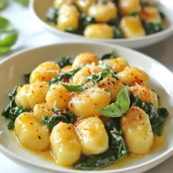 To make garlic butter gnocchi with spinach, you will need: - 1 pound potato gnocchi - 2 tablespoons unsalted butter - 4 cloves garlic, minced - 4 cups fresh spinach - Salt and pepper to taste - 1/2 cup grated Parmesan cheese - Zest of 1 lemon You can add some extra flavor with these ingredients: - 1/4 teaspoon red pepper flakes (for heat) - Fresh basil leaves for garnish If you have dietary needs, consider these substitutions: - For a vegan version, use plant-based butter and nutritional yeast instead of Parmesan. - If you're gluten-free, choose gluten-free gnocchi made from rice or corn. These ingredients create a simple yet tasty meal. The garlic and butter mix well with the soft gnocchi and fresh spinach. Feel free to adjust the flavors to suit your taste! {{ingredient_image_1}} First, fill a large pot with water. Add salt and bring it to a boil. Once boiling, add 1 pound of potato gnocchi. Cook them for about 2-3 minutes. They are ready when they float to the top. After they float, drain the gnocchi and set them aside. This step ensures the gnocchi will be soft and fluffy. Now, grab a large skillet and melt 2 tablespoons of unsalted butter over medium heat. Once the butter melts, add 4 cloves of minced garlic. Sauté the garlic for 1-2 minutes. You want it to smell nice but not brown. Next, stir in 4 cups of fresh spinach. Cook it until it wilts, about 2-3 minutes. If you like heat, add 1/4 teaspoon of red pepper flakes at this point. This will give the dish a nice kick! After the spinach wilts, add the cooked gnocchi to the skillet. Toss them gently to coat with the garlic and spinach mixture. Season with salt and pepper to taste. Remove the skillet from heat and mix in 1/2 cup of grated Parmesan cheese and the zest of 1 lemon. This adds a bright flavor that lifts the dish. Serve it right away, garnished with fresh basil leaves and extra Parmesan if you like. Enjoy your tasty Garlic Butter Gnocchi with Spinach! To cook gnocchi just right, start with boiling salted water. When the water bubbles, add the gnocchi gently. Watch closely; they cook fast. They need only about 2-3 minutes. When they float, they are done! Remove them quickly to keep them tender. Drain and set aside; they are ready for the next step. You can boost the flavor of your gnocchi dish easily. Try adding a splash of lemon juice for a bright taste. Fresh herbs like parsley or thyme can add depth too. For a little heat, sprinkle in red pepper flakes. The cheese adds creaminess and a savory kick. You can change it up based on your taste! Gnocchi with spinach is delicious on its own. To make it a full meal, pair it with grilled chicken or shrimp. A light salad with a tangy vinaigrette works well, too. For a cozy touch, serve it with crusty bread. Finish with a sprinkle of extra Parmesan and fresh basil for a lovely look! Pro Tips Fresh Spinach is Best: Use fresh spinach for the best flavor and texture. It wilts nicely and adds a vibrant color to the dish. Garlic Timing: Be careful not to overcook the garlic; sauté it just until fragrant to prevent bitterness. Adjusting Heat: If you like a little spice, adjust the red pepper flakes to your taste or use fresh chili for a different flavor profile. Lemon Zest for Brightness: The lemon zest adds a refreshing brightness to the dish, enhancing the overall flavor—don't skip it! {{image_2}} You can make this dish creamy by adding heavy cream. After you sauté the garlic and spinach, pour in about 1/2 cup of cream. Stir well and let it simmer for a few minutes. This adds a rich texture that pairs nicely with the gnocchi. If you want more flavor, add a little more cheese. Creamy garlic butter gnocchi is a rich delight! To make this dish more filling, try adding protein. Cook diced chicken or shrimp in the skillet before the garlic. Once they are done, add the garlic and spinach. This adds a hearty element to your meal. Season the protein with salt and pepper to enhance the taste. Adding protein makes this meal perfect for dinner! For a vegetarian twist, just skip the cheese or use a plant-based option. You can add extra veggies like mushrooms or bell peppers. For a vegan version, swap the butter for olive oil or vegan butter. Use nutritional yeast instead of Parmesan for a cheesy taste. These adaptations keep the dish fresh and exciting! To store leftovers, let the dish cool down first. Then, place the gnocchi in an airtight container. You can keep it in the fridge for up to three days. Make sure to cover it well to avoid drying out. When reheating, use a skillet for the best result. Heat a bit of butter over medium heat. Add the gnocchi and stir gently. This keeps the gnocchi soft and tasty. You can also add a splash of water to help steam it. Heat until warm, about five minutes. You can freeze gnocchi for later use. First, cook it as usual and let it cool completely. Then, spread the gnocchi on a baking sheet in a single layer. Freeze for about an hour. After that, transfer it to a freezer bag. It will stay good for up to three months. To cook, boil it straight from the freezer. Add a couple of extra minutes to the cooking time. Yes, you can use store-bought gnocchi. It saves time and effort. Look for fresh or frozen gnocchi in the pasta aisle. They often taste great and cook quickly. Just follow the package instructions for cooking times. You can use many greens instead of spinach. Kale, arugula, or Swiss chard work well. Each green gives a unique taste and texture. Just make sure to cook them until they wilt. This keeps the dish light and fresh. To make this dish gluten-free, choose gluten-free gnocchi. Many brands offer this option now. Check the package to ensure it’s gluten-free. The rest of the recipe is naturally gluten-free. Just be sure to watch for cross-contamination while cooking. This article covered making delicious gnocchi from scratch. We discussed key ingredients, steps, and easy tips. I shared ways to add flavor and suggested storage methods. You can enjoy many variations, from creamy garlic to vegetarian options. Gnocchi is simple and fun to make. Experiment with ingredients to find your favorite mix. Cooking should be a joy, and gnocchi offers a tasty way to explore flavors. Dive in, get creative, and enjoy every bite!