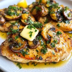 - 4 boneless, skinless chicken breasts - 8 oz fresh mushrooms, sliced (such as cremini or button) - 4 cloves garlic, minced - 1/2 cup unsalted butter - 1 teaspoon dried thyme - 1 teaspoon dried oregano - Salt and pepper to taste - 1 tablespoon fresh parsley, chopped (for garnish) - 2 tablespoons lemon juice For this dish, I use simple, fresh ingredients. First, choose chicken breasts that are boneless and skinless. They cook evenly and stay moist. Next, fresh mushrooms add a rich flavor. I love cremini or button mushrooms for their taste and texture. Garlic is a must for this recipe. It gives the dish a lovely aroma. Unsalted butter is key as it lets you control the salt. Dried thyme and oregano bring warmth and depth. Add salt and pepper to enhance the flavors. Finally, lemon juice brightens the dish. It balances the richness of the butter. Fresh parsley is perfect for garnish. It adds color and freshness. Gathering these ingredients will set you up for a delicious meal. You will love how they all come together in this recipe! {{ingredient_image_1}} Seasoning the Chicken Start by seasoning both sides of the chicken breasts. Use salt, pepper, dried thyme, and oregano. This will add great flavor to the chicken. Cooking the Chicken Breasts In a large skillet, melt 2 tablespoons of butter over medium-high heat. When the butter is melted and bubbling, add the chicken breasts. Cook for about 5 to 7 minutes on each side. You want them golden brown and cooked through. Once done, remove the chicken and set it aside. Melting the Butter In the same skillet, add the rest of the butter. Let it melt completely, which will help add flavor to the mushrooms. Cooking the Mushrooms and Garlic Now, add the sliced mushrooms to the skillet. Cook them for about 4 to 5 minutes. They should become golden and tender. Next, stir in the minced garlic. Cook for another 1 to 2 minutes until it smells amazing. Adding Chicken back to the Skillet Return the cooked chicken to the skillet. Spoon the mushroom and garlic mix over the top of the chicken. This step is key for joining all the flavors together. Drizzling with Lemon Juice and Garnishing Drizzle the dish with lemon juice. Cook for an extra 2 to 3 minutes. This lets all the flavors meld together. Finally, sprinkle fresh parsley on top for a nice touch. Enjoy your meal! - Best Mushroom Varieties: I love using cremini or button mushrooms. They add great flavor. You can also try shiitake for a more earthy taste. Each type brings its own twist to the dish. - Cleaning and Prepping Mushrooms: Rinse the mushrooms under cold water. Use a damp cloth to wipe them clean. Avoid soaking them, as they absorb water and lose flavor. Slice them evenly for quick cooking. - Options for Additional Seasonings: You can add a pinch of red pepper flakes for heat. Fresh herbs like basil or thyme can also lift the dish. A splash of white wine adds depth, too. - Ideal Cooking Techniques: Searing the chicken first gives it a nice crust. When sautéing mushrooms, cook them until golden brown. This caramelization enhances their natural sweetness. - Suggested Sides: Serve Garlic Butter Mushroom Chicken with rice or quinoa. Steamed veggies like broccoli or green beans also pair well. They balance the richness of the dish. - Presentation Tips: Garnish with fresh parsley for color. Serve on a big platter with lemon wedges. This makes the dish look inviting and fresh. Pro Tips Use Fresh Ingredients: Fresh mushrooms and herbs will enhance the flavor of this dish significantly. Always opt for fresh over dried when possible. Don’t Overcrowd the Pan: If your skillet is too crowded, the chicken and mushrooms will steam instead of brown. Cook in batches if necessary. Let the Chicken Rest: After cooking, let the chicken rest for a few minutes before slicing. This helps retain the juices and keeps the chicken moist. Experiment with Flavors: Feel free to add a splash of white wine or a pinch of red pepper flakes for an extra layer of flavor in the garlic butter sauce. {{image_2}} If you want a lighter dish, use skinless chicken thighs instead of breasts. You can also swap unsalted butter for olive oil or a low-fat spread. This keeps the taste but cuts some fat. If you dislike mushrooms, try using diced zucchini or bell peppers. These veggies add a fresh twist. You can also mix in spinach for a pop of color and nutrients. Sprinkle some grated Parmesan cheese on top before serving. It adds a rich taste and makes the dish even more delightful. You could also use feta for a tangy kick. Mix in colorful veggies like asparagus or cherry tomatoes. They add crunch and flavor. You can sauté them with the mushrooms for a tasty blend. You can bake the chicken in the oven for a hands-off approach. Just place it in a baking dish with mushrooms and butter. Bake at 375°F for 25-30 minutes. This keeps it moist and tender. For a slow cooker version, season the chicken and place it in the cooker. Add mushrooms, garlic, and butter. Cook on low for 6-7 hours. This method makes the chicken super tender and flavorful. - Refrigeration Tips After you finish your meal, let the chicken cool. Place it in an airtight container. It will stay fresh for up to 3 days in the fridge. Make sure to keep the mushrooms and sauce with the chicken. This helps keep the dish moist and tasty. - Reheating Instructions To reheat, place the chicken in a skillet over low heat. Add a splash of water or chicken broth to keep it moist. Heat it until warm, about 5-7 minutes. You can also use the microwave. Cover the dish and heat for 1-2 minutes. Stir halfway through to ensure even warming. - Best Practices for Freezing If you want to save leftovers for later, freezing works well. Place the chicken and mushrooms in a freezer-safe bag. Remove as much air as possible before sealing. This helps prevent freezer burn. It can last up to 3 months in the freezer. - Thawing and Reheating Techniques When you're ready to eat, take the chicken out and place it in the fridge overnight to thaw. For quicker thawing, you can use cold water. Change the water every 30 minutes until thawed. Reheat as mentioned before, in a skillet or microwave. This keeps the flavors fresh and delicious. The total cooking time is about 25 minutes. Here’s the breakdown: - Prep time: 10 minutes - Cooking time: 15 minutes Yes, you can use frozen chicken breasts. However, you must thaw them first. - Recommended thawing methods: - Place chicken in the fridge overnight. - Use the microwave on the defrost setting. - Submerge in cold water for about an hour. You can use several alternatives if you want to skip butter. - Alternative ingredients for butter: - Olive oil gives a nice flavor. - Coconut oil is a great dairy-free option. - Ghee is a good choice for a rich taste. Garlic Butter Mushroom Chicken is a simple and tasty dish. You learned the key ingredients, like chicken, mushrooms, and garlic. Following step-by-step instructions makes it easy to prepare. I shared tips on choosing mushrooms and enhancing flavors. You can also explore variations and store leftovers effectively. This dish is versatile and full of flavor. With these simple steps, you can impress at any meal. Enjoy cooking and sharing this dish with friends and family!