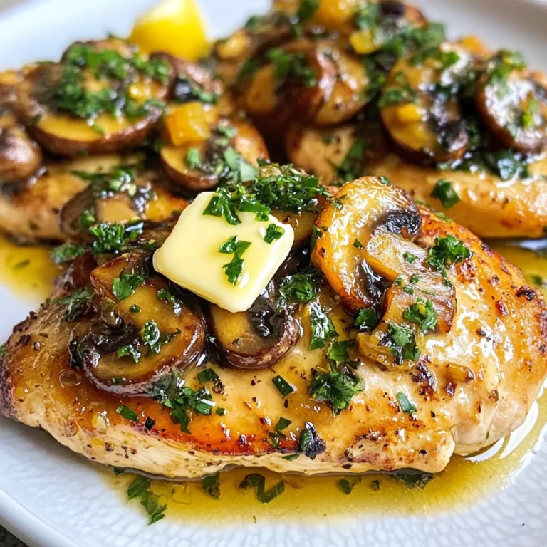 - 4 boneless, skinless chicken breasts - 8 oz fresh mushrooms, sliced (such as cremini or button) - 4 cloves garlic, minced - 1/2 cup unsalted butter - 1 teaspoon dried thyme - 1 teaspoon dried oregano - Salt and pepper to taste - 1 tablespoon fresh parsley, chopped (for garnish) - 2 tablespoons lemon juice For this dish, I use simple, fresh ingredients. First, choose chicken breasts that are boneless and skinless. They cook evenly and stay moist. Next, fresh mushrooms add a rich flavor. I love cremini or button mushrooms for their taste and texture. Garlic is a must for this recipe. It gives the dish a lovely aroma. Unsalted butter is key as it lets you control the salt. Dried thyme and oregano bring warmth and depth. Add salt and pepper to enhance the flavors. Finally, lemon juice brightens the dish. It balances the richness of the butter. Fresh parsley is perfect for garnish. It adds color and freshness. Gathering these ingredients will set you up for a delicious meal. You will love how they all come together in this recipe! {{ingredient_image_1}} Seasoning the Chicken Start by seasoning both sides of the chicken breasts. Use salt, pepper, dried thyme, and oregano. This will add great flavor to the chicken. Cooking the Chicken Breasts In a large skillet, melt 2 tablespoons of butter over medium-high heat. When the butter is melted and bubbling, add the chicken breasts. Cook for about 5 to 7 minutes on each side. You want them golden brown and cooked through. Once done, remove the chicken and set it aside. Melting the Butter In the same skillet, add the rest of the butter. Let it melt completely, which will help add flavor to the mushrooms. Cooking the Mushrooms and Garlic Now, add the sliced mushrooms to the skillet. Cook them for about 4 to 5 minutes. They should become golden and tender. Next, stir in the minced garlic. Cook for another 1 to 2 minutes until it smells amazing. Adding Chicken back to the Skillet Return the cooked chicken to the skillet. Spoon the mushroom and garlic mix over the top of the chicken. This step is key for joining all the flavors together. Drizzling with Lemon Juice and Garnishing Drizzle the dish with lemon juice. Cook for an extra 2 to 3 minutes. This lets all the flavors meld together. Finally, sprinkle fresh parsley on top for a nice touch. Enjoy your meal! - Best Mushroom Varieties: I love using cremini or button mushrooms. They add great flavor. You can also try shiitake for a more earthy taste. Each type brings its own twist to the dish. - Cleaning and Prepping Mushrooms: Rinse the mushrooms under cold water. Use a damp cloth to wipe them clean. Avoid soaking them, as they absorb water and lose flavor. Slice them evenly for quick cooking. - Options for Additional Seasonings: You can add a pinch of red pepper flakes for heat. Fresh herbs like basil or thyme can also lift the dish. A splash of white wine adds depth, too. - Ideal Cooking Techniques: Searing the chicken first gives it a nice crust. When sautéing mushrooms, cook them until golden brown. This caramelization enhances their natural sweetness. - Suggested Sides: Serve Garlic Butter Mushroom Chicken with rice or quinoa. Steamed veggies like broccoli or green beans also pair well. They balance the richness of the dish. - Presentation Tips: Garnish with fresh parsley for color. Serve on a big platter with lemon wedges. This makes the dish look inviting and fresh. Pro Tips Use Fresh Ingredients: Fresh mushrooms and herbs will enhance the flavor of this dish significantly. Always opt for fresh over dried when possible. Don’t Overcrowd the Pan: If your skillet is too crowded, the chicken and mushrooms will steam instead of brown. Cook in batches if necessary. Let the Chicken Rest: After cooking, let the chicken rest for a few minutes before slicing. This helps retain the juices and keeps the chicken moist. Experiment with Flavors: Feel free to add a splash of white wine or a pinch of red pepper flakes for an extra layer of flavor in the garlic butter sauce. {{image_2}} If you want a lighter dish, use skinless chicken thighs instead of breasts. You can also swap unsalted butter for olive oil or a low-fat spread. This keeps the taste but cuts some fat. If you dislike mushrooms, try using diced zucchini or bell peppers. These veggies add a fresh twist. You can also mix in spinach for a pop of color and nutrients. Sprinkle some grated Parmesan cheese on top before serving. It adds a rich taste and makes the dish even more delightful. You could also use feta for a tangy kick. Mix in colorful veggies like asparagus or cherry tomatoes. They add crunch and flavor. You can sauté them with the mushrooms for a tasty blend. You can bake the chicken in the oven for a hands-off approach. Just place it in a baking dish with mushrooms and butter. Bake at 375°F for 25-30 minutes. This keeps it moist and tender. For a slow cooker version, season the chicken and place it in the cooker. Add mushrooms, garlic, and butter. Cook on low for 6-7 hours. This method makes the chicken super tender and flavorful. - Refrigeration Tips After you finish your meal, let the chicken cool. Place it in an airtight container. It will stay fresh for up to 3 days in the fridge. Make sure to keep the mushrooms and sauce with the chicken. This helps keep the dish moist and tasty. - Reheating Instructions To reheat, place the chicken in a skillet over low heat. Add a splash of water or chicken broth to keep it moist. Heat it until warm, about 5-7 minutes. You can also use the microwave. Cover the dish and heat for 1-2 minutes. Stir halfway through to ensure even warming. - Best Practices for Freezing If you want to save leftovers for later, freezing works well. Place the chicken and mushrooms in a freezer-safe bag. Remove as much air as possible before sealing. This helps prevent freezer burn. It can last up to 3 months in the freezer. - Thawing and Reheating Techniques When you're ready to eat, take the chicken out and place it in the fridge overnight to thaw. For quicker thawing, you can use cold water. Change the water every 30 minutes until thawed. Reheat as mentioned before, in a skillet or microwave. This keeps the flavors fresh and delicious. The total cooking time is about 25 minutes. Here’s the breakdown: - Prep time: 10 minutes - Cooking time: 15 minutes Yes, you can use frozen chicken breasts. However, you must thaw them first. - Recommended thawing methods: - Place chicken in the fridge overnight. - Use the microwave on the defrost setting. - Submerge in cold water for about an hour. You can use several alternatives if you want to skip butter. - Alternative ingredients for butter: - Olive oil gives a nice flavor. - Coconut oil is a great dairy-free option. - Ghee is a good choice for a rich taste. Garlic Butter Mushroom Chicken is a simple and tasty dish. You learned the key ingredients, like chicken, mushrooms, and garlic. Following step-by-step instructions makes it easy to prepare. I shared tips on choosing mushrooms and enhancing flavors. You can also explore variations and store leftovers effectively. This dish is versatile and full of flavor. With these simple steps, you can impress at any meal. Enjoy cooking and sharing this dish with friends and family!