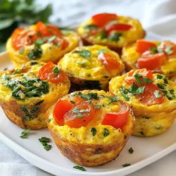 - 6 large eggs - 1/2 cup milk (dairy or non-dairy) - 1 cup chopped spinach - 1/2 diced bell pepper (any color) - 1/4 cup finely chopped red onion - 1/2 cup halved cherry tomatoes - 1/4 cup shredded cheese (cheddar or dairy-free) - 2 tablespoons chopped fresh herbs (basil or parsley) - Salt and pepper to taste - Olive oil spray for greasing These ingredients work well together. The eggs are the base, and they hold everything. Milk adds creaminess. Spinach adds color and health. Bell pepper brings sweetness, while red onion adds a sharp bite. Cherry tomatoes give juiciness. Cheese adds richness, and herbs brighten the dish. - Calories: 120 - Protein: 8g - Fat: 8g - Carbohydrates: 4g Each muffin packs a punch. They are low in carbs, high in protein, and full of flavor. This makes them perfect for breakfast or a snack. Plus, they are easy to make. You can enjoy them warm or save them for later. {{ingredient_image_1}} - Preheat the oven to 350°F (175°C). - Grease the muffin pan with olive oil spray. Start by prepping your ingredients. Preheating the oven ensures even cooking. A well-greased muffin pan helps the muffins release easily. I like using olive oil spray because it adds flavor without extra calories. - Whisk together eggs and milk in a large bowl. - Add seasonings and vegetables to the mixture. In a large bowl, whisk the eggs and milk until mixed well. This step makes your muffins fluffy. Next, add salt, pepper, and your chopped veggies. I usually include spinach, bell pepper, and red onion for color and taste. The cherry tomatoes add sweetness, and cheese gives a creamy touch. Stir everything gently to combine. - Pour the mixture into muffin cups and bake. - Tips for checking doneness and removing from the pan. Carefully pour the egg mixture into each muffin cup, filling them about 3/4 full. Bake in the preheated oven for 18-20 minutes. To check if they’re done, look for a slight golden color on top. You can gently press the center; it should feel firm. After baking, let the muffins cool for a few minutes. Use a knife to run around the edges, then pop them out. Enjoy your tasty, veggie-loaded muffins! To get the most flavor from your veggie loaded egg muffins, use fresh herbs. Basil or parsley adds a bright taste. Make sure to season your egg mixture with salt and pepper before you add the veggies. This simple step boosts the flavor. Cooking time is key. Bake your muffins for 18 to 20 minutes. Check them at 18 minutes. The muffins should be set and slightly golden. If they look too wet, give them a few more minutes. These muffins are fantastic on their own, but you can enhance them. Try serving them with a side of salsa or guacamole. A dollop of Greek yogurt also works well. These dips add creaminess and a little zing. For a fun twist, serve the muffins with a light salad. A fresh spinach and tomato salad complements the muffins nicely. It adds crunch and freshness. Presentation can make your dish even better. Arrange the muffins on a colorful platter. Sprinkle fresh herbs on top for a vibrant look. This adds color and makes your muffins more inviting. You could also use small dipping bowls for your sides. This makes it easy for guests to grab their favorite dip. A little extra effort in presentation creates a big impact! Pro Tips Freshness Matters: Always use fresh vegetables for the best flavor and texture in your egg muffins. Customize Your Fillings: Feel free to swap out the veggies and cheese based on your preferences or what you have on hand. Perfect Portion Control: Use an ice cream scoop to evenly distribute the egg mixture into the muffin pan for uniform cooking. Meal Prep Friendly: These muffins freeze well; simply reheat in the microwave for a quick breakfast option! {{image_2}} You can change up the veggies in your egg muffins based on what’s fresh and in season. For spring, try adding asparagus or peas. In summer, zucchini or corn work well. Fall brings options like roasted butternut squash or mushrooms. Winter lets you use hearty greens like kale or Swiss chard. Mix and match your favorites to keep things fun and tasty! Cheese can really change the flavor of your muffins. Cheddar is a classic choice, but you can also use feta for a tangy bite. Mozzarella gives a milder taste and a stretchy texture. If you want a dairy-free option, try vegan cheese made from nuts. This can add creaminess while staying plant-based. Experiment with different cheeses based on your mood or dietary needs! To make your muffins even better, add meats or spices. Cooked bacon or ham adds a savory kick. You could also try turkey sausage for a leaner option. For a spicy touch, mix in diced jalapeños or red pepper flakes. Fresh herbs like thyme or oregano can brighten the flavor. These small changes can make each batch unique and exciting! To keep your veggie loaded egg muffins fresh, store them in an airtight container. Place a paper towel inside to absorb moisture. This will help prevent sogginess. You can keep them in the fridge for up to five days. If you want to store them longer, consider freezing. To freeze the muffins, let them cool completely first. Then, wrap each muffin in plastic wrap or foil. Place them in a freezer-safe bag or container. Be sure to label the bag with the date. When you're ready to eat, simply reheat them in the microwave or oven. They will taste great! In the fridge, your veggie loaded egg muffins will last about five days. If you freeze them, they can stay good for up to three months. Just remember to check for signs of freezer burn when you take them out. With proper storage, these muffins will stay tasty and ready to enjoy! Yes, you can make these muffins ahead of time. They store well in the fridge for up to five days. To prep, bake a batch on the weekend. Let them cool and place them in an airtight container. This way, you have a quick breakfast or snack ready. You can even freeze them! Wrap each muffin in plastic wrap, then place them in a freezer bag. When you're ready to eat, just reheat them. Veggie loaded egg muffins are quite healthy! They use fresh ingredients like spinach, bell peppers, and tomatoes. These veggies are low in calories and packed with vitamins. Eggs provide protein, which helps keep you full. Adding cheese offers calcium, great for your bones. Overall, these muffins are a balanced meal choice. Absolutely! You can swap out veggies based on your taste. Try adding zucchini, mushrooms, or kale. You can also choose different cheeses. For a dairy-free option, use a plant-based cheese. If you prefer a protein boost, add cooked bacon or sausage. This recipe is very flexible to fit your diet. In this blog post, we covered a tasty recipe for veggie-loaded egg muffins. You learned about the key ingredients, nutritional facts, and simple steps to make them. I shared tips for flavor, presentation, and variations to keep it fresh. Storing and reheating muffins was also explained for your convenience. These egg muffins are fun, healthy, and perfect for meal prep. With a few easy changes, you can make them your own. Enjoy cooking and exploring new flavors!