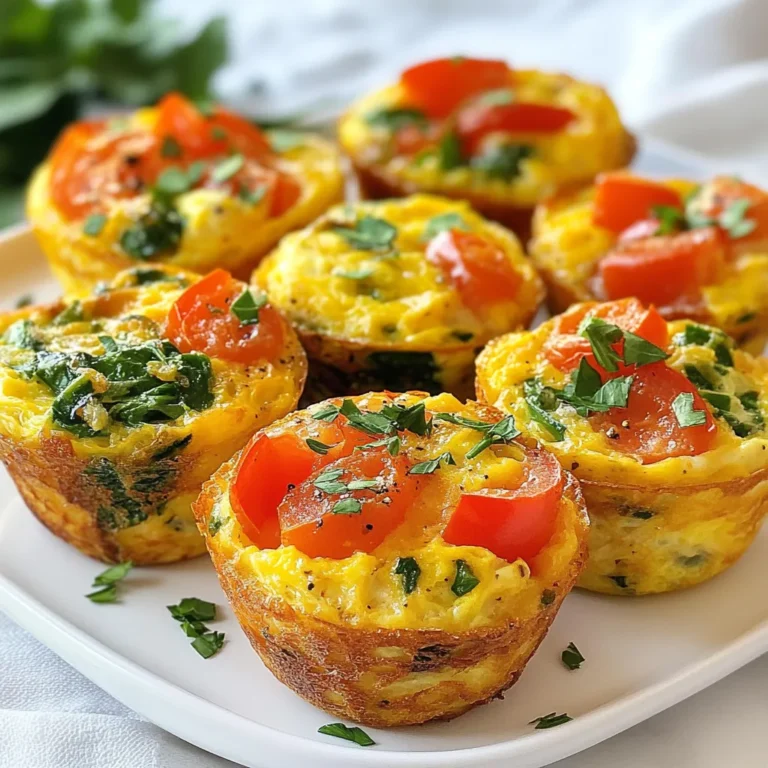 - 6 large eggs - 1/2 cup milk (dairy or non-dairy) - 1 cup chopped spinach - 1/2 diced bell pepper (any color) - 1/4 cup finely chopped red onion - 1/2 cup halved cherry tomatoes - 1/4 cup shredded cheese (cheddar or dairy-free) - 2 tablespoons chopped fresh herbs (basil or parsley) - Salt and pepper to taste - Olive oil spray for greasing These ingredients work well together. The eggs are the base, and they hold everything. Milk adds creaminess. Spinach adds color and health. Bell pepper brings sweetness, while red onion adds a sharp bite. Cherry tomatoes give juiciness. Cheese adds richness, and herbs brighten the dish. - Calories: 120 - Protein: 8g - Fat: 8g - Carbohydrates: 4g Each muffin packs a punch. They are low in carbs, high in protein, and full of flavor. This makes them perfect for breakfast or a snack. Plus, they are easy to make. You can enjoy them warm or save them for later. {{ingredient_image_1}} - Preheat the oven to 350°F (175°C). - Grease the muffin pan with olive oil spray. Start by prepping your ingredients. Preheating the oven ensures even cooking. A well-greased muffin pan helps the muffins release easily. I like using olive oil spray because it adds flavor without extra calories. - Whisk together eggs and milk in a large bowl. - Add seasonings and vegetables to the mixture. In a large bowl, whisk the eggs and milk until mixed well. This step makes your muffins fluffy. Next, add salt, pepper, and your chopped veggies. I usually include spinach, bell pepper, and red onion for color and taste. The cherry tomatoes add sweetness, and cheese gives a creamy touch. Stir everything gently to combine. - Pour the mixture into muffin cups and bake. - Tips for checking doneness and removing from the pan. Carefully pour the egg mixture into each muffin cup, filling them about 3/4 full. Bake in the preheated oven for 18-20 minutes. To check if they’re done, look for a slight golden color on top. You can gently press the center; it should feel firm. After baking, let the muffins cool for a few minutes. Use a knife to run around the edges, then pop them out. Enjoy your tasty, veggie-loaded muffins! To get the most flavor from your veggie loaded egg muffins, use fresh herbs. Basil or parsley adds a bright taste. Make sure to season your egg mixture with salt and pepper before you add the veggies. This simple step boosts the flavor. Cooking time is key. Bake your muffins for 18 to 20 minutes. Check them at 18 minutes. The muffins should be set and slightly golden. If they look too wet, give them a few more minutes. These muffins are fantastic on their own, but you can enhance them. Try serving them with a side of salsa or guacamole. A dollop of Greek yogurt also works well. These dips add creaminess and a little zing. For a fun twist, serve the muffins with a light salad. A fresh spinach and tomato salad complements the muffins nicely. It adds crunch and freshness. Presentation can make your dish even better. Arrange the muffins on a colorful platter. Sprinkle fresh herbs on top for a vibrant look. This adds color and makes your muffins more inviting. You could also use small dipping bowls for your sides. This makes it easy for guests to grab their favorite dip. A little extra effort in presentation creates a big impact! Pro Tips Freshness Matters: Always use fresh vegetables for the best flavor and texture in your egg muffins. Customize Your Fillings: Feel free to swap out the veggies and cheese based on your preferences or what you have on hand. Perfect Portion Control: Use an ice cream scoop to evenly distribute the egg mixture into the muffin pan for uniform cooking. Meal Prep Friendly: These muffins freeze well; simply reheat in the microwave for a quick breakfast option! {{image_2}} You can change up the veggies in your egg muffins based on what’s fresh and in season. For spring, try adding asparagus or peas. In summer, zucchini or corn work well. Fall brings options like roasted butternut squash or mushrooms. Winter lets you use hearty greens like kale or Swiss chard. Mix and match your favorites to keep things fun and tasty! Cheese can really change the flavor of your muffins. Cheddar is a classic choice, but you can also use feta for a tangy bite. Mozzarella gives a milder taste and a stretchy texture. If you want a dairy-free option, try vegan cheese made from nuts. This can add creaminess while staying plant-based. Experiment with different cheeses based on your mood or dietary needs! To make your muffins even better, add meats or spices. Cooked bacon or ham adds a savory kick. You could also try turkey sausage for a leaner option. For a spicy touch, mix in diced jalapeños or red pepper flakes. Fresh herbs like thyme or oregano can brighten the flavor. These small changes can make each batch unique and exciting! To keep your veggie loaded egg muffins fresh, store them in an airtight container. Place a paper towel inside to absorb moisture. This will help prevent sogginess. You can keep them in the fridge for up to five days. If you want to store them longer, consider freezing. To freeze the muffins, let them cool completely first. Then, wrap each muffin in plastic wrap or foil. Place them in a freezer-safe bag or container. Be sure to label the bag with the date. When you're ready to eat, simply reheat them in the microwave or oven. They will taste great! In the fridge, your veggie loaded egg muffins will last about five days. If you freeze them, they can stay good for up to three months. Just remember to check for signs of freezer burn when you take them out. With proper storage, these muffins will stay tasty and ready to enjoy! Yes, you can make these muffins ahead of time. They store well in the fridge for up to five days. To prep, bake a batch on the weekend. Let them cool and place them in an airtight container. This way, you have a quick breakfast or snack ready. You can even freeze them! Wrap each muffin in plastic wrap, then place them in a freezer bag. When you're ready to eat, just reheat them. Veggie loaded egg muffins are quite healthy! They use fresh ingredients like spinach, bell peppers, and tomatoes. These veggies are low in calories and packed with vitamins. Eggs provide protein, which helps keep you full. Adding cheese offers calcium, great for your bones. Overall, these muffins are a balanced meal choice. Absolutely! You can swap out veggies based on your taste. Try adding zucchini, mushrooms, or kale. You can also choose different cheeses. For a dairy-free option, use a plant-based cheese. If you prefer a protein boost, add cooked bacon or sausage. This recipe is very flexible to fit your diet. In this blog post, we covered a tasty recipe for veggie-loaded egg muffins. You learned about the key ingredients, nutritional facts, and simple steps to make them. I shared tips for flavor, presentation, and variations to keep it fresh. Storing and reheating muffins was also explained for your convenience. These egg muffins are fun, healthy, and perfect for meal prep. With a few easy changes, you can make them your own. Enjoy cooking and exploring new flavors!