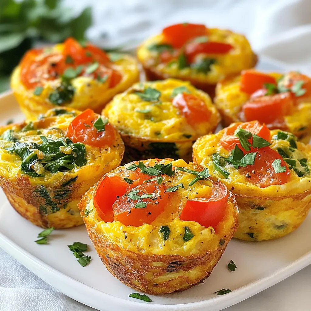- 6 large eggs - 1/2 cup milk (dairy or non-dairy) - 1 cup chopped spinach - 1/2 diced bell pepper (any color) - 1/4 cup finely chopped red onion - 1/2 cup halved cherry tomatoes - 1/4 cup shredded cheese (cheddar or dairy-free) - 2 tablespoons chopped fresh herbs (basil or parsley) - Salt and pepper to taste - Olive oil spray for greasing These ingredients work well together. The eggs are the base, and they hold everything. Milk adds creaminess. Spinach adds color and health. Bell pepper brings sweetness, while red onion adds a sharp bite. Cherry tomatoes give juiciness. Cheese adds richness, and herbs brighten the dish. - Calories: 120 - Protein: 8g - Fat: 8g - Carbohydrates: 4g Each muffin packs a punch. They are low in carbs, high in protein, and full of flavor. This makes them perfect for breakfast or a snack. Plus, they are easy to make. You can enjoy them warm or save them for later. {{ingredient_image_1}} - Preheat the oven to 350°F (175°C). - Grease the muffin pan with olive oil spray. Start by prepping your ingredients. Preheating the oven ensures even cooking. A well-greased muffin pan helps the muffins release easily. I like using olive oil spray because it adds flavor without extra calories. - Whisk together eggs and milk in a large bowl. - Add seasonings and vegetables to the mixture. In a large bowl, whisk the eggs and milk until mixed well. This step makes your muffins fluffy. Next, add salt, pepper, and your chopped veggies. I usually include spinach, bell pepper, and red onion for color and taste. The cherry tomatoes add sweetness, and cheese gives a creamy touch. Stir everything gently to combine. - Pour the mixture into muffin cups and bake. - Tips for checking doneness and removing from the pan. Carefully pour the egg mixture into each muffin cup, filling them about 3/4 full. Bake in the preheated oven for 18-20 minutes. To check if they’re done, look for a slight golden color on top. You can gently press the center; it should feel firm. After baking, let the muffins cool for a few minutes. Use a knife to run around the edges, then pop them out. Enjoy your tasty, veggie-loaded muffins! To get the most flavor from your veggie loaded egg muffins, use fresh herbs. Basil or parsley adds a bright taste. Make sure to season your egg mixture with salt and pepper before you add the veggies. This simple step boosts the flavor. Cooking time is key. Bake your muffins for 18 to 20 minutes. Check them at 18 minutes. The muffins should be set and slightly golden. If they look too wet, give them a few more minutes. These muffins are fantastic on their own, but you can enhance them. Try serving them with a side of salsa or guacamole. A dollop of Greek yogurt also works well. These dips add creaminess and a little zing. For a fun twist, serve the muffins with a light salad. A fresh spinach and tomato salad complements the muffins nicely. It adds crunch and freshness. Presentation can make your dish even better. Arrange the muffins on a colorful platter. Sprinkle fresh herbs on top for a vibrant look. This adds color and makes your muffins more inviting. You could also use small dipping bowls for your sides. This makes it easy for guests to grab their favorite dip. A little extra effort in presentation creates a big impact! Pro Tips Freshness Matters: Always use fresh vegetables for the best flavor and texture in your egg muffins. Customize Your Fillings: Feel free to swap out the veggies and cheese based on your preferences or what you have on hand. Perfect Portion Control: Use an ice cream scoop to evenly distribute the egg mixture into the muffin pan for uniform cooking. Meal Prep Friendly: These muffins freeze well; simply reheat in the microwave for a quick breakfast option! {{image_2}} You can change up the veggies in your egg muffins based on what’s fresh and in season. For spring, try adding asparagus or peas. In summer, zucchini or corn work well. Fall brings options like roasted butternut squash or mushrooms. Winter lets you use hearty greens like kale or Swiss chard. Mix and match your favorites to keep things fun and tasty! Cheese can really change the flavor of your muffins. Cheddar is a classic choice, but you can also use feta for a tangy bite. Mozzarella gives a milder taste and a stretchy texture. If you want a dairy-free option, try vegan cheese made from nuts. This can add creaminess while staying plant-based. Experiment with different cheeses based on your mood or dietary needs! To make your muffins even better, add meats or spices. Cooked bacon or ham adds a savory kick. You could also try turkey sausage for a leaner option. For a spicy touch, mix in diced jalapeños or red pepper flakes. Fresh herbs like thyme or oregano can brighten the flavor. These small changes can make each batch unique and exciting! To keep your veggie loaded egg muffins fresh, store them in an airtight container. Place a paper towel inside to absorb moisture. This will help prevent sogginess. You can keep them in the fridge for up to five days. If you want to store them longer, consider freezing. To freeze the muffins, let them cool completely first. Then, wrap each muffin in plastic wrap or foil. Place them in a freezer-safe bag or container. Be sure to label the bag with the date. When you're ready to eat, simply reheat them in the microwave or oven. They will taste great! In the fridge, your veggie loaded egg muffins will last about five days. If you freeze them, they can stay good for up to three months. Just remember to check for signs of freezer burn when you take them out. With proper storage, these muffins will stay tasty and ready to enjoy! Yes, you can make these muffins ahead of time. They store well in the fridge for up to five days. To prep, bake a batch on the weekend. Let them cool and place them in an airtight container. This way, you have a quick breakfast or snack ready. You can even freeze them! Wrap each muffin in plastic wrap, then place them in a freezer bag. When you're ready to eat, just reheat them. Veggie loaded egg muffins are quite healthy! They use fresh ingredients like spinach, bell peppers, and tomatoes. These veggies are low in calories and packed with vitamins. Eggs provide protein, which helps keep you full. Adding cheese offers calcium, great for your bones. Overall, these muffins are a balanced meal choice. Absolutely! You can swap out veggies based on your taste. Try adding zucchini, mushrooms, or kale. You can also choose different cheeses. For a dairy-free option, use a plant-based cheese. If you prefer a protein boost, add cooked bacon or sausage. This recipe is very flexible to fit your diet. In this blog post, we covered a tasty recipe for veggie-loaded egg muffins. You learned about the key ingredients, nutritional facts, and simple steps to make them. I shared tips for flavor, presentation, and variations to keep it fresh. Storing and reheating muffins was also explained for your convenience. These egg muffins are fun, healthy, and perfect for meal prep. With a few easy changes, you can make them your own. Enjoy cooking and exploring new flavors!
