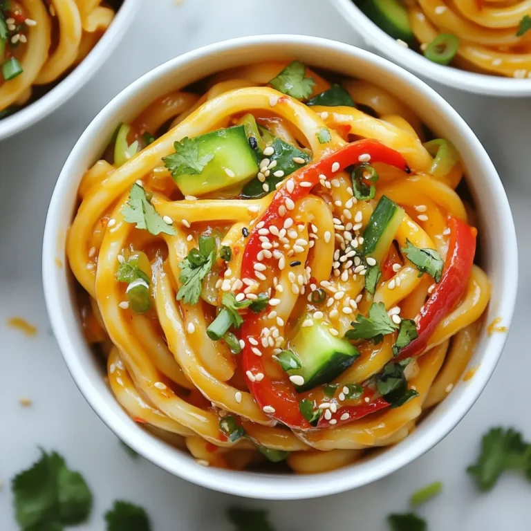 - Udon noodles: 2 servings - Sesame oil: 2 tablespoons - Soy sauce: 1 tablespoon - Chili paste: 1 tablespoon - Honey or maple syrup: 2 teaspoons - Garlic: 1 clove, minced - Ginger: 1 teaspoon, grated - Red bell pepper: 1 small, thinly sliced - Cucumber: 1 small, julienned - Green onions: 2, chopped - Sesame seeds: 1 tablespoon - Fresh cilantro for garnish Gather all the ingredients before you start. This makes cooking easier and faster. Udon noodles are thick and chewy, perfect for this dish. The sesame oil adds a rich flavor. Soy sauce gives it that savory kick. Chili paste brings in the heat, but you can adjust it to your taste. Honey or maple syrup balances the spice with some sweetness. Minced garlic and grated ginger add zest. The red bell pepper gives color and crunch. Fresh cucumber and green onions add a refreshing touch. Finally, sesame seeds and cilantro make for a beautiful garnish. You can find these ingredients at most grocery stores. They are easy to prepare and make your meal both tasty and vibrant. Mixing these flavors will make your udon noodles pop. Enjoy the process! {{ingredient_image_1}} Start by boiling water in a large pot. You want a rolling boil. Add the udon noodles carefully. Cook them for about 5-7 minutes, or until they are soft but still firm. Once cooked, drain the noodles in a colander. Rinse them under cold water. This stops the cooking process and keeps them from getting mushy. In a small bowl, whisk together the sesame oil, soy sauce, and chili paste. Add honey or maple syrup for a touch of sweetness. Then, mix in the minced garlic and grated ginger. Blend everything well until you have a smooth sauce. Taste it. If you want more heat, add more chili paste. Heat a large skillet over medium heat. Add the sliced red bell pepper. Sauté for 2-3 minutes until it softens slightly. Stir occasionally to avoid burning. You want the peppers to be tender but still bright and crunchy. Add the cooked udon noodles to the skillet. Pour the sauce over the noodles and bell pepper. Gently toss everything together. Make sure every noodle gets coated with sauce. This step is key for flavor. Now it's time to add the fresh ingredients. Stir in the julienned cucumber and chopped green onions. Mix until just combined. Cook for another 2 minutes to warm everything through. For a beautiful presentation, serve the noodles in deep bowls. Sprinkle sesame seeds and fresh cilantro on top. A drizzle of extra sesame oil adds flavor and shine. Add lime wedges on the side for extra zest. To make the best sauce, you can adjust the flavors. This means balancing sweet, spicy, and savory notes. Start with the basics: sesame oil and soy sauce. If you want more heat, add more chili paste. For sweetness, adjust the honey or maple syrup. You can use fresh ingredients for a vibrant taste. Fresh garlic and ginger give a big flavor boost. Bottled ingredients are convenient but may lack freshness. Cooking udon noodles takes a little attention. Make sure to boil them just right. Overcooked noodles can become mushy. Follow package instructions closely, usually around 5-7 minutes. Rinse the noodles with cold water after cooking. This stops the cooking process and keeps them firm. If you want a different method, try stir-frying them in a pan. This adds a nice texture. For a beautiful presentation, serve the noodles in deep bowls. Drizzle a little sesame oil on top for shine. Sprinkle sesame seeds and fresh cilantro for color. You can also add lime wedges on the side. This gives a zesty finish that brightens the dish. To make it a full meal, pair it with a light drink like green tea or a crisp salad. Pro Tips Adjust the Heat: Feel free to modify the amount of chili paste based on your spice tolerance. Start with less and add more as needed. Fresh Ingredients Matter: Using fresh vegetables like bell pepper and cucumber will enhance the flavor and texture of your dish. Garnish for Flair: A sprinkle of sesame seeds and cilantro not only adds visual appeal but also brings fresh flavors to the dish. Make it a Meal: For a heartier dish, consider adding protein such as tofu, chicken, or shrimp to the noodles. {{image_2}} You can boost your spicy sesame udon noodles with protein. Here are some tasty options: - Chicken: Use boneless, skinless chicken thighs or breasts. Cook in a skillet for about 6-8 minutes until golden brown. Slice them thin before adding to the noodles. - Tofu: For a plant-based option, use firm tofu. Cube it and sauté for 5-7 minutes until crispy. Add it to the noodles for a hearty bite. - Shrimp: Fresh or frozen shrimp works well here. Sauté for 3-4 minutes until they turn pink. Toss them in with your noodles for extra flavor. You can mix in more veggies for color and crunch. Try these: - Carrots: Shred or julienne them for a sweet touch. Sauté for about 2-3 minutes. - Snap Peas: These add a nice snap! Toss them in for the last minute of cooking. - Broccoli: Steam or sauté florets for 4-5 minutes until tender. They add great texture. When changing veggies, adjust the sauce a bit. You might need a splash more soy sauce or chili paste to balance flavors. If you need a gluten-free option, don’t worry! Here are some ideas: - Gluten-Free Udon: Look for brands made from rice or buckwheat. They cook similarly but may need less time. - Other Noodles: You can also use rice noodles or zucchini noodles for a fresh twist. When using gluten-free options, check the sauce. Make sure your soy sauce is gluten-free or switch to tamari. Adjustments will help keep that rich flavor without gluten. To keep your spicy sesame udon noodles fresh, store them in an airtight container. This helps lock in flavor and moisture. For best results, let the noodles cool down before sealing. You can keep them in the fridge for up to 3 days. - Use glass containers for easy reheating. - Label the container with the date. When it’s time to enjoy your leftovers, reheating correctly is key. You want to keep the noodles tender. The best method is to use a skillet or a microwave. - For the skillet: Heat over medium heat for about 5 minutes, stirring often. - For the microwave: Heat in 30-second bursts, stirring in between. Aim for 1-2 minutes total. If you want to save some for later, freezing is a great option. You can freeze both the noodles and sauce. - Let everything cool completely before freezing. - Place the noodles and sauce in separate freezer-safe bags. Squeeze out air to prevent freezer burn. To thaw, move the bags to the fridge for a few hours or overnight. Reheat as mentioned above for the best texture. Udon noodles are thick, chewy noodles made from wheat flour. They have a smooth texture that absorbs flavors well. When cooked, they become soft yet firm, which adds a satisfying bite to dishes. Udon noodles work great in soups, stir-fries, and salads. Yes, you can make this dish vegan easily. Replace honey with maple syrup or agave nectar. For proteins, use tofu or tempeh instead of meat. These swaps keep the dish flavorful and satisfying while following a vegan diet. To control the heat, start with a small amount of chili paste. Mix in one tablespoon, taste, and add more if you want extra spice. You can also use milder chili options, like red pepper flakes, to tone down the heat level. These noodles pair well with many side dishes. Try serving them with steamed edamame, a fresh cucumber salad, or crispy spring rolls. A light Asian slaw or miso soup also complements the flavors nicely. The total time to make this dish is about 20 minutes. You will spend 10 minutes prepping the ingredients and another 10 minutes cooking. This quick recipe is perfect for busy weeknights or a tasty lunch! This guide on Spicy Sesame Udon Noodles offers a clear recipe and helpful tips. You learned about key ingredients, strong flavor combinations, and fresh options for garnishing. Experiment with proteins and veggies to make it your own. Use proper methods for cooking and storing to enjoy this dish longer. I hope you feel confident to try this recipe today. Enjoy your delicious journey with udon!