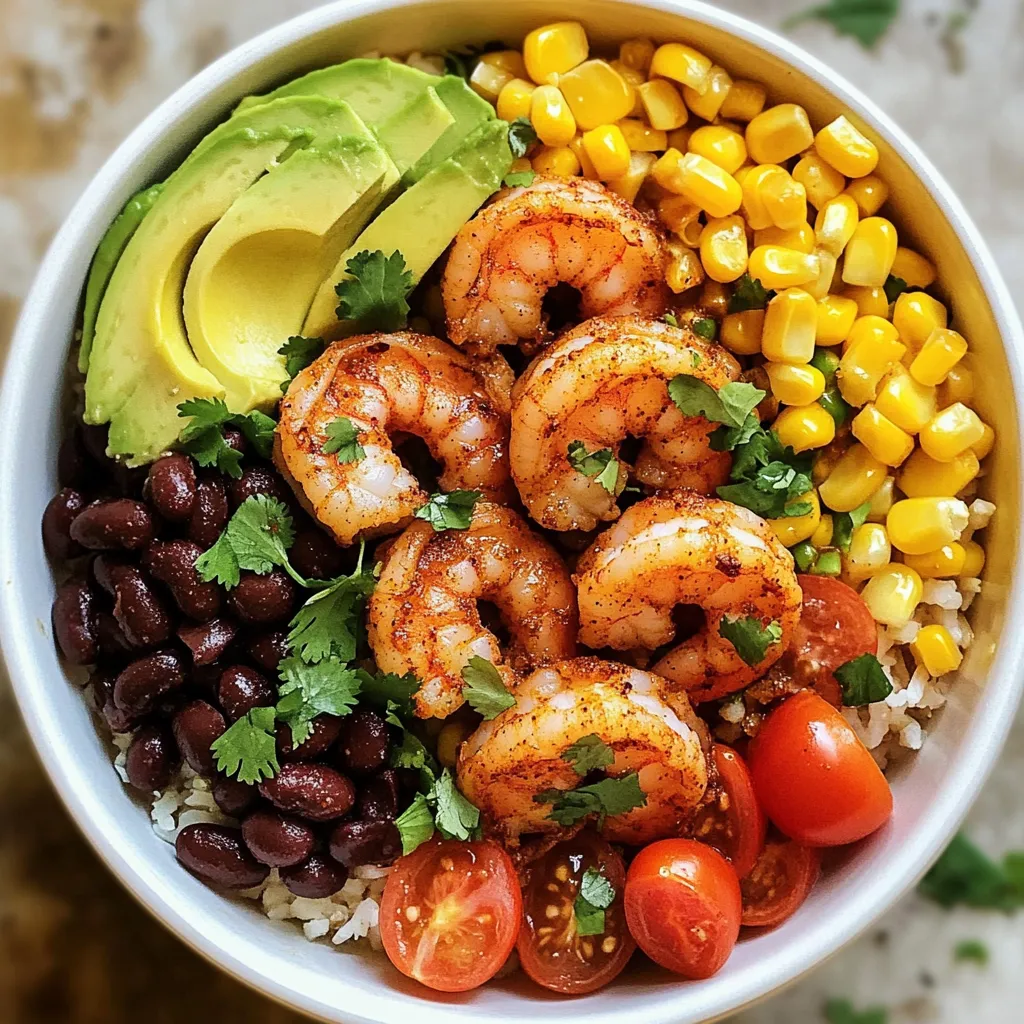 - 1 lb shrimp, peeled and deveined - 1 cup cooked brown rice - 1 cup black beans, drained and rinsed - 1 cup corn, frozen or fresh - 1 tablespoon olive oil - 1 teaspoon smoked paprika - 1 teaspoon cumin - 1 teaspoon chili powder - 1/2 teaspoon garlic powder - 1/2 teaspoon salt - 1/4 teaspoon black pepper - Juice of 1 lime - 1 avocado, diced - 1 cup cherry tomatoes, halved - 1/4 cup fresh cilantro, chopped - Optional toppings: crumbled feta cheese, sliced jalapeños, sour cream, or hot sauce The main ingredients in this dish give it a hearty base. The shrimp offers protein and great flavor. Brown rice adds fiber and keeps you full. Black beans bring extra protein and a nice texture. Corn adds sweetness and crunch. For seasoning, I use olive oil and a mix of spices. Smoked paprika gives a nice depth. Cumin and chili powder add warmth. Garlic powder enhances the taste. Salt and pepper balance everything perfectly. A squeeze of lime juice brightens the dish. Toppings bring the bowl to life. Diced avocado adds creaminess. Halved cherry tomatoes provide freshness. Chopped cilantro adds a burst of flavor. You can customize with optional toppings like feta, jalapeños, sour cream, or hot sauce for extra kick. This combination of ingredients makes the Spicy Shrimp Taco Bowl fun and tasty. It keeps you excited about every bite. {{ingredient_image_1}} To start, I mix the shrimp with seasoning. In a medium bowl, I combine the shrimp, olive oil, smoked paprika, cumin, chili powder, garlic powder, salt, black pepper, and lime juice. Toss the shrimp well until each piece is coated with the spicy mix. This step gives the shrimp a great flavor. I let the shrimp marinate for about 10 minutes. This short wait allows the spices to soak in. Next, I heat a large skillet over medium-high heat. I add the marinated shrimp to the hot skillet. I cook the shrimp for 2-3 minutes on each side. They will turn pink and opaque when done. To check, I look for a firm texture. Once cooked, I remove the shrimp from heat and set them aside. Now it's time to build the taco bowl. I start with a base of cooked brown rice in a serving bowl. Then, I layer on the black beans and corn. After that, I add the cooked shrimp on top. Next, I sprinkle diced avocado and halved cherry tomatoes over the shrimp. Finally, I finish the dish with fresh cilantro and any optional toppings like feta, jalapeños, or sour cream. Serve the bowl right away for a colorful meal! Seasoning shrimp well is key to great flavor. I like to use a mix of spices. Here’s my go-to blend: smoked paprika, cumin, and chili powder. This mix gives the shrimp a smoky and spicy kick. Adding garlic powder enhances the taste too. For balance, don’t forget salt and black pepper. To adjust heat levels, add more chili powder for spice. If you prefer it milder, just use less. You can always add hot sauce later if you want more heat. Cooking shrimp right is important. They cook quickly, so watch them closely. I recommend cooking them for 2-3 minutes on each side. They should turn pink and opaque when done. Overcooked shrimp become tough and chewy, which is not good. Using a large skillet helps. It gives the shrimp enough space to cook evenly. Make sure your skillet is hot before adding shrimp. This gives them a nice sear and keeps them juicy. Making this dish gluten-free is easy. Just skip any sauces or ingredients that contain gluten. The shrimp, rice, and veggies are all safe to eat. If you want vegetarian options, swap shrimp for mushrooms or tofu. Both can soak up the spices well. You can also use chickpeas for protein. Create a colorful bowl with the same toppings for a tasty meal. Pro Tips Perfectly Cooked Shrimp: Avoid overcooking shrimp; they should turn pink and opaque in just 2-3 minutes per side. Remove them from heat as soon as they reach this stage to ensure they remain tender. Flavor Boost: Marinate the shrimp for at least 30 minutes before cooking to enhance the flavor. This allows the spices to penetrate the shrimp for a more robust taste. Customizable Base: Feel free to swap out brown rice for quinoa, cauliflower rice, or even a bed of leafy greens for a different texture and flavor profile. Fresh Toppings: Experiment with additional toppings like diced red onion, mango salsa, or fresh lime wedges to elevate the dish even further. {{image_2}} You can easily change the beans or grains in this dish. Instead of black beans, try pinto or kidney beans. For grains, quinoa or farro work well too. They add a nice texture and flavor. You can also swap out the brown rice for cauliflower rice for a low-carb option. For vegetables, think outside the box. You can add bell peppers, zucchini, or even sautéed spinach. Each vegetable brings its own taste and color. Experiment with what you have on hand or what’s in season. Want to change the taste? You can add different dressings or sauces. A creamy chipotle sauce adds a nice kick. You might like a cilantro lime dressing for a fresh twist. Both options make your taco bowls even more exciting. Global taco inspirations can also enhance your bowls. Consider using Korean flavors with kimchi and gochujang. Or, try a Mediterranean twist with hummus and olives. Each mix can bring a new world of flavors to your meal. Pair your spicy shrimp taco bowls with side dishes for a full meal. A fresh salad or roasted veggies go great alongside. You can also serve tortilla chips with salsa for an added crunch. Creating a meal prep version is easy. Just make larger batches and store leftovers in containers. Divide the shrimp, grains, and veggies into separate sections. This makes it easy to grab and enjoy throughout the week. Plus, it keeps everything fresh and delicious! To keep your spicy shrimp taco bowls fresh, use airtight containers. Glass containers work great. They help prevent spills and keep food safe. Store the bowls in the fridge. They will stay good for up to three days. Make sure to cool the food before sealing it. This keeps moisture out and prevents sogginess. When reheating, you can use a microwave or stovetop. The microwave is quick but can make shrimp chewy. Use a lower power setting and heat in short bursts. Stir in between to warm evenly. The stovetop is better for keeping texture. Heat a skillet over medium heat and add a splash of water. This helps steam the shrimp. Stir gently until warmed. To freeze your taco bowls, pack them tightly in freezer-safe containers. Leave some space for expansion. You can freeze the shrimp and other ingredients together or separately. For best taste, use within two months. When ready to eat, thaw overnight in the fridge. Reheat using the stovetop method to keep the shrimp juicy. You can prepare the shrimp and rice in advance. Cook the shrimp and let them cool. Store in the fridge for up to two days. You can also pre-cook the brown rice and beans. Assemble the bowls just before serving. This keeps everything fresh and tasty. Yes, frozen shrimp work great! Just thaw them before cooking. Place shrimp in cold water for about 15 minutes. Pat them dry before seasoning. This way, they'll soak up all the flavors. Taco bowls pair well with many sides. Here are a few ideas: - Chips and salsa - Guacamole - A crisp green salad - Mexican street corn These sides add more flavor and texture to your meal. Absolutely! These bowls are perfect for meal prep. You can portion them into containers. Just reheat when you're ready to eat. Each bowl stays tasty and colorful, making your meals fun. To change the spice level, add or reduce chili powder. For more heat, include sliced jalapeños or hot sauce. If you want less spice, cut the chili powder in half. You can also add sour cream for a cooling effect. Making Spicy Shrimp Taco Bowls is simple and fun. You learned to layer fresh shrimp, rice, and beans with tasty spices. Toppings like avocado and cilantro add flavor. Don’t forget tips on cooking and storing for later. Embrace variations by swapping ingredients to match your taste. Whether enjoying now or prepping for later, these bowls are sure to please. Keep experimenting and enjoy your flavorful creations!