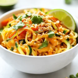 - 8 oz rice noodles - 1 cup shredded carrots - 1 cup bell pepper - 1 cup zucchini - 1/2 cup creamy peanut butter - 1/4 cup soy sauce or tamari - 2 tablespoons lime juice - 2 tablespoons maple syrup or honey - Crushed peanuts - Lime wedges - Fresh cilantro and green onions The key to great Spicy Thai Peanut Noodles lies in the right mix of fresh vegetables and sauces. Rice noodles serve as a perfect base. They soak up flavors well. I love using carrots for crunch and color. Bell peppers add sweetness, and zucchini gives a nice texture. For the sauce, creamy peanut butter is a must. It brings that rich, nutty flavor. Soy sauce or tamari adds saltiness. Lime juice brightens the dish, while maple syrup or honey balances the heat. This combination makes every bite tasty. Don't forget the garnishes! Crushed peanuts add crunch. Lime wedges give that zesty kick. Fresh cilantro and green onions add color and freshness. Together, these ingredients create a dish that is not only easy to make but also bursting with flavor. {{ingredient_image_1}} 1. First, boil water in a large pot. 2. Add 8 oz of rice noodles. Cook them for about 6-8 minutes. 3. When they are soft, drain the noodles. 4. Rinse them under cold water. This stops the cooking. It also helps keep them from sticking together. Set the noodles aside. 1. In a large bowl, combine 1/2 cup of creamy peanut butter, 1/4 cup of soy sauce, and 2 tablespoons of lime juice. 2. Add 2 tablespoons of maple syrup or honey and 1 tablespoon of sesame oil. 3. Finally, mix in 2 teaspoons of sriracha. Whisk until everything is smooth. 4. If the sauce is too thick, add a tablespoon of warm water. This helps with the consistency. 1. Heat a large skillet or wok over medium-high heat. 2. Add a splash of sesame oil or a bit of water. 3. Add 1 cup of shredded carrots, 1 cup of sliced bell pepper, and 1 cup of zucchini. 4. Stir-fry these veggies for about 3-4 minutes. You want them to be tender-crisp, not mushy. 1. Add the cooked noodles to the skillet with the veggies. 2. Pour the peanut sauce over the top. 3. Use tongs to gently toss everything together. 4. Heat for another 2-3 minutes until everything is hot. 5. Stir in 1/2 cup of chopped green onions and 1/2 cup of chopped cilantro. Adjust with more sriracha or soy sauce if needed. To make your peanut sauce just right, focus on its thickness. Start with creamy peanut butter. Mix it well with soy sauce, lime juice, and maple syrup. If your sauce feels thick, add a bit of warm water. This will help you reach the right consistency. For allergies, you can swap peanut butter for sunflower seed butter. Use tamari instead of soy sauce for gluten-free needs. For stir-frying, I recommend a wok or a large skillet. These pans give you space to toss your food. Heat the pan well before adding oil. A hot pan helps cook the veggies fast. If your stove has different heat levels, adjust accordingly. Medium-high heat works best for this dish. Keep an eye on the cooking time to prevent burning. When serving, make your dish pop! Use a large bowl or plate. Add the noodles in the center and top with crushed peanuts. Lime wedges on the side add a fresh look. For sides, pair it with a light salad or spring rolls. A cold drink, like iced tea, complements the spice nicely. Pro Tips Fresh Ingredients: Use the freshest vegetables you can find for the best flavor and texture in your dish. Adjust the Spice: Feel free to add more sriracha if you like it spicier, or reduce it for a milder flavor. Peanut Butter Choice: Choose a natural creamy peanut butter for a smoother sauce that blends well with the other ingredients. Garnish Wisely: Don't skip the crushed peanuts and lime wedges; they add a delightful crunch and acidity that elevate the dish. {{image_2}} You can add protein to your spicy Thai peanut noodles for a heartier meal. Tofu, chicken, or shrimp all work great. - Tofu: Use firm or extra-firm tofu for the best texture. - Chicken: Cut chicken breast into thin strips. Cook until golden brown. - Shrimp: Use peeled and deveined shrimp. Cook until pink and opaque. For cooking, you can stir-fry the protein in the same pan as your veggies. This keeps flavors bold and bright. Feel free to swap vegetables based on what you have. Many veggies fit well in this dish. - Broccoli: Add small florets for crunch. - Snap Peas: Toss in snap peas for a sweet bite. - Mushrooms: Add sliced mushrooms for earthiness. Seasonal vegetables are also a great choice. In summer, use fresh corn or bell peppers. In fall, try adding butternut squash or kale. To adjust the heat, play with the sriracha. Start with the recommended amount. If you love spice, add more. - More Sriracha: Add a teaspoon at a time until it’s just right. - Alternative Spices: Try chili flakes or a dash of hot sauce. Remember, you can always add heat, but it's hard to take it away. Adjust to your taste for a perfect balance! Store your Spicy Thai Peanut Noodles in an airtight container. This keeps them fresh. They last about 3 to 5 days in the fridge. When you want to eat them, just take them out and reheat. To freeze, place the noodles in a freezer-safe bag. Squeeze out the air to avoid freezer burn. They can last up to 3 months in the freezer. When ready, thaw them overnight in the fridge. To reheat, just warm them in a pan. You can add a splash of water to help them heat evenly. To refresh your noodles, add a bit of warm water. This helps loosen them up. If the sauce is too thick, mix in some more soy sauce or lime juice. This will keep everything tasty. To prevent sogginess, store noodles and sauce separately if possible. This way, they stay fresh and crunchy. Yes, you can prepare this dish in advance. To do this, cook the noodles and veggies. Make the peanut sauce too. Store each part separately in airtight containers. Keep the noodles and veggies in the fridge. They can last for up to three days. When ready to eat, heat the noodles and veggies in a pan. Add the sauce and stir until warm. You can easily make this dish gluten-free! Use rice noodles, which are naturally gluten-free. For the sauce, swap soy sauce with tamari. Tamari is a gluten-free soy sauce. Check labels to ensure all other ingredients are gluten-free, especially the peanut butter and maple syrup. Adjusting the heat is simple! Start with one teaspoon of sriracha in the sauce. Taste it, then add more if you like it spicy. If you want it milder, use less sriracha or skip it. You can also add a bit more peanut butter to cool the heat. This blog post shared a tasty recipe for Spicy Thai Peanut Noodles. You learned about key ingredients, like rice noodles and fresh veggies. We also covered sauces, tips for cooking, and ideas for variations. I hope you feel inspired to try this dish. It's not only fun to make but also great for sharing. Enjoy your cooking and creativity in the kitchen!