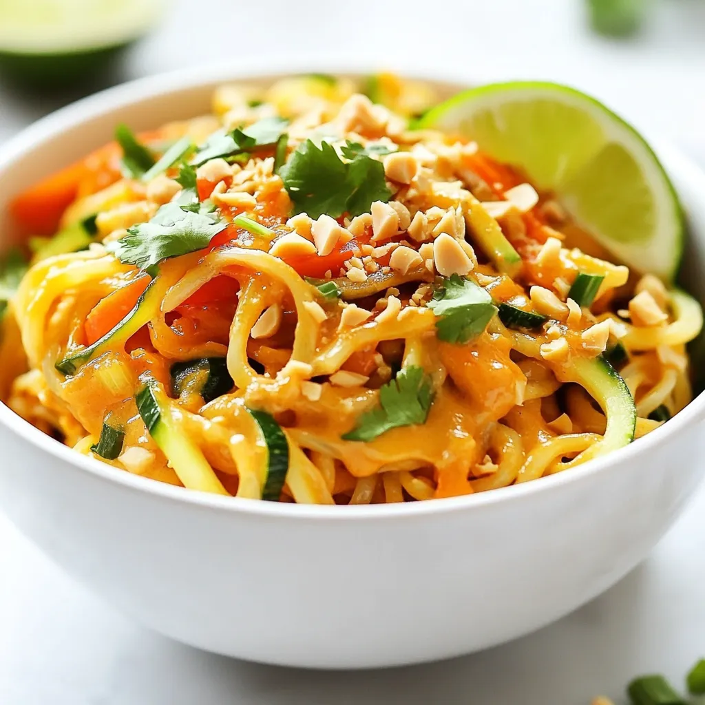 - 8 oz rice noodles - 1 cup shredded carrots - 1 cup bell pepper - 1 cup zucchini - 1/2 cup creamy peanut butter - 1/4 cup soy sauce or tamari - 2 tablespoons lime juice - 2 tablespoons maple syrup or honey - Crushed peanuts - Lime wedges - Fresh cilantro and green onions The key to great Spicy Thai Peanut Noodles lies in the right mix of fresh vegetables and sauces. Rice noodles serve as a perfect base. They soak up flavors well. I love using carrots for crunch and color. Bell peppers add sweetness, and zucchini gives a nice texture. For the sauce, creamy peanut butter is a must. It brings that rich, nutty flavor. Soy sauce or tamari adds saltiness. Lime juice brightens the dish, while maple syrup or honey balances the heat. This combination makes every bite tasty. Don't forget the garnishes! Crushed peanuts add crunch. Lime wedges give that zesty kick. Fresh cilantro and green onions add color and freshness. Together, these ingredients create a dish that is not only easy to make but also bursting with flavor. {{ingredient_image_1}} 1. First, boil water in a large pot. 2. Add 8 oz of rice noodles. Cook them for about 6-8 minutes. 3. When they are soft, drain the noodles. 4. Rinse them under cold water. This stops the cooking. It also helps keep them from sticking together. Set the noodles aside. 1. In a large bowl, combine 1/2 cup of creamy peanut butter, 1/4 cup of soy sauce, and 2 tablespoons of lime juice. 2. Add 2 tablespoons of maple syrup or honey and 1 tablespoon of sesame oil. 3. Finally, mix in 2 teaspoons of sriracha. Whisk until everything is smooth. 4. If the sauce is too thick, add a tablespoon of warm water. This helps with the consistency. 1. Heat a large skillet or wok over medium-high heat. 2. Add a splash of sesame oil or a bit of water. 3. Add 1 cup of shredded carrots, 1 cup of sliced bell pepper, and 1 cup of zucchini. 4. Stir-fry these veggies for about 3-4 minutes. You want them to be tender-crisp, not mushy. 1. Add the cooked noodles to the skillet with the veggies. 2. Pour the peanut sauce over the top. 3. Use tongs to gently toss everything together. 4. Heat for another 2-3 minutes until everything is hot. 5. Stir in 1/2 cup of chopped green onions and 1/2 cup of chopped cilantro. Adjust with more sriracha or soy sauce if needed. To make your peanut sauce just right, focus on its thickness. Start with creamy peanut butter. Mix it well with soy sauce, lime juice, and maple syrup. If your sauce feels thick, add a bit of warm water. This will help you reach the right consistency. For allergies, you can swap peanut butter for sunflower seed butter. Use tamari instead of soy sauce for gluten-free needs. For stir-frying, I recommend a wok or a large skillet. These pans give you space to toss your food. Heat the pan well before adding oil. A hot pan helps cook the veggies fast. If your stove has different heat levels, adjust accordingly. Medium-high heat works best for this dish. Keep an eye on the cooking time to prevent burning. When serving, make your dish pop! Use a large bowl or plate. Add the noodles in the center and top with crushed peanuts. Lime wedges on the side add a fresh look. For sides, pair it with a light salad or spring rolls. A cold drink, like iced tea, complements the spice nicely. Pro Tips Fresh Ingredients: Use the freshest vegetables you can find for the best flavor and texture in your dish. Adjust the Spice: Feel free to add more sriracha if you like it spicier, or reduce it for a milder flavor. Peanut Butter Choice: Choose a natural creamy peanut butter for a smoother sauce that blends well with the other ingredients. Garnish Wisely: Don't skip the crushed peanuts and lime wedges; they add a delightful crunch and acidity that elevate the dish. {{image_2}} You can add protein to your spicy Thai peanut noodles for a heartier meal. Tofu, chicken, or shrimp all work great. - Tofu: Use firm or extra-firm tofu for the best texture. - Chicken: Cut chicken breast into thin strips. Cook until golden brown. - Shrimp: Use peeled and deveined shrimp. Cook until pink and opaque. For cooking, you can stir-fry the protein in the same pan as your veggies. This keeps flavors bold and bright. Feel free to swap vegetables based on what you have. Many veggies fit well in this dish. - Broccoli: Add small florets for crunch. - Snap Peas: Toss in snap peas for a sweet bite. - Mushrooms: Add sliced mushrooms for earthiness. Seasonal vegetables are also a great choice. In summer, use fresh corn or bell peppers. In fall, try adding butternut squash or kale. To adjust the heat, play with the sriracha. Start with the recommended amount. If you love spice, add more. - More Sriracha: Add a teaspoon at a time until it’s just right. - Alternative Spices: Try chili flakes or a dash of hot sauce. Remember, you can always add heat, but it's hard to take it away. Adjust to your taste for a perfect balance! Store your Spicy Thai Peanut Noodles in an airtight container. This keeps them fresh. They last about 3 to 5 days in the fridge. When you want to eat them, just take them out and reheat. To freeze, place the noodles in a freezer-safe bag. Squeeze out the air to avoid freezer burn. They can last up to 3 months in the freezer. When ready, thaw them overnight in the fridge. To reheat, just warm them in a pan. You can add a splash of water to help them heat evenly. To refresh your noodles, add a bit of warm water. This helps loosen them up. If the sauce is too thick, mix in some more soy sauce or lime juice. This will keep everything tasty. To prevent sogginess, store noodles and sauce separately if possible. This way, they stay fresh and crunchy. Yes, you can prepare this dish in advance. To do this, cook the noodles and veggies. Make the peanut sauce too. Store each part separately in airtight containers. Keep the noodles and veggies in the fridge. They can last for up to three days. When ready to eat, heat the noodles and veggies in a pan. Add the sauce and stir until warm. You can easily make this dish gluten-free! Use rice noodles, which are naturally gluten-free. For the sauce, swap soy sauce with tamari. Tamari is a gluten-free soy sauce. Check labels to ensure all other ingredients are gluten-free, especially the peanut butter and maple syrup. Adjusting the heat is simple! Start with one teaspoon of sriracha in the sauce. Taste it, then add more if you like it spicy. If you want it milder, use less sriracha or skip it. You can also add a bit more peanut butter to cool the heat. This blog post shared a tasty recipe for Spicy Thai Peanut Noodles. You learned about key ingredients, like rice noodles and fresh veggies. We also covered sauces, tips for cooking, and ideas for variations. I hope you feel inspired to try this dish. It's not only fun to make but also great for sharing. Enjoy your cooking and creativity in the kitchen!