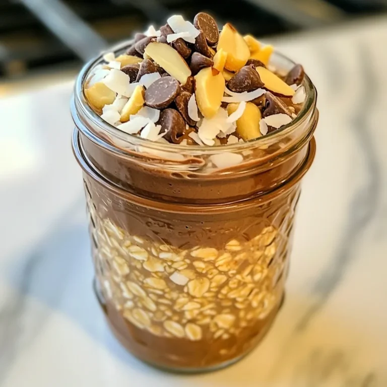 To make Almond Joy Overnight Oats, gather these simple and tasty ingredients: - 1 cup rolled oats - 1 cup almond milk (or any milk of choice) - 2 tablespoons unsweetened cocoa powder - 1 tablespoon maple syrup (or honey) - 1/4 teaspoon vanilla extract - 1/4 cup shredded coconut - 1/4 cup chopped almonds - 1 tablespoon dark chocolate chips (optional) - Pinch of salt These ingredients work together to create a delicious and filling breakfast. The rolled oats give you a hearty base, while almond milk adds creaminess. Cocoa powder brings in rich chocolate flavor, making these oats feel like a treat. Maple syrup or honey adds sweetness, and vanilla gives it a lovely aroma. Shredded coconut and chopped almonds provide a nice crunch, making each bite enjoyable. Dark chocolate chips can add a fun twist if you want a more indulgent experience. Lastly, a pinch of salt balances the flavors and enhances the overall taste. Make sure to measure your ingredients carefully. This will help you achieve the right texture and flavor in your overnight oats. You can easily swap ingredients based on your taste and dietary needs. Enjoy! {{ingredient_image_1}} - First, take a medium bowl or a mason jar. - Add 1 cup of rolled oats. - Next, pour in 1 cup of almond milk. - Add 2 tablespoons of unsweetened cocoa powder. - Drizzle in 1 tablespoon of maple syrup or honey. - Pour in 1/4 teaspoon of vanilla extract. - Add a pinch of salt. - Stir well until everything mixes together. - Now, fold in 1/4 cup of shredded coconut. - Add 1/4 cup of chopped almonds, saving some for later. - If you want, toss in 1 tablespoon of dark chocolate chips for fun! - Cover the bowl or seal the jar tightly. - Place it in the fridge to chill overnight. - If you’re short on time, 4-6 hours will also work. - This soaking helps the oats get soft and tasty. - When you are ready to eat, stir the oats well. - If it's too thick, splash in some more almond milk. - Serve it in bowls or keep it in the jar. - Top it with the reserved coconut and almonds for a pretty finish. - Achieving the right texture: To get creamy oats, use the right milk. Almond milk is great, but you can try any milk you like. Mix well and let it soak overnight. This way, the oats will absorb the liquid and become soft. - Avoiding clumps: Stir the oats well before chilling. This helps blend the ingredients. If you find clumps, add a bit more milk before serving. A gentle stir should fix any lumps. - Dairy-free alternatives: You can swap almond milk for coconut milk or oat milk. Each milk gives a unique taste. This way, you can still enjoy the recipe if you are avoiding dairy. - Sweetener options: Maple syrup is a great choice, but you can use honey or agave nectar. Each sweetener adds its own flavor. Feel free to adjust based on your taste. - Additional toppings: Top your oats with extra coconut or almonds. You can also add fresh fruit, like bananas or berries. These toppings make your breakfast more colorful and tasty. - Flavoring variations: Try adding a pinch of cinnamon or a splash of almond extract. This can change the flavor profile. You might even consider adding a spoonful of peanut butter for a nutty twist! Pro Tips Use Steel-Cut Oats: For a chewier texture, try substituting rolled oats with steel-cut oats. Just remember to let them soak longer, about 12 hours, for optimal softness. Sweeten to Taste: Adjust the sweetness by adding more maple syrup or honey according to your preference. You can also experiment with flavored syrups for a unique twist. Mix and Match Ingredients: Feel free to customize your overnight oats by adding other ingredients like chia seeds, berries, or nut butters for added flavor and nutrition. Meal Prep for the Week: Prepare several jars at once for a quick grab-and-go breakfast option throughout the week. Just keep them sealed in the fridge for freshness! {{image_2}} You can switch up the Almond Joy flavors to keep things fun. Try adding some pineapple to make a Tropical Almond Joy. The sweet and tangy taste will brighten your breakfast. You can also mix in walnuts or pecans for a nutty twist. Each nut brings its own crunch and flavor, making every bite special. If you need gluten-free options, use certified gluten-free rolled oats. This keeps the dish safe for everyone. For those watching sugar, swap maple syrup for a low-sugar sweetener. You can even skip the sweetener if you prefer a less sweet taste. These changes let you enjoy the oats while keeping your diet in check. Make Almond Joy Overnight Oats ahead of time for busy mornings. Spend just ten minutes preparing them, and they will be ready when you are. You can also batch prepare several servings. Just double or triple the recipe. This way, you have tasty breakfasts ready for the week. Enjoy the ease of quick meals without losing flavor. To keep your Almond Joy overnight oats fresh, store them in the fridge. Use a sealed jar or bowl. This helps prevent them from drying out. If you want to store it longer, you can freeze them. Just make sure to use a freezer-safe container. Leave some space in the container. The oats will expand when frozen. These oats stay fresh for up to five days in the fridge. To keep them at their best, eat them within this time. Signs of spoilage include a sour smell or a change in color. If you see mold, throw the oats away. Always check before you eat. You can enjoy these oats cold right from the fridge. If you prefer warm oats, heat them gently in the microwave. Add a splash of almond milk to keep them creamy. Warm them for about 30 seconds. Stir and check the temperature. This way, you can enjoy them both hot or cold! No, I do not recommend using steel-cut oats. Steel-cut oats need more time to cook. They do not soften the same way rolled oats do when soaked overnight. If you use them, the texture will be very chewy. These oats last for up to five days in the fridge. Store them in a sealed jar or container. This way, they stay fresh and tasty. Just remember to stir before eating. Yes, you can easily make this recipe vegan. Use maple syrup as your sweetener. Choose almond milk or any plant-based milk. This will keep the dish completely dairy-free. You can use any milk you like. Options include soy milk, coconut milk, or oat milk. If you want a nut-free choice, try rice milk. Each milk adds a different taste. Yes, you can eat them warm if you prefer. Just heat them in the microwave for a minute or two. Stir well afterward. If they are too thick, add a bit more milk to loosen them up. You learned how to make tasty Almond Joy Overnight Oats. We covered the key ingredients, from oats to dark chocolate chips. The step-by-step instructions made it easy to prepare, soak, and serve. You also found tips to get the best texture and flavor. Remember, you can easily adapt this recipe for different diets or tastes. Whether you enjoy them cold or warm, these oats are perfect for any day. Enjoy your delicious, healthy breakfast and share it with others!