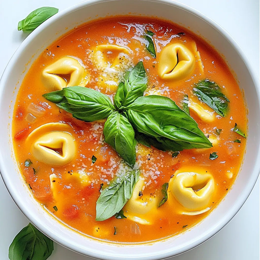 To make this soup, gather these ingredients: - 2 tablespoons olive oil - 1 medium onion, diced - 3 cloves garlic, minced - 1 carrot, diced - 1 can (28 oz) crushed tomatoes - 4 cups vegetable broth - 1 teaspoon dried basil - 1 teaspoon dried oregano - Salt and pepper to taste - 1 package (9 oz) cheese tortellini (fresh or frozen) - 1 cup heavy cream (or coconut cream for a dairy-free option) - Fresh basil leaves for garnish - Parmesan cheese for serving (optional) You can swap ingredients if you need to. Here are some great options: - Olive oil: Use butter or avocado oil for different flavors. - Onion: Shallots or leeks work well too. - Vegetable broth: Chicken broth adds more depth. - Heavy cream: Coconut cream gives it a dairy-free twist. - Tortellini: Try gnocchi or any pasta you have on hand. Choosing fresh produce makes your soup better. Here are some tips: - Onions: Pick firm ones, with no soft spots. - Garlic: Look for heads that are dry and tight. - Carrots: Choose crisp, bright orange carrots. Avoid soft or wrinkled ones. - Basil: Fresh basil should smell strong and have vibrant green leaves. These fresh ingredients will enhance your creamy tomato tortellini soup, making it delicious and satisfying. Enjoy cooking! 1. Begin by heating the olive oil in a large pot over medium heat. 2. Add the diced onion and sauté for about 4-5 minutes until it is soft and clear. 3. Next, stir in the minced garlic and diced carrot. Cook for 2-3 minutes until you smell the garlic. 4. Pour in the crushed tomatoes and vegetable broth. Stir well and bring it to a soft boil. 5. Add the dried basil, oregano, salt, and pepper. Reduce the heat and let the soup cook for about 10 minutes. 6. After that, increase the heat and add the cheese tortellini. Cook them according to the package, usually about 3-5 minutes. 7. Lower the heat again and slowly mix in the heavy cream. Stir well for a rich creamy texture. 8. Heat through for about 2 more minutes, then taste and add more salt or pepper if you need it. 9. Serve hot, topping with fresh basil leaves and parmesan cheese if you like. - Use fresh tortellini if you can. They cook faster and taste better. - Do not overcook the tortellini. They should be tender but still firm. - If using frozen tortellini, add them straight to the soup without thawing. - Stir gently to avoid breaking the tortellini in the soup. - Use heavy cream for the richest flavor. Coconut cream is a great dairy-free choice. - Add the cream slowly. This helps it mix well with the soup. - For a thicker soup, let it simmer a bit longer after adding the cream. - Blend a small portion of the soup if you want it extra smooth. Just use a blender and then mix it back in. To make your creamy tomato tortellini soup taste amazing, use fresh herbs. Fresh basil adds a bright, vibrant flavor. You can also add a splash of balsamic vinegar for a sweet tang. If you want a hint of heat, sprinkle in some red pepper flakes. These small changes can boost the flavor a lot. Store your soup in an airtight container. It keeps well in the fridge for up to three days. When reheating, use a pot over low heat. Stir often to prevent sticking. You can also use the microwave, but cover the bowl to keep the soup moist. Add a splash of broth or cream if it thickens too much. You need just a few tools for this recipe. A large pot is essential for cooking the soup. A wooden spoon helps mix the ingredients well. A sharp knife makes chopping easy and quick. If you have a ladle, use it for serving. These simple tools make cooking smooth and fun. {{image_2}} You can make this soup dairy-free easily. Swap heavy cream for coconut cream. This change keeps the soup creamy while adding a hint of sweetness. You can also use almond milk or cashew cream for a lighter touch. Both options work well and taste great. Want to boost nutrients? Here are some easy add-ins: - Spinach: Stir in fresh spinach just before serving. It wilts quickly and adds color. - Kale: Chop and add kale for extra fiber. Cook it a few minutes longer for softness. - Beans: Add white beans for protein. They make the soup heartier and more filling. These simple choices make your soup more nutritious and tasty. If you need gluten-free options, look for gluten-free tortellini. Many brands offer these alternatives made from rice or chickpeas. You can also use gluten-free pasta shapes like shells or bowties. Just adjust cooking time to match package instructions. Enjoy the same great taste without the gluten! Creamy Tomato Tortellini Soup is rich and hearty. It pairs well with simple sides. Here are my top picks: - Garlic Bread: The crunch of garlic bread complements the soup's smoothness. - Mixed Green Salad: A fresh salad adds a light touch. Use a vinaigrette to balance the creaminess. - Grilled Cheese Sandwich: This classic combo never fails. The melted cheese works beautifully with the soup. Garnishing can elevate your soup's look and taste. Here are some fun ideas: - Fresh Basil Leaves: They add a pop of color and flavor. Just a few leaves on top make a big difference. - Shredded Parmesan Cheese: Sprinkle it on for added richness and a savory touch. - Croutons: Add crunchy croutons for texture. You can make them from leftover bread. This soup is perfect for meal prep. Here’s how to serve it later: - Individual Containers: Store the soup in single servings. This makes it easy to grab and go. - Freezer-Friendly: You can freeze the soup for later. Just leave out the cream until you heat it up. - Tortellini on the Side: If you prep the tortellini separately, they stay firm. Mix them in just before serving for the best texture. Yes, you can freeze Creamy Tomato Tortellini Soup. First, let it cool completely. Then, pour it into freezer-safe containers. Leave some space at the top for expansion. It stays fresh for about three months. When you want to eat it, thaw it overnight in the fridge. Then, reheat it on the stove or in the microwave. To make Creamy Tomato Tortellini Soup vegetarian, use vegetable broth instead of chicken broth. The rest of the ingredients, like tomatoes and tortellini, are already vegetarian. You can also add more veggies, like spinach or zucchini, for extra flavor and nutrients. This makes the soup even heartier and more colorful. If you need a substitute for heavy cream, try coconut cream. It adds a rich, creamy texture and flavor. You can also use half-and-half or whole milk mixed with a bit of flour for thickness. Silken tofu blended until smooth is another great option for a dairy-free choice. Each alternative gives the soup a different twist while keeping it creamy. In this blog post, we explored creamy tomato tortellini soup. We covered key ingredients and substitutions. I shared tips for picking fresh produce and cooking tortellini perfectly. You learned how to enhance flavor and store leftovers. Also, we discussed variations like dairy-free and gluten-free options. Now, you can make this tasty soup your own. Try different add-ins and serve it your way. Enjoy your cooking journey!