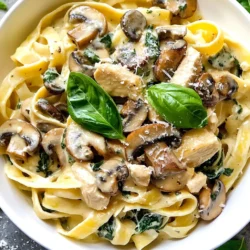 - 300g pasta (fettuccine or penne) - 2 chicken breasts, diced - 1 cup fresh spinach, chopped - 1 cup mushrooms, sliced (button or cremini) - 1 small onion, finely chopped - 3 cloves garlic, minced - 1 cup heavy cream - Β½ cup grated parmesan cheese - 2 tablespoons olive oil - 1 teaspoon dried oregano - Salt and pepper to taste - Fresh basil leaves for garnish To make this dish, you will need: - A large pot for boiling pasta - A large skillet for cooking - A cutting board and knife - A colander for draining pasta - Measuring cups and spoons You can make this dish even better with: - A pinch of red pepper flakes for heat - Lemon zest for a bright flavor - Sun-dried tomatoes for extra sweetness - Fresh parsley or thyme for added herbs - A splash of white wine for depth This list gives you all the tools and ingredients you need. Each item plays a role in making this creamy spinach mushroom chicken pasta bright and tasty! {{ingredient_image_1}} Start with a large pot of salted water. Bring it to a boil. Add 300g of your favorite pasta, like fettuccine or penne. Cook it until itβs al dente, which takes about 8-10 minutes. Drain the pasta, but save Β½ cup of the pasta water. This water will help later. Grab a large skillet and heat 2 tablespoons of olive oil over medium heat. Add 2 diced chicken breasts. Season with salt, pepper, and 1 teaspoon of dried oregano. Cook until the chicken turns golden brown and is cooked through. This should take about 5-7 minutes. Once done, remove the chicken from the skillet and set it aside. In the same skillet, toss in 1 small finely chopped onion and 3 minced garlic cloves. SautΓ© for 2-3 minutes until the onion looks clear. Add 1 cup of sliced mushrooms next. Cook them until they become tender and brown, which takes about 4-5 minutes. Lower the heat for the skillet. Pour in 1 cup of heavy cream and let it simmer for 2-3 minutes. Then, stir in Β½ cup of grated parmesan cheese. Mix until it melts and the sauce is creamy. If it seems thick, add a splash of the reserved pasta water to thin it out. Add the cooked chicken back into the skillet. Toss in 1 cup of chopped spinach. Stir until the spinach wilts, which takes about 1-2 minutes. Make sure everything is coated in the creamy sauce. Gently fold in your cooked pasta and toss to combine. Adjust the taste with more salt and pepper if needed. To serve, divide the pasta onto plates. Garnish with fresh basil leaves and extra parmesan if you like. For a pop of color, drizzle a little olive oil and add a lemon wedge on the side. Enjoy your meal! To get the sauce just right, start with heavy cream. This gives a rich base. As it simmers, add some reserved pasta water if it's too thick. This water will help thin it out without losing flavor. Stir well to mix everything. You want the sauce to coat the pasta nicely, not drown it. You can swap chicken for shrimp or tofu for a twist. If you need a dairy-free option, use coconut cream instead of heavy cream. For the cheese, nutritional yeast works well. You can also use frozen spinach if fresh isn't available. Just remember to thaw and drain it well before adding it to the dish. You can grill, bake, or pan-sear the chicken. Grilling adds a smoky flavor. Baking keeps it juicy but takes longer. Pan-searing gives a nice crust and is quick. Always cook chicken until it reaches an internal temperature of 165Β°F (75Β°C). This ensures itβs safe and tasty. Pro Tips Use Fresh Ingredients: Always opt for fresh spinach and mushrooms to enhance the flavor and nutritional value of your dish. Season in Layers: Season each component of the dish as you cook to build depth of flavor, starting with the chicken and continuing with the vegetables. Perfect Pasta: Make sure to reserve some pasta water before draining; it can be a great way to adjust the sauce consistency without losing flavor. Garnish Wisely: Fresh basil not only adds a pop of color but also enhances the overall flavor. Consider adding a sprinkle of red pepper flakes for a little heat! {{image_2}} You can easily make a vegetarian version of this dish. Just swap out the chicken for hearty veggies. Use ingredients like zucchini, bell peppers, or eggplant. You can also add more mushrooms for extra flavor. This keeps the creamy texture while making it plant-based. The heavy cream and cheese still provide that rich taste. If you want more protein, consider adding shrimp or cooked sausage. For shrimp, just sautΓ© them until pink and then mix them in. If you prefer sausage, cook it until browned. Both options boost the dish's flavor and protein content. You can also use chickpeas for a vegetarian protein option. Feel free to play with herbs and spices for new flavors. Fresh basil, parsley, or thyme can add brightness. A pinch of red pepper flakes gives it a nice kick. You can also try adding a squeeze of lemon juice for zest. Each variation changes the dish while keeping it creamy and delicious. After you make the creamy spinach mushroom chicken pasta, let it cool. Place it in an airtight container. It can stay in the fridge for up to three days. Make sure to cover it well to keep the flavors fresh. If you plan to eat it later, don't add any toppings until you're ready to serve. You can freeze this pasta dish for up to three months. Allow it to cool completely before freezing. Use a freezer-safe container or bag. Remove as much air as possible to prevent freezer burn. When youβre ready to eat, thaw it in the fridge overnight before reheating. To reheat, use a skillet over medium heat. Add a splash of water or milk to help loosen the sauce. Stir often to avoid sticking. You can also use the microwave. Heat it in short bursts, stirring in between. This keeps the pasta creamy and delicious. Enjoy your meal! Yes, you can use other pasta shapes. Fettuccine and penne work great here. You can try spaghetti, rigatoni, or farfalle. Just make sure to cook it until al dente. Each type brings a unique texture to the dish. If you want a lighter option, use half-and-half or whole milk. For a dairy-free choice, coconut cream works well. You can also blend silken tofu with some broth for a creamy texture. Just be aware that each substitute changes the flavor a bit. To add heat, sprinkle in some red pepper flakes. You can also use diced jalapeΓ±os or a dash of hot sauce. For a warm kick, try adding a pinch of cayenne pepper. Adjust the amount based on your spice level preference. Leftovers stay fresh in the fridge for 3-4 days. Store them in an airtight container to keep them from drying out. Be sure to reheat gently to maintain creaminess. Yes, you can prep ingredients ahead of time. Cook the pasta and store it separately. You can also chop vegetables and dice the chicken early. Just combine everything and heat it up when you are ready to serve. This post covered how to make a tasty pasta dish. We looked at ingredients, equipment, and optional flavor boosts. I shared step-by-step instructions, tips for a perfect sauce, and fun variations. You can adjust for diet needs or add favorite flavors. I also explained how to store, freeze, and reheat leftovers. Now, with all this knowledge, you can create a meal that fits your taste. Enjoy the cooking process and make it your own!