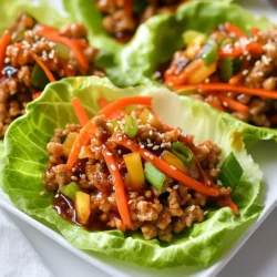 - 1 lb ground chicken - 1 tablespoon sesame oil - 2 cloves garlic, minced - 1 inch ginger, grated - 1/4 cup low-sodium soy sauce - 1/4 cup honey - 1 tablespoon rice vinegar - 1 tablespoon cornstarch mixed with 2 tablespoons water - 1 cup carrots, shredded - 1/2 cup red bell pepper, finely chopped - 1/2 cup green onions, chopped - 1 head of butter or iceberg lettuce, leaves separated - Toasted sesame seeds for garnish - Sriracha sauce for serving (optional) If you have no ground chicken, you can use turkey or lean beef. For a soy-free option, try coconut aminos instead of soy sauce. If you want a vegan twist, swap ground chicken for crumbled tofu or tempeh. Honey can be replaced with maple syrup or agave nectar for a plant-based choice. Choose ground chicken that is pink and moist. Fresh ginger should feel firm and not squishy. Look for garlic that is dry and has no sprouts. For veggies, select bright carrots and bell peppers that are firm to the touch. When picking lettuce, ensure the leaves are crisp and vibrant. {{ingredient_image_1}} 1. Start by heating 1 tablespoon of sesame oil in a large skillet over medium heat. 2. Once hot, add 2 cloves of minced garlic and 1 inch of grated ginger. Sauté them for about 30 seconds until you smell their fragrance. 3. Then, add 1 pound of ground chicken to the skillet. Cook it for 5 to 7 minutes. Break it apart with a spoon while it cooks. 4. In a bowl, mix together 1/4 cup of low-sodium soy sauce, 1/4 cup of honey, and 1 tablespoon of rice vinegar. 5. Pour this sauce over the cooked chicken and stir it well. Let it simmer for a moment. 6. Now, add 1 tablespoon of cornstarch mixed with 2 tablespoons of water to the skillet. Stir until the sauce thickens, which should take about 2 to 3 minutes. 7. Next, toss in 1 cup of shredded carrots, 1/2 cup of finely chopped red bell pepper, and 1/2 cup of chopped green onions. Stir for another 1 to 2 minutes. 8. Remove the skillet from heat and let your mixture cool for a few minutes. 9. Take a lettuce leaf from the head of butter or iceberg lettuce. Spoon a generous amount of the chicken mixture into the center of the leaf. 10. Garnish with toasted sesame seeds. If you enjoy heat, you can drizzle some sriracha sauce on top. 11. Carefully fold the lettuce around the filling and enjoy your wrap! - Heating oil and sautéing garlic and ginger: 1 minute - Cooking ground chicken: 5 to 7 minutes - Mixing and simmering sauce: 2 minutes - Thickening sauce with cornstarch: 2 to 3 minutes - Adding veggies and stirring: 1 to 2 minutes - Cooling and assembling: 5 minutes - Use medium heat for even cooking. Too high can burn the chicken. - Break the chicken apart well to ensure all pieces cook evenly. - Don’t rush the cooking; let the chicken develop a nice brown color. - If you want a bit of crunch, let the chicken brown for an extra minute or two. To boost flavors, try adding fresh herbs. Cilantro or basil add freshness. You can also mix in some crushed red pepper for heat. If you like a sweet touch, add more honey or a dash of pineapple juice. For a nutty taste, sprinkle in some chopped peanuts or cashews. To make wrapping easier, choose large lettuce leaves. Butter or iceberg lettuce works best. Lay the leaf flat and add the chicken mixture in the center. Use a spoon to help scoop and fold the lettuce around the filling. This keeps the filling secure. For a lovely finish, sprinkle toasted sesame seeds on top. They add crunch and look great. You can also add thin slices of green onion for color. If you like spice, drizzle sriracha over the wraps. This makes each wrap pop with flavor and style. Pro Tips Use Fresh Ingredients: Fresh garlic and ginger will elevate the flavor of your teriyaki sauce, making your wraps more aromatic and delicious. Customize Your Veggies: Feel free to add or substitute other vegetables like shredded cabbage or diced cucumbers based on your preference for added crunch and flavor. Adjust the Sweetness: If you prefer a less sweet sauce, reduce the amount of honey or substitute it with a sugar alternative to better suit your taste. Perfect the Lettuce Wraps: Choose sturdy lettuce like iceberg or butter lettuce to hold the filling without tearing, ensuring a mess-free eating experience. {{image_2}} You can switch out ground chicken for other meats. Try ground turkey for a leaner option. Ground beef adds a rich flavor, while shrimp gives a nice twist. For a spicy kick, use chorizo. Each protein brings its unique taste to the dish. You can make these wraps vegetarian or vegan easily. Use tofu as a filling. Press the tofu to remove water, then cube it. Cook it until golden brown for the best texture. Tempeh is another great choice, offering a nutty flavor. For a fun twist, use mushrooms, like shiitake or portobello, for a meaty bite. While teriyaki sauce is classic, feel free to explore other flavors. Try hoisin sauce for a sweet and savory touch. A spicy chili garlic sauce adds heat and flavor. For a tangy twist, use a citrus-based sauce. Mix and match these sauces to find your favorite combination! After you enjoy your teriyaki chicken lettuce wraps, store the leftovers smartly. Place the chicken filling in an airtight container. Keep the lettuce leaves separate. This helps them stay crisp. You can store the chicken mixture for up to three days in the fridge. If you combine them, the lettuce will become soggy fast. When you're ready to eat leftovers, reheat the chicken filling. Use a skillet over medium heat. Stir it often until it's warm. This keeps the chicken juicy. Avoid using the microwave if you can. It can make the chicken dry. Warm the lettuce leaves briefly in a pan if you want them softer. You can freeze the chicken filling for longer storage. Make sure it’s cool first, then transfer it to a freezer-safe bag. Squeeze out as much air as possible. It can last for up to three months. When you’re ready to use it, thaw it in the fridge overnight. Reheat it on the stove. Always use fresh lettuce leaves for the best taste when you serve it. Yes, you can prepare the filling in advance. Cook the chicken and mix in the sauce. Store this in the fridge for up to two days. When you’re ready to eat, just warm it up. Assemble the wraps with fresh lettuce and any toppings right before serving. This keeps the lettuce crisp. These wraps pair well with a few sides. Here are some options: - Steamed rice or cauliflower rice - Edamame beans - A light salad with sesame dressing - Sliced cucumbers with rice vinegar These sides complement the flavors of the wraps and add more nutrition. The recipe is not gluten-free as it uses soy sauce. However, you can substitute low-sodium soy sauce with tamari. Tamari is a gluten-free option that tastes similar to soy sauce. This small change allows those with gluten sensitivities to enjoy the wraps too. This blog post guides you through making Teriyaki Chicken Lettuce Wraps. We covered ingredients, cooking steps, and ways to enhance flavor. You learned healthy substitutions and how to select fresh ingredients for the best taste. I provided easy tips for assembly and presentation, plus variations to fit your needs. Finally, we discussed storage and reheating methods. Now, you can enjoy delicious, fresh wraps anytime. Try your own twist on this recipe!
