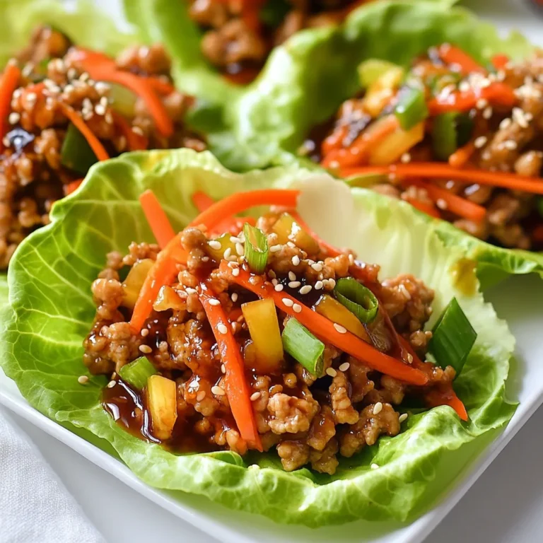 - 1 lb ground chicken - 1 tablespoon sesame oil - 2 cloves garlic, minced - 1 inch ginger, grated - 1/4 cup low-sodium soy sauce - 1/4 cup honey - 1 tablespoon rice vinegar - 1 tablespoon cornstarch mixed with 2 tablespoons water - 1 cup carrots, shredded - 1/2 cup red bell pepper, finely chopped - 1/2 cup green onions, chopped - 1 head of butter or iceberg lettuce, leaves separated - Toasted sesame seeds for garnish - Sriracha sauce for serving (optional) If you have no ground chicken, you can use turkey or lean beef. For a soy-free option, try coconut aminos instead of soy sauce. If you want a vegan twist, swap ground chicken for crumbled tofu or tempeh. Honey can be replaced with maple syrup or agave nectar for a plant-based choice. Choose ground chicken that is pink and moist. Fresh ginger should feel firm and not squishy. Look for garlic that is dry and has no sprouts. For veggies, select bright carrots and bell peppers that are firm to the touch. When picking lettuce, ensure the leaves are crisp and vibrant. {{ingredient_image_1}} 1. Start by heating 1 tablespoon of sesame oil in a large skillet over medium heat. 2. Once hot, add 2 cloves of minced garlic and 1 inch of grated ginger. Sauté them for about 30 seconds until you smell their fragrance. 3. Then, add 1 pound of ground chicken to the skillet. Cook it for 5 to 7 minutes. Break it apart with a spoon while it cooks. 4. In a bowl, mix together 1/4 cup of low-sodium soy sauce, 1/4 cup of honey, and 1 tablespoon of rice vinegar. 5. Pour this sauce over the cooked chicken and stir it well. Let it simmer for a moment. 6. Now, add 1 tablespoon of cornstarch mixed with 2 tablespoons of water to the skillet. Stir until the sauce thickens, which should take about 2 to 3 minutes. 7. Next, toss in 1 cup of shredded carrots, 1/2 cup of finely chopped red bell pepper, and 1/2 cup of chopped green onions. Stir for another 1 to 2 minutes. 8. Remove the skillet from heat and let your mixture cool for a few minutes. 9. Take a lettuce leaf from the head of butter or iceberg lettuce. Spoon a generous amount of the chicken mixture into the center of the leaf. 10. Garnish with toasted sesame seeds. If you enjoy heat, you can drizzle some sriracha sauce on top. 11. Carefully fold the lettuce around the filling and enjoy your wrap! - Heating oil and sautéing garlic and ginger: 1 minute - Cooking ground chicken: 5 to 7 minutes - Mixing and simmering sauce: 2 minutes - Thickening sauce with cornstarch: 2 to 3 minutes - Adding veggies and stirring: 1 to 2 minutes - Cooling and assembling: 5 minutes - Use medium heat for even cooking. Too high can burn the chicken. - Break the chicken apart well to ensure all pieces cook evenly. - Don’t rush the cooking; let the chicken develop a nice brown color. - If you want a bit of crunch, let the chicken brown for an extra minute or two. To boost flavors, try adding fresh herbs. Cilantro or basil add freshness. You can also mix in some crushed red pepper for heat. If you like a sweet touch, add more honey or a dash of pineapple juice. For a nutty taste, sprinkle in some chopped peanuts or cashews. To make wrapping easier, choose large lettuce leaves. Butter or iceberg lettuce works best. Lay the leaf flat and add the chicken mixture in the center. Use a spoon to help scoop and fold the lettuce around the filling. This keeps the filling secure. For a lovely finish, sprinkle toasted sesame seeds on top. They add crunch and look great. You can also add thin slices of green onion for color. If you like spice, drizzle sriracha over the wraps. This makes each wrap pop with flavor and style. Pro Tips Use Fresh Ingredients: Fresh garlic and ginger will elevate the flavor of your teriyaki sauce, making your wraps more aromatic and delicious. Customize Your Veggies: Feel free to add or substitute other vegetables like shredded cabbage or diced cucumbers based on your preference for added crunch and flavor. Adjust the Sweetness: If you prefer a less sweet sauce, reduce the amount of honey or substitute it with a sugar alternative to better suit your taste. Perfect the Lettuce Wraps: Choose sturdy lettuce like iceberg or butter lettuce to hold the filling without tearing, ensuring a mess-free eating experience. {{image_2}} You can switch out ground chicken for other meats. Try ground turkey for a leaner option. Ground beef adds a rich flavor, while shrimp gives a nice twist. For a spicy kick, use chorizo. Each protein brings its unique taste to the dish. You can make these wraps vegetarian or vegan easily. Use tofu as a filling. Press the tofu to remove water, then cube it. Cook it until golden brown for the best texture. Tempeh is another great choice, offering a nutty flavor. For a fun twist, use mushrooms, like shiitake or portobello, for a meaty bite. While teriyaki sauce is classic, feel free to explore other flavors. Try hoisin sauce for a sweet and savory touch. A spicy chili garlic sauce adds heat and flavor. For a tangy twist, use a citrus-based sauce. Mix and match these sauces to find your favorite combination! After you enjoy your teriyaki chicken lettuce wraps, store the leftovers smartly. Place the chicken filling in an airtight container. Keep the lettuce leaves separate. This helps them stay crisp. You can store the chicken mixture for up to three days in the fridge. If you combine them, the lettuce will become soggy fast. When you're ready to eat leftovers, reheat the chicken filling. Use a skillet over medium heat. Stir it often until it's warm. This keeps the chicken juicy. Avoid using the microwave if you can. It can make the chicken dry. Warm the lettuce leaves briefly in a pan if you want them softer. You can freeze the chicken filling for longer storage. Make sure it’s cool first, then transfer it to a freezer-safe bag. Squeeze out as much air as possible. It can last for up to three months. When you’re ready to use it, thaw it in the fridge overnight. Reheat it on the stove. Always use fresh lettuce leaves for the best taste when you serve it. Yes, you can prepare the filling in advance. Cook the chicken and mix in the sauce. Store this in the fridge for up to two days. When you’re ready to eat, just warm it up. Assemble the wraps with fresh lettuce and any toppings right before serving. This keeps the lettuce crisp. These wraps pair well with a few sides. Here are some options: - Steamed rice or cauliflower rice - Edamame beans - A light salad with sesame dressing - Sliced cucumbers with rice vinegar These sides complement the flavors of the wraps and add more nutrition. The recipe is not gluten-free as it uses soy sauce. However, you can substitute low-sodium soy sauce with tamari. Tamari is a gluten-free option that tastes similar to soy sauce. This small change allows those with gluten sensitivities to enjoy the wraps too. This blog post guides you through making Teriyaki Chicken Lettuce Wraps. We covered ingredients, cooking steps, and ways to enhance flavor. You learned healthy substitutions and how to select fresh ingredients for the best taste. I provided easy tips for assembly and presentation, plus variations to fit your needs. Finally, we discussed storage and reheating methods. Now, you can enjoy delicious, fresh wraps anytime. Try your own twist on this recipe!