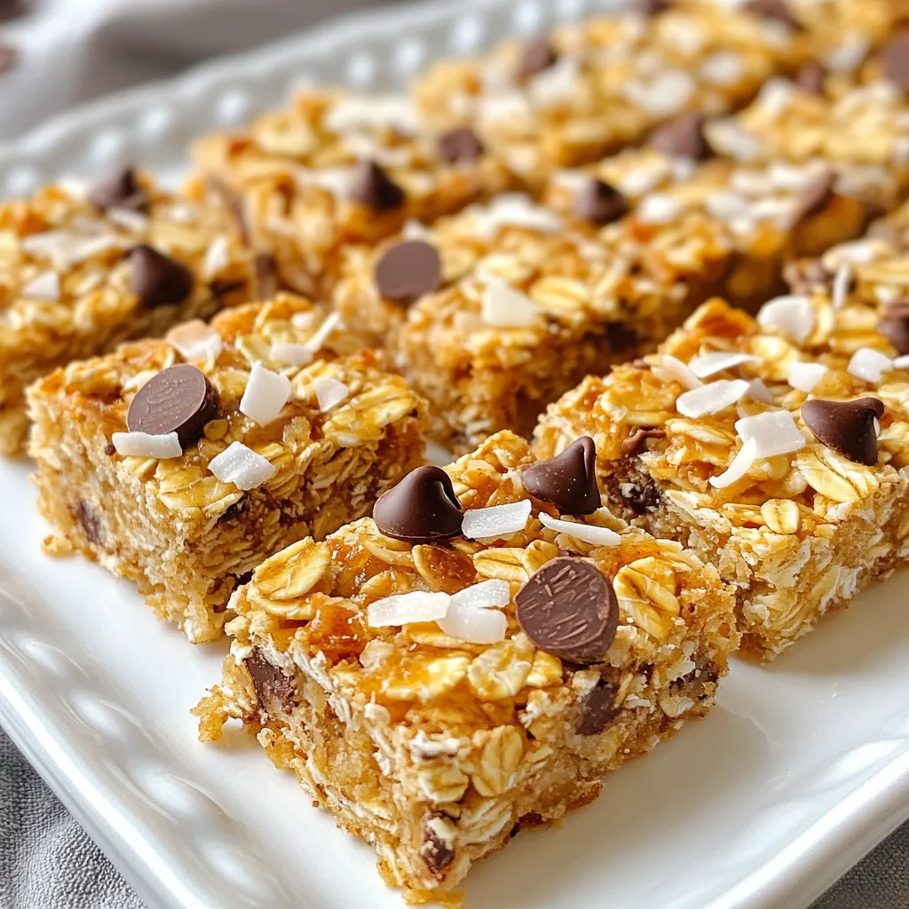 To make these tasty granola bars, you'll need: - 2 cups rolled oats - 1 cup shredded unsweetened coconut - 1/2 cup almond butter (or any nut butter) - 1/2 cup honey or maple syrup - 1/2 cup dark chocolate chips - 1/4 cup sunflower seeds - 1/4 cup chopped nuts (such as almonds or walnuts) - 1/4 teaspoon sea salt - 1/2 teaspoon vanilla extract (optional) You can mix and match ingredients to fit your taste: - Nut butter: Use peanut butter or sunflower seed butter if you like. - Sweetener: Swap honey for maple syrup or agave nectar. - Chocolate chips: Use milk chocolate or white chocolate chips for a different taste. - Seeds and nuts: Add pumpkin seeds or walnuts for crunch. Each serving, which is one granola bar, has roughly: - Calories: 180 - Protein: 4g - Carbohydrates: 22g - Fiber: 3g - Sugars: 8g - Fat: 8g - Saturated Fat: 1g - Sodium: 50mg These granola bars are a great snack option. They provide energy and taste amazing. {{ingredient_image_1}} To start, you need to prepare your baking pan. Preheat your oven to 350°F (175°C). Next, take an 8x8-inch baking pan and line it with parchment paper. Leave some paper hanging over the edges. This makes it easier to lift out the bars later. Now, let’s mix the dry ingredients. In a large mixing bowl, add: - 2 cups rolled oats - 1 cup shredded unsweetened coconut - 1/4 cup sunflower seeds - 1/4 cup chopped nuts Stir these together until they blend well. This mix gives the bars texture and flavor. For the wet mixture, grab a microwave-safe bowl. Add: - 1/2 cup almond butter (or any nut butter) - 1/2 cup honey or maple syrup - 1/2 teaspoon vanilla extract (optional) Heat this in the microwave for about 30-45 seconds. Stir until smooth. This mixture will help bind the dry ingredients. Now, pour the wet mixture over the dry ingredients. Use a spatula to mix everything well. Make sure all the dry ingredients get coated. Then, fold in: - 1/2 cup dark chocolate chips Press the mixture into your prepared baking pan. Use the back of the spatula to spread it evenly and press down firmly. This helps the bars hold their shape during baking. Bake for 20-25 minutes, or until the edges turn lightly golden. After baking, let the bars cool in the pan for 10-15 minutes. Then, carefully lift them out using the parchment paper. Place them on a wire rack to cool completely. Once cool, cut into squares or rectangles. Enjoy your tasty, homemade Coconut Chocolate Chip Granola Bars! To make your granola bars chewy yet firm, measure all your ingredients well. Use rolled oats; they hold together better. Mix the wet and dry ingredients until fully coated. Press the mixture firmly into the pan, ensuring it binds well. Baking until the edges turn golden helps create a slight crunch, while keeping the center soft. Store the bars in an airtight container at room temperature. They stay fresh for about one week. If you want them to last longer, wrap them in parchment paper and freeze. This method keeps them tasty for up to three months. Just thaw them at room temperature before enjoying. These bars make great snacks for any time of day. You can cut them into small squares for quick bites. Pair them with yogurt or fruit for a nutritious breakfast. For a fun treat, drizzle melted chocolate on top! Pro Tips Use Fresh Ingredients: Always use fresh rolled oats and unsweetened coconut for the best texture and flavor. Stale ingredients can lead to a less satisfying granola bar. Melt Carefully: When melting your almond butter and sweetener, do it in short intervals in the microwave to prevent overheating, which can alter the consistency and flavor. Firmly Press the Mixture: Ensure you press the granola mixture firmly into the baking pan. This helps the bars hold together better once baked and cut. Storage Tips: Store the granola bars in an airtight container at room temperature for up to a week or freeze them for longer storage. This keeps them fresh and ready for snacking! {{image_2}} To make vegan coconut chocolate chip granola bars, simply swap honey for maple syrup. This keeps the bars sweet while making them plant-based. Use almond butter or any nut butter that suits your taste. You can enjoy these bars without any animal products. For a gluten-free version, ensure your rolled oats are certified gluten-free. This small change helps avoid any gluten cross-contamination. You can use gluten-free nut butter and make sure any add-ins, like chocolate chips, are also gluten-free. This way, everyone can enjoy these tasty bars. You can get creative with your granola bars! Here are some fun ideas: - Seeds: Add chia seeds or pumpkin seeds for extra crunch. - Dried Fruit: Mix in dried cranberries, raisins, or chopped apricots for sweetness. - Spices: Try adding a pinch of cinnamon or nutmeg for warmth. - Nut Variations: Use different nuts like pecans or cashews for a unique flavor. Feel free to mix and match your favorite add-ins. This makes your bars personal and fun! I like to keep my granola bars fresh by storing them properly. First, let them cool completely after baking. Then, cut them into squares or rectangles. Place them in an airtight container. This keeps them chewy and tasty. You can also layer them with parchment paper to prevent sticking. Store the container in a cool, dry place. Freezing is a great way to extend the life of your granola bars. Wrap each bar in plastic wrap or parchment paper. Put them in a freezer-safe bag or container. They can last up to three months in the freezer. When you want one, just take it out. Let it thaw at room temperature or heat it in the microwave for a few seconds. When stored well, these granola bars can last about one week at room temperature. If you see any mold or if they smell off, it's best to throw them away. Signs of spoilage include a change in texture or an unusual taste. Always check before enjoying your snacks! Yes, you can use any nut butter you like. Almond butter, peanut butter, or cashew butter all work well. The flavor will change slightly, but it will still taste great. Just make sure it is smooth and creamy for the best results. If you want to skip honey, use maple syrup instead. It adds sweetness and keeps the bars sticky. You can also try agave syrup or brown rice syrup. Each option will give a unique flavor but will still hold the bars together well. You have many options! Use dried fruit like raisins, cranberries, or apricots. Chopped dark chocolate or white chocolate can also work. If you want a healthier option, try cacao nibs for a chocolate taste without the sugar. Yes, homemade granola bars are usually healthier. You control the ingredients and can avoid extra sugars and preservatives. You can also add nutritious add-ins like seeds or protein powder. This way, you can make a snack that fits your diet perfectly. Absolutely! Adding protein powder is a great way to boost nutrition. Mix in a scoop when you combine the dry ingredients. This will help make your bars more filling and support your energy needs throughout the day. Just adjust the liquids if needed to keep the right texture. Coconut chocolate chip granola bars are easy to make and customize. We covered ingredients, step-by-step instructions, and key tips to get the best bars. Remember, choosing the right nut butter and add-ins can change the flavor and health benefits. These bars are great for snacks or breakfast on the go. Enjoy experimenting with variations. Storing them well keeps them fresh and tasty. Make a batch today and enjoy!