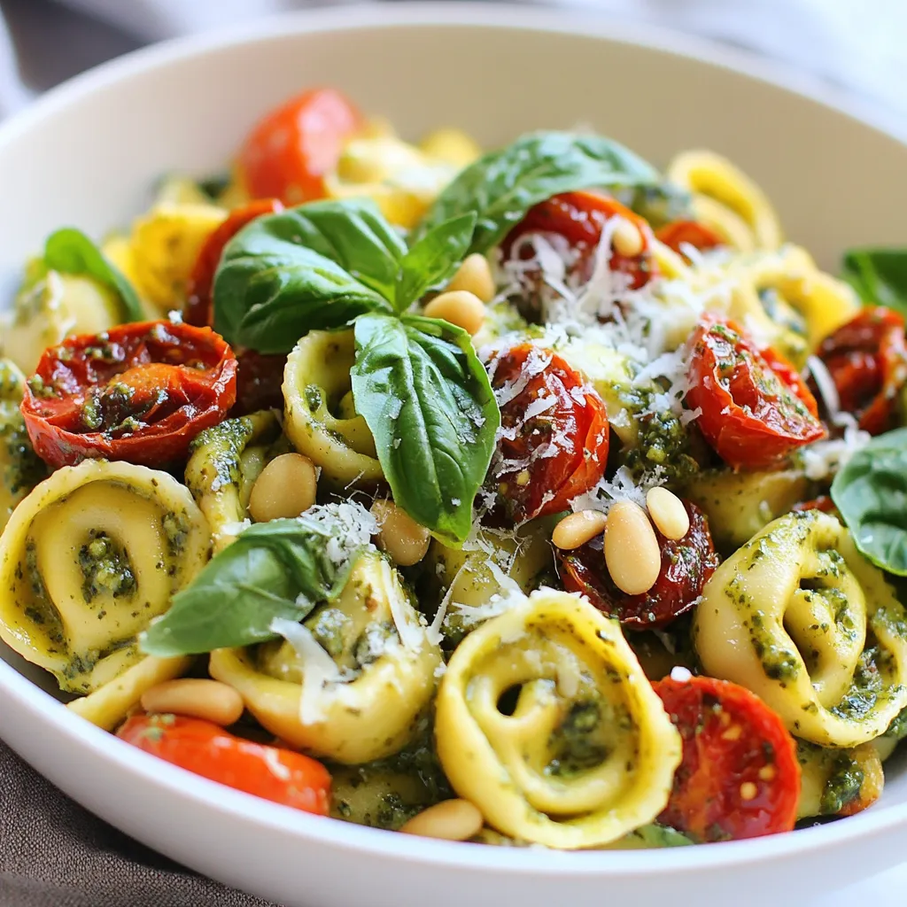 To make a delicious creamy pesto tortellini salad, gather these simple items: - 12 oz cheese tortellini - 1 cup cherry tomatoes, halved - 1 cup fresh spinach, roughly chopped - 1/2 cup sun-dried tomatoes, chopped - 1/2 cup fresh basil leaves, torn - 1/2 cup creamy pesto (store-bought or homemade) - 1/4 cup grated Parmesan cheese - 2 tablespoons olive oil - Salt and pepper to taste - Optional: pine nuts for garnish You can swap out some ingredients if needed. Try these: - Use any small pasta shape instead of cheese tortellini. - Substitute arugula for spinach for a peppery taste. - Use fresh or dried herbs instead of fresh basil. - Replace Parmesan with a dairy-free cheese for a vegan option. Using fresh ingredients makes a big difference. Fresh basil and spinach have great flavor. However, store-bought creamy pesto saves time. Look for a good brand with simple ingredients. Homemade pesto can add a personal touch and more flavor. Both options work well in this salad, so use what you prefer! {{ingredient_image_1}} Start by boiling water in a large pot. Add a pinch of salt for flavor. Once the water boils, add 12 oz of cheese tortellini. Cook according to the package instructions, usually about 3-5 minutes. The tortellini should float when done. Drain the tortellini well and rinse it under cold water. This stops the cooking and keeps it firm. In a large mixing bowl, mix the cooked tortellini with the other fresh ingredients. Add 1 cup of halved cherry tomatoes, 1 cup of roughly chopped fresh spinach, and 1/2 cup of chopped sun-dried tomatoes. Toss in 1/2 cup of torn fresh basil leaves for extra flavor. Combining these ingredients creates a colorful and vibrant salad. In a separate small bowl, whisk together the creamy pesto and olive oil. Use 1/2 cup of creamy pesto and 2 tablespoons of olive oil. Add a pinch of salt and pepper to taste. Mix until well combined. Pour this dressing over the tortellini and vegetables. Gently toss everything to ensure it’s coated evenly with the dressing. Finally, sprinkle in 1/4 cup of grated Parmesan cheese and toss again. Let the salad sit for about 15 minutes to allow the flavors to blend beautifully. To get the best tortellini, cook it just right. Follow the package instructions closely. Make sure you use a big pot of salted water. This helps in keeping the pasta flavorful. Once the tortellini is soft, drain it well. Rinse it under cold water to stop the cooking. This keeps it from getting mushy. To boost the taste, add fresh herbs like basil and parsley. Cherry tomatoes bring a sweet touch. Sun-dried tomatoes add a nice zing. If you like it creamy, use a good-quality pesto. Mix in some olive oil for richness. Don’t forget to season with salt and pepper. A touch of lemon juice also brightens the salad. Make your salad pop with color. Serve it in a big bowl to show off the mix. Sprinkle pine nuts on top for crunch. Add extra basil leaves for a fresh look. For individual servings, use clear glasses. This way, everyone sees the vibrant layers. A well-presented salad makes it more fun to eat! Pro Tips Fresh Ingredients: Always use the freshest ingredients you can find, especially for the vegetables and herbs, to enhance the flavor and nutrition of your salad. Chill Before Serving: Allow the salad to chill in the refrigerator for at least 15 minutes before serving. This helps the flavors meld together beautifully. Customize Your Greens: Feel free to add or substitute other greens like arugula or kale for an extra nutritional boost and unique flavor profile. Pesto Variations: Experiment with different types of pesto, such as sun-dried tomato or spinach pesto, for a unique twist on this classic dish. {{image_2}} You can boost this salad with protein for a heartier meal. Grilled chicken works well. Simply slice it thinly and toss it in. Shrimp adds a nice twist too. Cook it quickly in a pan before adding. For a meatier option, consider diced ham or salami. They pair nicely with the creamy pesto. If you want a kick, try spicy sausage; it adds zest. To make this salad vegetarian, skip the meat and add extra veggies. Roasted bell peppers or artichokes add great flavors. For a vegan version, swap the cheese and pesto. Use nutritional yeast for a cheesy taste. You can also find vegan pesto in stores. This way, you keep the creamy texture without dairy. Seasonal ingredients can change the flavor profile. In summer, add fresh corn or zucchini for crunch. In fall, roasted butternut squash works well. You can also use kale instead of spinach for a winter twist. Cherry tomatoes can be replaced with diced apples in autumn. Each season offers a chance to be creative with this salad. To store leftovers, first let the salad cool to room temperature. Then, place it in an airtight container. This keeps the salad fresh for up to three days. Make sure to seal the container tightly to prevent air from getting in. If you used pine nuts, consider adding them fresh when serving. This keeps them crunchy. Reheating this salad is not always the best idea. The creamy pesto may separate and the fresh veggies can lose their crispness. If you must reheat, use low heat in a skillet. Add a splash of olive oil to help with moisture. Stir gently until just warmed. Avoid using a microwave, as it can make the salad soggy. Freezing this salad is not recommended. The creamy pesto and fresh ingredients can change when frozen. If you want to prepare ahead, consider freezing just the cooked tortellini. Store it in a freezer-safe bag for up to three months. When you're ready to eat, thaw the tortellini in the fridge overnight and mix it with fresh veggies and pesto. Yes, you can make this salad ahead of time. It tastes great after flavors meld. I often prepare it a few hours before serving. Just store it in the fridge. If you make it a day early, it will still taste fresh. Absolutely! You can use any pasta you like. Bowties, shells, or even rotini work well. Just make sure to cook it according to the package. Each type brings its own fun shape and texture. The salad lasts about 3 days in the fridge. Just keep it in an airtight container. If you notice the veggies start to wilt, it's time to eat up! Definitely! You can add bell peppers, cucumbers, or even avocados. Each veggie adds a new layer of flavor and crunch. Feel free to get creative with your mix. Yes, it is great for meal prep. You can portion it into containers for easy lunches. It holds up well and stays tasty for several days. Just keep the dressing separate if you prefer it fresh. Yes, adding protein is a great idea! Grilled chicken or shrimp complements the flavors nicely. For a vegetarian option, try chickpeas or tofu. They add a satisfying boost to the salad. This salad pairs well with grilled meats or a light soup. You can also serve it as a side at barbecues and picnics. It’s so versatile and fits many meals. Yes, you can easily make this salad vegan. Use vegan cheese or skip it altogether. You can also find vegan pesto if you want to keep the creamy taste. Just swap out the cheese for a delicious alternative. You now have a full guide to making a delicious tortellini salad. We covered the best ingredients, cooking steps, and ways to make it taste great. Don't forget to try out substitutions and seasonal swaps for your salad. Remember, storing leftovers properly helps them last longer. This dish is easy to customize for any meal. Enjoy experimenting with flavors and share your creations!