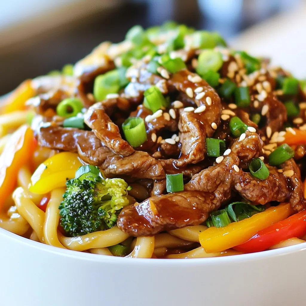For this tasty teriyaki beef udon, you will need: - 8 oz udon noodles - 1 lb beef sirloin, thinly sliced - 2 tablespoons vegetable oil - 1 bell pepper, sliced (any color) - 1 cup broccoli florets - 3 green onions, sliced - 3 cloves garlic, minced - 1 tablespoon ginger, minced - 1/4 cup soy sauce - 2 tablespoons honey - 1 tablespoon sesame oil - 1 tablespoon rice vinegar These ingredients combine to create a rich flavor and satisfying meal. You can add more fun with these optional ingredients: - Mushrooms, sliced - Carrots, julienned - Snap peas - Sriracha or chili sauce for heat - Other vegetables you love Feel free to mix and match these to suit your taste! To finish your dish, consider these recommended garnishes: - Sesame seeds - Extra sliced green onions - Fresh cilantro or parsley - Lime wedges These add fresh flavors and make your plate look beautiful. Enjoy your cooking! {{ingredient_image_1}} First, get a big pot. Fill it with water and add a pinch of salt. Bring the water to a boil. Add 8 oz of udon noodles to the pot. Cook them according to the package instructions. It usually takes about 5-7 minutes for them to get tender. Once they are ready, drain the noodles. Set them aside for later. Grab a small bowl and combine these ingredients: - 1/4 cup soy sauce - 2 tablespoons honey - 1 tablespoon sesame oil - 1 tablespoon rice vinegar Mix these well to create your teriyaki sauce. This sauce adds a sweet and savory flavor to your dish. Heat 1 tablespoon of vegetable oil in a large skillet or wok over medium-high heat. Once the oil is hot, add 1 lb of thinly sliced beef sirloin. Stir-fry the beef for 3-4 minutes until it turns brown and is cooked through. After that, take the beef out of the skillet and set it aside. Now, in the same skillet, add another tablespoon of vegetable oil. Toss in 3 cloves of minced garlic and 1 tablespoon of minced ginger. Sauté them for a brief moment until they smell good. Next, add 1 sliced bell pepper and 1 cup of broccoli florets. Cook these for about 5 minutes, until the veggies are tender-crisp. Return the cooked beef to the skillet. Add the udon noodles you set aside. Pour the teriyaki sauce over everything. Toss all the ingredients together to coat them well. Stir-fry for another 2-3 minutes until everything is heated through and mixed nicely. When ready, serve your teriyaki beef udon hot. You can top it with sliced green onions and sesame seeds for extra flavor and crunch. Enjoy your flavorful dinner! To get the best flavor, use fresh ingredients. Fresh vegetables bring bright tastes. The teriyaki sauce needs balance. Use equal parts soy sauce and honey for sweetness. Rice vinegar adds a nice tang. Mix well and taste it. Adjust to your liking. I often add sesame oil for a rich finish. This gives the dish depth and warmth. For tender beef, slice it thin against the grain. This helps break down tough fibers. Marinate it briefly in some soy sauce and ginger. Let it sit for 10-15 minutes before cooking. This boosts flavor and tenderness. When stir-frying, do not overcrowd the pan. Cook in batches if needed. This keeps the heat high, helping to sear the beef well. When cooking udon noodles, follow the package directions. They should be tender but not mushy. Adding a pinch of salt to boiling water enhances the flavor. After draining, rinse the noodles briefly in cold water. This stops the cooking process and prevents sticking. Toss them with a little oil if they seem sticky. This helps keep them separate when you mix everything later. Pro Tips Choose the Right Beef: For the best flavor and tenderness, use flank or sirloin steak. Thinly slicing the beef against the grain will ensure a more tender bite. Prep Everything Ahead: To make the cooking process quicker and easier, chop all your vegetables and prepare the teriyaki sauce before you start cooking. Don’t Overcook the Vegetables: For the best texture and flavor, aim for tender-crisp vegetables. They should retain some of their crunch while being fully heated. Garnish Just Before Serving: To keep green onions fresh and vibrant, sprinkle them on just before serving. This will enhance both presentation and flavor. {{image_2}} If you want a meat-free meal, try tofu or tempeh. Both soak up the teriyaki sauce well. Simply cube your choice of protein and stir-fry it like beef. Use the same cooking times for a tasty dish. You can also add mushrooms for a meaty texture. They mix well with the sauce and add flavor. Chicken or pork can replace beef in this recipe. Slice them thinly and stir-fry just like the beef. Use the same cooking method to keep it simple. For a seafood option, shrimp works great. Cook shrimp for just a few minutes until they turn pink. Each protein brings its own unique flavor to the dish. Feel free to swap in your favorite veggies. Carrots, snap peas, or zucchini can add color and crunch. Just cut them into bite-sized pieces for even cooking. You can also use bok choy for a leafy green option. The key is to keep a mix of textures and colors for a vibrant dish. Store your leftover teriyaki beef udon in an airtight container. Keep it in the fridge. It stays fresh for about 3-4 days. Make sure it cools down before you seal it up. This helps avoid extra moisture inside the container. To reheat, use a skillet on medium heat. Add a splash of water or broth to keep it moist. Stir it well for about 5-7 minutes until heated through. You can also use the microwave. Place it in a bowl and cover it. Heat in short bursts of 1 minute, stirring in between. You can freeze teriyaki beef udon too! Place it in a freezer-safe bag or container. Make sure to remove as much air as you can. It can last for up to 2-3 months in the freezer. When you're ready to eat, thaw it in the fridge overnight. Then, reheat as described above. Enjoy your meal anytime! Teriyaki sauce is a sweet and savory blend. It usually includes soy sauce, honey, sesame oil, and rice vinegar. These ingredients create a sticky glaze that enhances the beef and noodles. You can also add garlic and ginger for more flavor. This sauce is key to making the dish tasty and rich. Yes, you can use other noodles! While udon noodles are thick and chewy, you can try rice noodles or soba noodles. Just be sure to adjust the cooking time based on the noodle type. Each noodle will give a different texture and taste to your dish. To add spice, you can include chili flakes or sriracha. Mix these into the teriyaki sauce for an extra kick. You can also sauté sliced jalapeños with the vegetables. Taste as you go to find the heat level you enjoy. Several sides go great with teriyaki beef udon. You can serve steamed edamame or a fresh cucumber salad. These dishes add a nice crunch and balance to the meal. You might also enjoy miso soup for a warm and comforting touch. You learned the key ingredients for teriyaki beef udon, from noodles to sauces. I shared steps for cooking, tips for flavor, and ways to adapt the dish. You now know how to store leftovers and reheat them easily. Remember, making this dish allows for creativity. Switch ingredients based on your taste. Enjoy trying different styles, and make this meal your own. Cooking should be fun, so dive in and savor every bite!